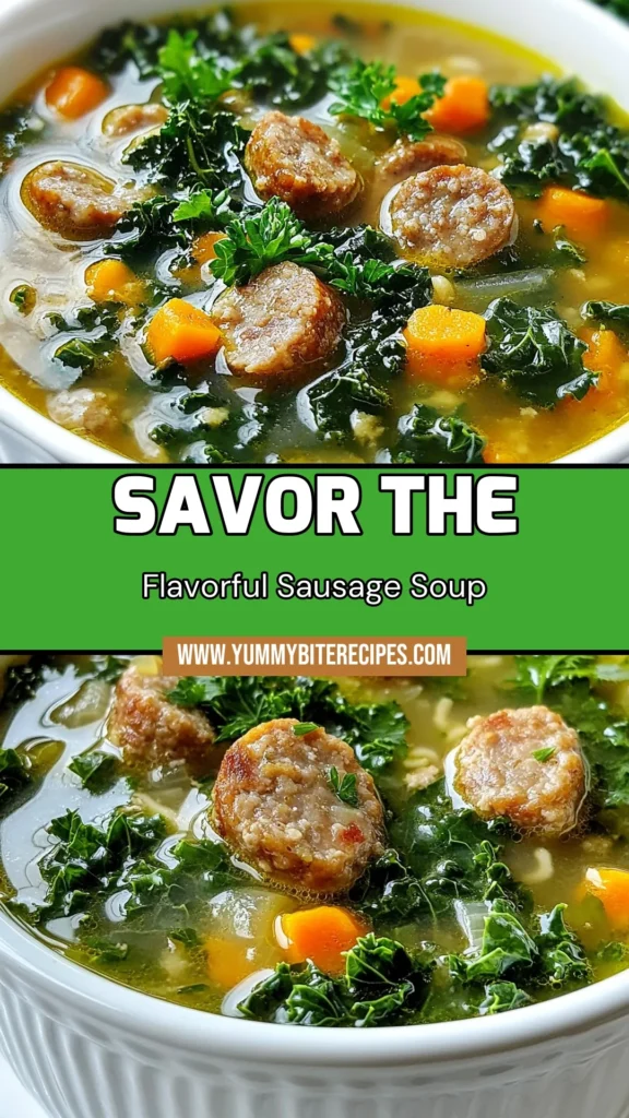 Looking for a cozy meal? Try this hearty sausage kale soup! This healthy sausage soup recipe features Italian chicken sausage, tender vegetables, and flavorful kale in a rich chicken broth. It's one of the best easy soup recipes with sausage you'll ever make! Perfect for weeknight dinners or meal prep. Click to discover the full recipe and enjoy a nourishing bowl today! #HeartySausageKaleSoup #HealthySoup #EasySoupRecipes #ItalianChickenSausageSoup