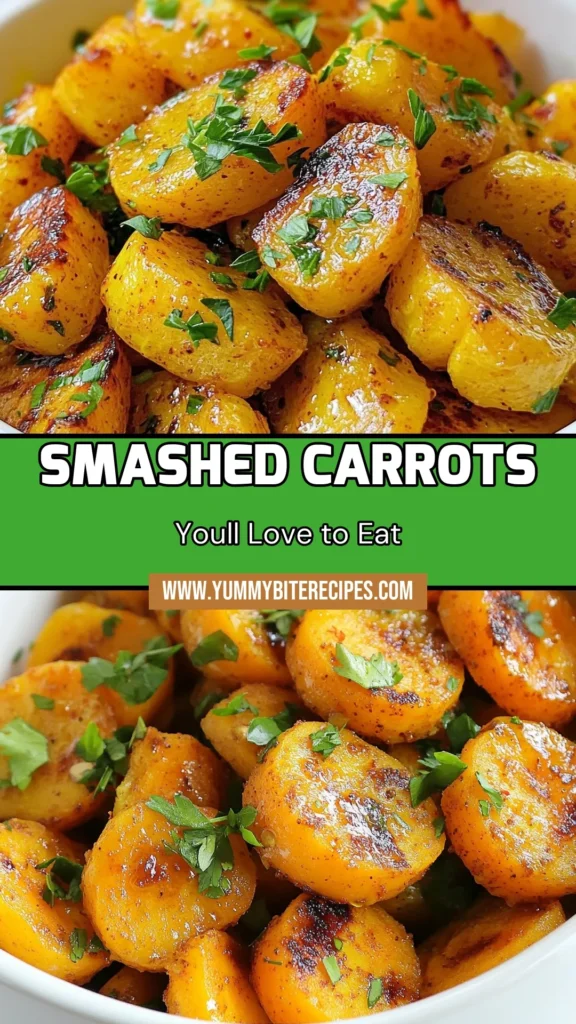 Discover this delicious smashed carrots recipe, a perfect easy carrot side dish that will elevate any meal! These healthy carrot recipes are vegan-friendly, featuring flavors of maple glaze, smoked paprika, and cumin. With just a few simple ingredients, you'll create a delightful vegan smash carrots dish that’s both nutritious and satisfying. Try it today and wow your family at dinner! Save this recipe for later! #HealthyEating #VeganRecipes #CarrotDish #SideDishIdeas