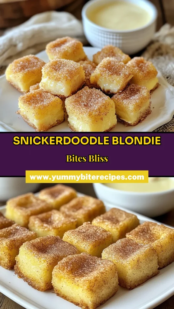 Indulge in these Snickerdoodle Blondie Bites, a delightful twist on the classic treat! Perfect for any occasion, these cinnamon sugar blondie bites are easy to make and a hit with everyone. With the addition of white chocolate chips, this easy blondie recipe delivers rich flavors in delicious bite-sized treats. Bake a batch today and impress your friends and family! Save this recipe now! #SnickerdoodleBlondies #DessertBites #BlondieRecipe #CinnamonSugarTreats