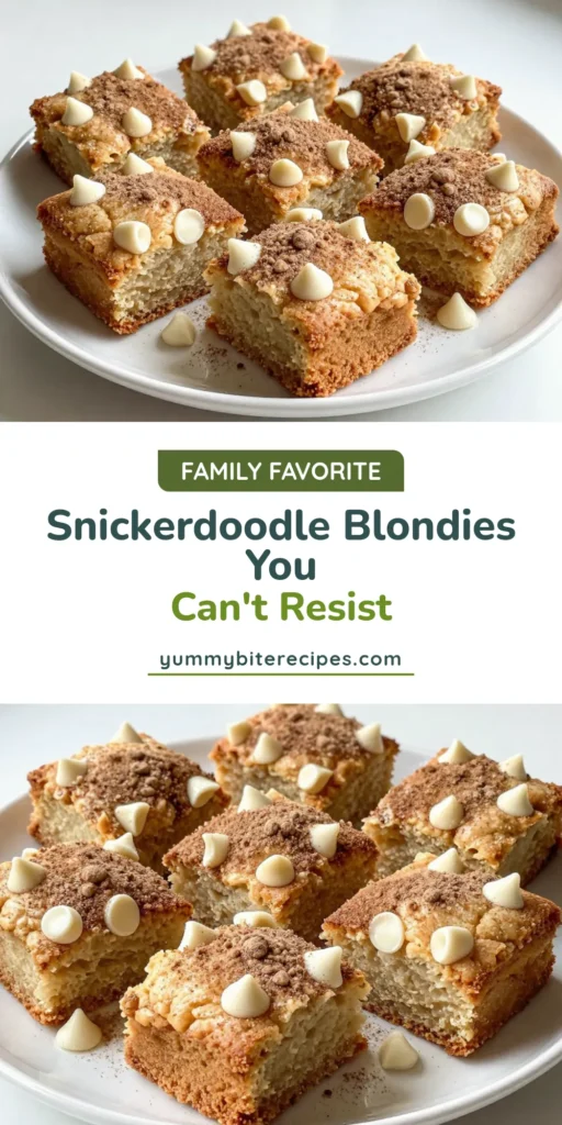 Discover the ultimate Snickerdoodle blondies recipe that combines the comforting flavors of homemade snickerdoodles with the gooey goodness of white chocolate blondies. These easy blondies with cinnamon are perfect for any occasion, offering a delightful dessert bar that will impress your friends and family. Whip up this delicious blondie dessert bar in under 35 minutes! Save this recipe for a sweet treat! #SnickerdoodleBlondies #BlondieRecipe #BakingFromScratch #CinnamonTreats