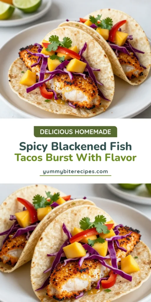 Dive into these delicious Blackened Fish Tacos with Mango Slaw! This healthy taco recipe features a spicy fish taco filling made from perfectly seasoned fish and a refreshing mango slaw recipe that pairs beautifully. Enjoy easy fish tacos that are quick to make and full of flavor. Perfect for taco night! Save this recipe for a tasty and nutritious meal your family will love. #BlackenedFishTacos #MangoSlaw #HealthyRecipes #EasyTacos