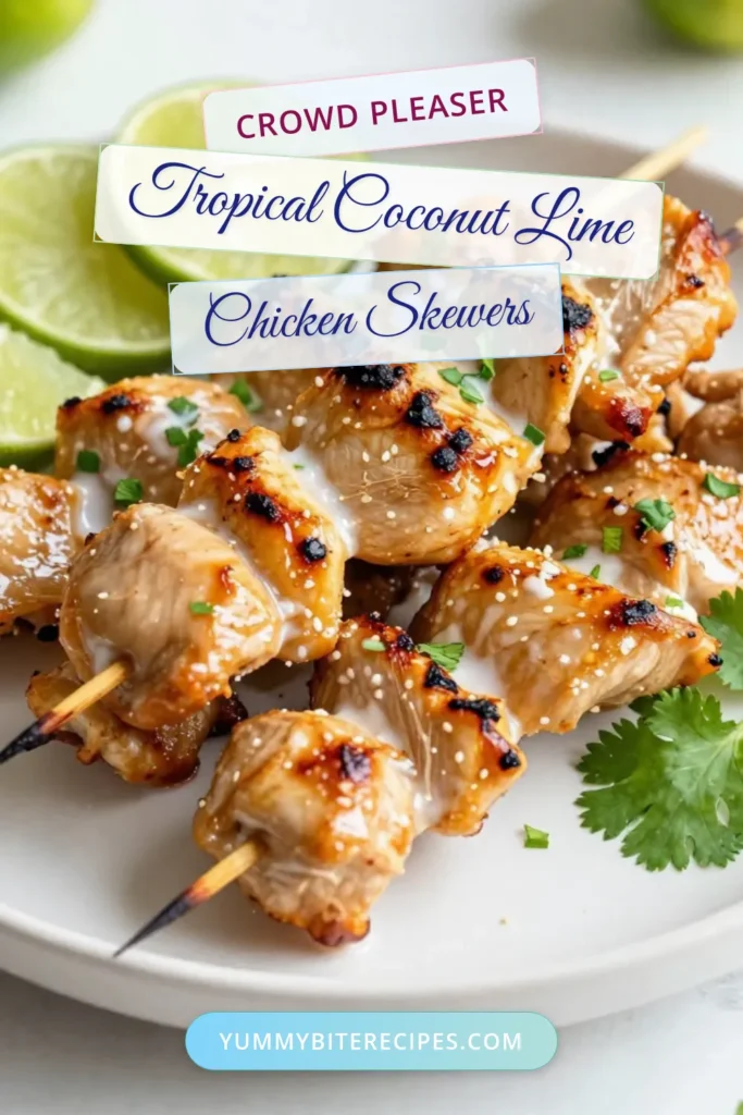 Experience a taste of the tropics with these Coconut Lime Chicken Skewers! This easy chicken skewers recipe features marinated chicken thighs soaked in a creamy coconut lime marinade, making it a perfect dish for your summer grilling. Impress your guests with these delicious grilled chicken skewers that are both flavorful and simple to make. Don't miss out—save this tropical chicken skewers recipe for your next gathering! #CoconutLimeChickenSkewers #GrilledChickenSkewers #ChickenRecipes #TropicalCooking