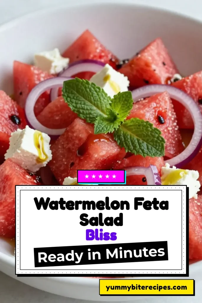 Indulge in this refreshing summer salad featuring a delightful watermelon feta salad that highlights the vibrant flavors of juicy watermelon and creamy feta cheese. Perfect for hot days, this watermelon recipe is enhanced with fresh mint and red onion, making it a must-try among feta cheese recipes. Easily prepared in 25 minutes, it's ideal for gatherings. Save this mint salad recipe today and elevate your summer meals! #WatermelonFetaSalad #RefreshingSalad #SummerRecipes #MintSalad