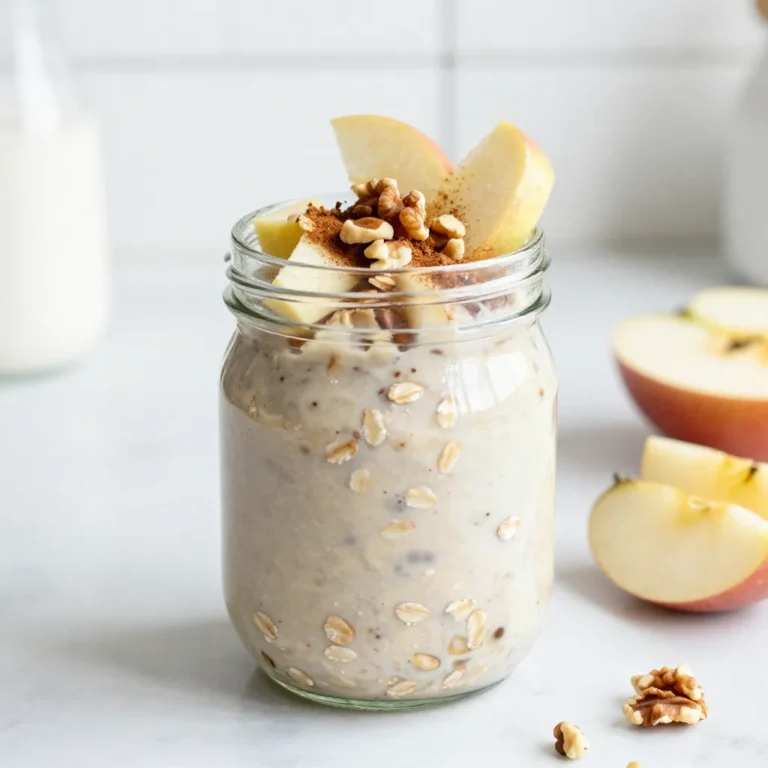 - 1 cup rolled oats - 1 cup almond milk (or any milk of your choosing) - 1 medium apple, diced into small cubes - 1 tablespoon chia seeds - 1 teaspoon ground cinnamon The main ingredients for apple cinnamon overnight oats are simple and healthy. Rolled oats form the base. They give you fiber and energy. Almond milk keeps it creamy and dairy-free. You can use any milk you like, too. Diced apple adds sweetness and crunch. Chia seeds boost nutrition and help thicken the mix. Ground cinnamon gives a warm, rich flavor. - 1 tablespoon maple syrup (or honey, if preferred) - 1/2 teaspoon vanilla extract - A pinch of salt Sweeteners and flavor enhancers make the dish special. Maple syrup adds natural sweetness. Honey is a great substitute if you prefer it. Vanilla extract brings a lovely aroma. Just a pinch of salt helps balance the flavors. Together, these ingredients make the oats taste amazing. - Chopped nuts (such as walnuts or pecans) - Extra apple slices - Dash of additional cinnamon Toppings add fun and texture. Chopped nuts like walnuts or pecans give a nice crunch. Extra apple slices make it look pretty and fresh. A dash of cinnamon can enhance the flavor even more. You can mix and match toppings to suit your taste. {{ingredient_image_2}} - In a medium bowl, combine: - 1 cup rolled oats - 1 tablespoon chia seeds - A pinch of salt Stir gently to mix these dry ingredients. This step sets a strong base for your oats. - In another bowl, whisk together: - 1 cup almond milk - 1 tablespoon maple syrup - 1/2 teaspoon vanilla extract Make sure everything blends well. This mixture adds flavor and moisture to your oats. - Carefully fold in: - 1 medium apple, diced into small cubes - 1 teaspoon ground cinnamon Gently combine these with the oat mixture. The apple brings sweetness and texture. - Divide the mixture into two jars or containers. Seal them tightly. - Place in the fridge overnight, or for at least 4 hours. This allows the oats to soak up the flavors and soften nicely. - When ready to eat, stir the oats well. If they seem too thick, add a splash of milk. - Top with your choice of: - Chopped nuts (like walnuts or pecans) - Extra apple slices - A dash of additional cinnamon These final touches make your breakfast even more delightful and nutritious. Enjoy each bite! You can make multiple servings of Apple Cinnamon Overnight Oats. This saves time on busy mornings. Just prepare a few jars at once. Store them in your fridge for quick breakfasts. You’ll enjoy a tasty meal without the fuss. Use airtight containers for your oats. This keeps them fresh and tasty. Sealing them tightly prevents moisture from ruining your oats. Plus, they stay flavorful for days. You can enjoy breakfast without worry about spoilage. Do you like your oats thick or smooth? You can change the liquid amount to suit your taste. Add more almond milk for a creamier texture. Less milk gives you a thicker meal. Play around until you find your perfect mix. Pro Tips Use Old-Fashioned Rolled Oats: For the best texture and flavor, opt for old-fashioned rolled oats instead of instant or quick-cooking oats, as they absorb the liquid better and provide a heartier bite. Customize Your Sweetness: Adjust the amount of maple syrup or honey according to your taste preference. You can also use mashed bananas or unsweetened applesauce for a natural sweetness. Experiment with Spices: While cinnamon is a classic choice, consider adding nutmeg, ginger, or even pumpkin spice for a different flavor profile that can elevate your overnight oats. Meal Prep for the Week: Make a larger batch and divide it into individual containers for easy grab-and-go breakfasts throughout the week. Just add your toppings fresh each morning! {{image_4}} If you want nut-free options, it's easy to adjust this recipe. Simply use oat milk, soy milk, or rice milk instead of almond milk. For toppings, choose seeds like pumpkin or sunflower seeds instead of nuts. This way, you keep it tasty and safe for anyone with nut allergies. Feel free to mix up the fruits. Bananas add creaminess, while berries give a nice tartness. Pears bring a sweet crunch that pairs well with cinnamon. Each fruit changes the flavor, so experiment to find what you like best. Just chop them up and fold into your oats! Want to spice things up? Try adding nutmeg or pumpkin spice. These spices add warmth and complexity to your oats. You can also add a splash of maple extract for even more flavor. These small changes make your breakfast feel special and seasonal. You should store your apple cinnamon overnight oats in the refrigerator. This keeps them fresh and tasty. Use airtight containers or jars to prevent moisture loss. Enjoy your oats within 3-5 days. This ensures the best taste and texture. After a few days, the oats may become mushy. You can freeze the oats for longer storage. Just place them in freezer-safe containers. When ready to eat, thaw them in the fridge overnight. To reheat, add a splash of milk and stir well. Enjoy warm! Yes, you can use steel-cut oats, but they need more time to soften. Steel-cut oats are less processed than rolled oats. This means they take longer to absorb liquid. If you want to use them, soak them overnight in water first. Then, use a little more liquid in your recipe. This will help them soften and blend well with the other ingredients. Absolutely! This recipe is perfect for meal prep. You can make a batch and store it in jars. Seal the jars tightly to keep the oats fresh. They will last in the fridge for up to five days. This makes it easy to grab a quick breakfast. You save time and enjoy a healthy meal every day. Overnight oats are packed with nutrients. They provide a good source of fiber. This helps with digestion and keeps you full longer. The oats also contain vitamins and minerals. The chia seeds add omega-3 fatty acids, which are good for your heart. Apples offer vitamins, antioxidants, and natural sweetness. Using almond milk adds calcium without extra calories. Together, these ingredients create a balanced and energizing meal. You’ve learned how to make tasty overnight oats with simple ingredients. We covered the main ingredients, how to mix them, and tips for great results. You also explored fun variations for different flavors. Remember, these oats can be prepared in advance and stored easily. They’re fresh, filling, and perfect for breakfast or snacks. Now, it's time to experiment and make it your own. Enjoy your meal prep journey!