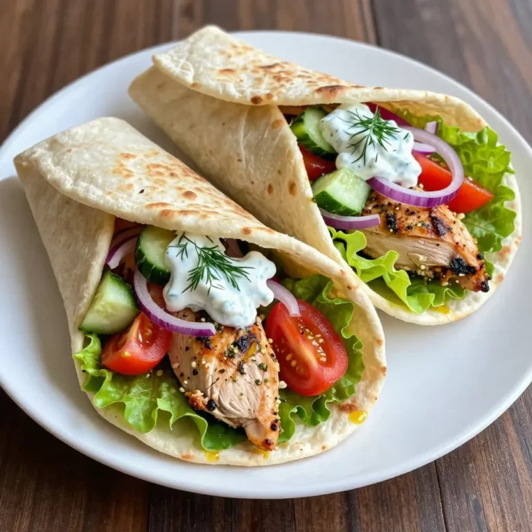 To make Greek Chicken Gyro Wraps, you need fresh and tasty ingredients. Here’s what you will need: - 1 lb boneless, skinless chicken thighs - 3 tablespoons extra-virgin olive oil - 3 cloves garlic, finely minced - 2 teaspoons dried oregano - 1 teaspoon ground cumin - 1 teaspoon smoked paprika - Sea salt and freshly ground black pepper to taste - 4 large whole wheat pita breads - 1 cup cucumber, diced into small cubes - 1 cup ripe tomatoes, diced - 1/2 medium red onion, thinly sliced - 1 cup romaine lettuce, finely shredded - 1/2 cup tzatziki sauce These ingredients create a tasty and balanced dish. The chicken thighs stay juicy and full of flavor, while the veggies add crunch and freshness. You can add extra garnishes to make your gyro wraps even better. Here are some fun options: - Fresh dill sprigs - Crumbled feta cheese - Sliced olives - Extra tzatziki sauce These toppings can boost the flavor and look of your wraps. Feel free to mix and match! Each serving of Greek Chicken Gyro Wraps provides a nutritious meal. Here’s a rough breakdown: - Calories: 400 - Protein: 28g - Carbs: 40g - Fat: 15g - Fiber: 5g These wraps offer a good mix of protein, carbs, and healthy fats. Enjoy them as a filling lunch or dinner! {{ingredient_image_2}} To marinate the chicken, start with a bowl. Add 3 tablespoons of olive oil, 3 minced garlic cloves, 2 teaspoons of dried oregano, 1 teaspoon of ground cumin, and 1 teaspoon of smoked paprika. Season with sea salt and black pepper. Mix it well to create a fragrant marinade. Next, add 1 pound of boneless chicken thighs to the bowl. Make sure each piece is coated well. Cover the bowl with plastic wrap and refrigerate. Let it sit for at least 30 minutes, or up to 2 hours. This step gives the chicken great flavor. Now, it’s time to grill! Preheat your grill or grill pan to medium-high heat. Take the marinated chicken out of the fridge. Let any excess marinade drip off before placing it on the grill. Grill the chicken for about 5 to 7 minutes on each side. You want it to reach 165°F inside. This ensures it is cooked through. Once done, move the chicken to a cutting board and let it rest for 5 minutes. After resting, slice the chicken into thin strips. Warm your pita breads on the grill for about 1 minute on each side. This makes them soft and easy to wrap. Start with a handful of shredded romaine lettuce in the center of each warm pita. Next, layer on the sliced grilled chicken, diced cucumbers, juicy tomatoes, and thin slices of red onion. This adds color and crunch. Drizzle tzatziki sauce over the top. If you like, add fresh dill for extra flavor. Now, carefully fold in the sides of the pita. Roll it tightly from the bottom to keep all the fillings inside. Serve your Greek Chicken Gyro Wraps right away. Enjoy with extra tzatziki sauce on the side! To get the best grilled chicken, use boneless, skinless thighs. They stay juicy and tender. Marinate them for at least 30 minutes to soak in flavors. If you can, let them marinate for up to 2 hours. This gives the chicken a deeper taste. When grilling, make sure your grill is hot. Cook each side for 5-7 minutes. Aim for an internal temperature of 165°F (75°C). This ensures the chicken is safe to eat. Warming pita breads is simple and quick. Place them on the grill for about 1 minute on each side. This makes them soft and easy to wrap. You can also warm them in a skillet on the stove. Just heat the skillet over medium heat, then add the pita. Flip them after 30 seconds. This way, they get nice and warm without burning. Serve your Greek Chicken Gyro Wraps right after making them. Place a few wraps on a platter for sharing. Add extra tzatziki sauce on the side for dipping. Fresh dill sprigs can add a nice touch. For a complete meal, pair the wraps with a simple Greek salad. Chopped cucumbers, tomatoes, and olives make a great side. This adds freshness and balance to your meal. Pro Tips Marinate Longer for More Flavor: Allowing the chicken to marinate for a longer period, up to 2 hours, enhances the infusion of spices and results in a more flavorful dish. Rest the Chicken: Letting the grilled chicken rest for a few minutes before slicing helps retain its juices, ensuring every bite is tender and succulent. Warm Pita for Better Wrapping: Warming the pita breads on the grill not only makes them pliable but also adds a delightful smoky flavor to your wrap. Add Extra Crunch: For an added texture, consider including some sliced bell peppers or radishes along with the veggies in your wrap. {{image_4}} You can swap chicken for other proteins. Try lamb, beef, or pork. For a lighter option, use shrimp or fish. For plant-based eaters, marinated tofu or tempeh works well. Each protein brings its own flavor, making the gyro wrap unique. Tzatziki is classic, but you can try other sauces. A spicy harissa or a garlic aioli adds a kick. A creamy tahini sauce gives a nutty taste. For a fresh twist, use chimichurri or a yogurt-based ranch. Each sauce changes the wrap’s flavor profile. While whole wheat pita is great, experiment with other breads. Try traditional pita, naan, or lavash for a change. Corn tortillas can make a fun twist, too. Each type of bread adds a new texture and taste to your gyro wrap. To store leftover gyro wraps, wrap them tightly in plastic wrap. This helps keep the flavors fresh. Place the wrapped wraps in an airtight container. Store them in the fridge. They will stay good for up to three days. To reheat gyro wraps, unwrap them from the plastic. Place the wraps on a microwave-safe plate. Heat them in the microwave for about 30 seconds. Check if they are warm enough. If not, heat for an extra 15 seconds. You can also reheat them in a skillet. Heat the skillet on medium heat, then warm each side for about two minutes. You can freeze gyro wraps to save them for later. Wrap each gyro tightly in plastic wrap. Then place them in a freezer bag. They can last up to three months in the freezer. To thaw, take them out and place them in the fridge overnight. Once thawed, reheat as mentioned above. This way, you can enjoy your delicious wraps anytime! You can use chicken breasts or pork for this recipe. Both options work well in flavor. If you prefer beef or lamb, those can be tasty too. Just keep in mind that cooking times may change. Chicken breasts cook faster, while pork may need a bit more time. To make this recipe gluten-free, choose gluten-free pita bread. Many brands offer great options. You can also use lettuce wraps. This keeps the taste while making it safe for those with gluten sensitivities. Yes, you can prepare the marinade a day ahead. Just mix the olive oil, garlic, and spices in a bowl. Store it in the fridge. This helps the flavors develop more. When you are ready, add the chicken and marinate. Tzatziki sauce is made of yogurt, cucumber, garlic, and herbs. It often includes dill and lemon juice too. This sauce adds a refreshing taste to your gyro. It balances the spices and makes each bite amazing. Greek chicken gyro wraps are delicious and easy to make. You learned about key ingredients and how to grill chicken just right. I shared tips to warm pita bread and suggested great serving ideas. I also explored fresh variations and how to store leftovers properly. Remember, making these wraps can be fun and rewarding. Enjoy your cooking and mix things up to fit your taste! These wraps can be a hit for any meal.
