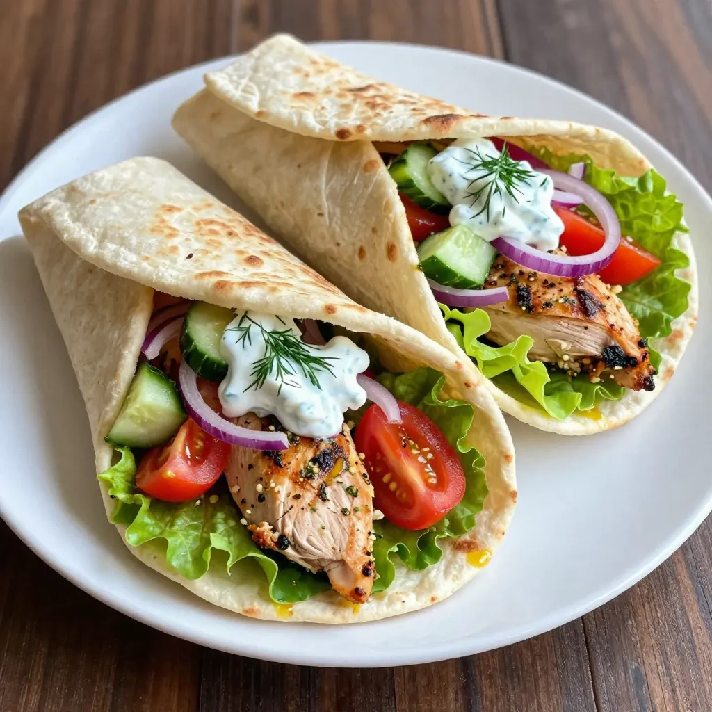 To make Greek Chicken Gyro Wraps, you need fresh and tasty ingredients. Here’s what you will need: - 1 lb boneless, skinless chicken thighs - 3 tablespoons extra-virgin olive oil - 3 cloves garlic, finely minced - 2 teaspoons dried oregano - 1 teaspoon ground cumin - 1 teaspoon smoked paprika - Sea salt and freshly ground black pepper to taste - 4 large whole wheat pita breads - 1 cup cucumber, diced into small cubes - 1 cup ripe tomatoes, diced - 1/2 medium red onion, thinly sliced - 1 cup romaine lettuce, finely shredded - 1/2 cup tzatziki sauce These ingredients create a tasty and balanced dish. The chicken thighs stay juicy and full of flavor, while the veggies add crunch and freshness. You can add extra garnishes to make your gyro wraps even better. Here are some fun options: - Fresh dill sprigs - Crumbled feta cheese - Sliced olives - Extra tzatziki sauce These toppings can boost the flavor and look of your wraps. Feel free to mix and match! Each serving of Greek Chicken Gyro Wraps provides a nutritious meal. Here’s a rough breakdown: - Calories: 400 - Protein: 28g - Carbs: 40g - Fat: 15g - Fiber: 5g These wraps offer a good mix of protein, carbs, and healthy fats. Enjoy them as a filling lunch or dinner! {{ingredient_image_2}} To marinate the chicken, start with a bowl. Add 3 tablespoons of olive oil, 3 minced garlic cloves, 2 teaspoons of dried oregano, 1 teaspoon of ground cumin, and 1 teaspoon of smoked paprika. Season with sea salt and black pepper. Mix it well to create a fragrant marinade. Next, add 1 pound of boneless chicken thighs to the bowl. Make sure each piece is coated well. Cover the bowl with plastic wrap and refrigerate. Let it sit for at least 30 minutes, or up to 2 hours. This step gives the chicken great flavor. Now, it’s time to grill! Preheat your grill or grill pan to medium-high heat. Take the marinated chicken out of the fridge. Let any excess marinade drip off before placing it on the grill. Grill the chicken for about 5 to 7 minutes on each side. You want it to reach 165°F inside. This ensures it is cooked through. Once done, move the chicken to a cutting board and let it rest for 5 minutes. After resting, slice the chicken into thin strips. Warm your pita breads on the grill for about 1 minute on each side. This makes them soft and easy to wrap. Start with a handful of shredded romaine lettuce in the center of each warm pita. Next, layer on the sliced grilled chicken, diced cucumbers, juicy tomatoes, and thin slices of red onion. This adds color and crunch. Drizzle tzatziki sauce over the top. If you like, add fresh dill for extra flavor. Now, carefully fold in the sides of the pita. Roll it tightly from the bottom to keep all the fillings inside. Serve your Greek Chicken Gyro Wraps right away. Enjoy with extra tzatziki sauce on the side! To get the best grilled chicken, use boneless, skinless thighs. They stay juicy and tender. Marinate them for at least 30 minutes to soak in flavors. If you can, let them marinate for up to 2 hours. This gives the chicken a deeper taste. When grilling, make sure your grill is hot. Cook each side for 5-7 minutes. Aim for an internal temperature of 165°F (75°C). This ensures the chicken is safe to eat. Warming pita breads is simple and quick. Place them on the grill for about 1 minute on each side. This makes them soft and easy to wrap. You can also warm them in a skillet on the stove. Just heat the skillet over medium heat, then add the pita. Flip them after 30 seconds. This way, they get nice and warm without burning. Serve your Greek Chicken Gyro Wraps right after making them. Place a few wraps on a platter for sharing. Add extra tzatziki sauce on the side for dipping. Fresh dill sprigs can add a nice touch. For a complete meal, pair the wraps with a simple Greek salad. Chopped cucumbers, tomatoes, and olives make a great side. This adds freshness and balance to your meal. Pro Tips Marinate Longer for More Flavor: Allowing the chicken to marinate for a longer period, up to 2 hours, enhances the infusion of spices and results in a more flavorful dish. Rest the Chicken: Letting the grilled chicken rest for a few minutes before slicing helps retain its juices, ensuring every bite is tender and succulent. Warm Pita for Better Wrapping: Warming the pita breads on the grill not only makes them pliable but also adds a delightful smoky flavor to your wrap. Add Extra Crunch: For an added texture, consider including some sliced bell peppers or radishes along with the veggies in your wrap. {{image_4}} You can swap chicken for other proteins. Try lamb, beef, or pork. For a lighter option, use shrimp or fish. For plant-based eaters, marinated tofu or tempeh works well. Each protein brings its own flavor, making the gyro wrap unique. Tzatziki is classic, but you can try other sauces. A spicy harissa or a garlic aioli adds a kick. A creamy tahini sauce gives a nutty taste. For a fresh twist, use chimichurri or a yogurt-based ranch. Each sauce changes the wrap’s flavor profile. While whole wheat pita is great, experiment with other breads. Try traditional pita, naan, or lavash for a change. Corn tortillas can make a fun twist, too. Each type of bread adds a new texture and taste to your gyro wrap. To store leftover gyro wraps, wrap them tightly in plastic wrap. This helps keep the flavors fresh. Place the wrapped wraps in an airtight container. Store them in the fridge. They will stay good for up to three days. To reheat gyro wraps, unwrap them from the plastic. Place the wraps on a microwave-safe plate. Heat them in the microwave for about 30 seconds. Check if they are warm enough. If not, heat for an extra 15 seconds. You can also reheat them in a skillet. Heat the skillet on medium heat, then warm each side for about two minutes. You can freeze gyro wraps to save them for later. Wrap each gyro tightly in plastic wrap. Then place them in a freezer bag. They can last up to three months in the freezer. To thaw, take them out and place them in the fridge overnight. Once thawed, reheat as mentioned above. This way, you can enjoy your delicious wraps anytime! You can use chicken breasts or pork for this recipe. Both options work well in flavor. If you prefer beef or lamb, those can be tasty too. Just keep in mind that cooking times may change. Chicken breasts cook faster, while pork may need a bit more time. To make this recipe gluten-free, choose gluten-free pita bread. Many brands offer great options. You can also use lettuce wraps. This keeps the taste while making it safe for those with gluten sensitivities. Yes, you can prepare the marinade a day ahead. Just mix the olive oil, garlic, and spices in a bowl. Store it in the fridge. This helps the flavors develop more. When you are ready, add the chicken and marinate. Tzatziki sauce is made of yogurt, cucumber, garlic, and herbs. It often includes dill and lemon juice too. This sauce adds a refreshing taste to your gyro. It balances the spices and makes each bite amazing. Greek chicken gyro wraps are delicious and easy to make. You learned about key ingredients and how to grill chicken just right. I shared tips to warm pita bread and suggested great serving ideas. I also explored fresh variations and how to store leftovers properly. Remember, making these wraps can be fun and rewarding. Enjoy your cooking and mix things up to fit your taste! These wraps can be a hit for any meal.