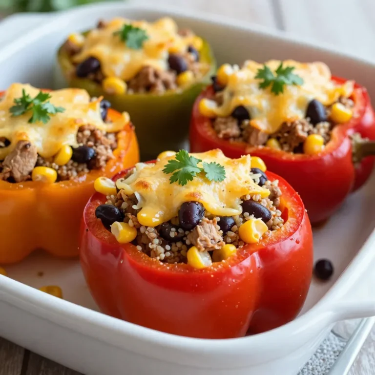 - 4 large bell peppers (any mix of red, yellow, or green), finely diced - 1 pound ground turkey or beef (your choice of meat) - 1 cup quinoa, thoroughly rinsed and drained - 1 can (15 oz) diced tomatoes, including their juices - 1 can (15 oz) black beans, thoroughly rinsed and drained - 1 cup corn kernels (can be fresh, frozen, or from a can) - 1 medium onion, finely chopped - 2 cloves garlic, minced - 1 teaspoon ground cumin - 1 teaspoon smoked paprika - Salt and black pepper to taste - 1 cup shredded cheese (use cheddar or Monterey Jack for best results) - Fresh cilantro or parsley for garnishing (optional but recommended) The main ingredients create a strong base for your casserole. Fresh bell peppers bring color and crunch. Ground turkey or beef adds heartiness. Quinoa serves as a great, healthy grain. The additional ingredients play a key role too. Diced tomatoes provide moisture and flavor. Black beans boost protein and fiber. Corn adds sweetness and texture. Seasonings and toppings elevate the dish. Onion and garlic give a warm aroma. Ground cumin and smoked paprika add depth. A layer of shredded cheese melts beautifully on top. Fresh herbs like cilantro or parsley brighten your meal. Using these ingredients ensures your stuffed bell pepper casserole is both tasty and filling. Each bite bursts with flavor and comfort. {{ingredient_image_2}} - Preheat your oven to 375°F (190°C). This step is key for even cooking. - In a large skillet, add a little oil and sauté the chopped onion and minced garlic. Cook them for about 3-4 minutes until the onion is soft and fragrant. - Add the ground turkey or beef to the skillet. Break it apart as it cooks. Cook until the meat is browned, about 8-10 minutes. - Next, mix in the diced bell peppers, cumin, smoked paprika, salt, and black pepper. Cook this for 5 minutes, allowing the peppers to soften slightly. - In a large bowl, combine the rinsed quinoa, diced tomatoes (with their juices), black beans, and corn. - Add the cooked meat and vegetable mixture to this bowl. Stir everything together until well mixed. - Transfer the filling into a greased 9x13 inch casserole dish. Spread it evenly across the bottom. - Sprinkle the shredded cheese on top of the casserole. Cover the dish with aluminum foil to keep moisture in. Bake for 30 minutes. - After 30 minutes, remove the foil and continue baking for 10-15 more minutes. Check for bubbling cheese and a golden top. - Pre-chopping ingredients: Chop your bell peppers, onion, and garlic ahead of time. This saves you time when cooking. - Using pre-cooked meat: Consider using leftover chicken or turkey. This cuts down on cooking time and makes your meal quick. - Recommended cheese types: Cheddar and Monterey Jack melt well and add creaminess. Both cheeses work great for this dish. - Adding spices for extra heat: If you like spice, add cayenne pepper or chili powder. Just a little can make your casserole pop! - Garnishing options: Fresh cilantro or parsley brightens the dish. Scatter some on top before serving for color. - Serving suggestions: Serve with a simple salad or some crusty bread. This adds freshness and makes a complete meal. Pro Tips Choose Your Peppers: Mix different colored bell peppers for a vibrant and flavorful dish. Quinoa Cooking: Make sure to rinse the quinoa thoroughly before cooking to remove its natural bitterness. Cheese Choices: Experiment with different cheese types like pepper jack for a spicy kick or mozzarella for a milder flavor. Rest Before Serving: Allow the casserole to rest for a few minutes after baking to help it set and make serving easier. {{image_4}} You can easily make this casserole fit your diet. For a vegetarian or vegan version, swap the ground turkey or beef for lentils or mushrooms. Use a plant-based cheese on top to keep it creamy. This change still packs a punch in flavor and nutrition. If you need a gluten-free option, stick with quinoa and ensure all canned items are labeled gluten-free. This dish stays tasty while meeting your needs. For a Southwest twist, add black olives and jalapeños to the mix. Use taco seasoning instead of cumin and smoked paprika. Top with avocado and fresh lime for a zesty finish. If you crave Italian flavors, switch to Italian seasoning and add diced zucchini. Replace corn with spinach for a fresh touch. Use mozzarella cheese for a gooey layer that melts beautifully. You can also change the grains in this dish. Instead of quinoa, try brown rice or farro. Both add a hearty texture and taste. For beans, feel free to use pinto beans or chickpeas. Each will bring its own flavor and nutrition, making the casserole versatile and exciting. Store your leftover stuffed bell pepper casserole in an airtight container. This keeps it fresh and safe to eat. Let it cool before sealing. It lasts in the fridge for about 3 to 5 days. To freeze, use a sturdy, freezer-safe container. Divide the casserole into portions for easy meals later. Seal tightly to prevent freezer burn. It can stay frozen for up to 3 months. When ready to enjoy, thaw it in the fridge overnight. Reheat leftovers in the oven or microwave. If using the oven, cover it with foil to keep it moist. Bake at 350°F (175°C) until hot, about 20 minutes. If microwaving, use a microwave-safe dish and cover it. Heat for 2 to 3 minutes, stirring halfway through. This keeps the texture nice and tasty. Enjoy your meal! It takes about 15 minutes to prep and 40 minutes to cook. You will spend 55 minutes in total. This includes 30 minutes of baking with foil and an extra 10 to 15 minutes without. Yes, you can use different meats. Ground chicken or pork works well. If you prefer a lighter option, use ground turkey. You can even skip meat for a veggie version. For the best taste, reheat leftovers in the oven. Preheat the oven to 350°F (175°C). Place the casserole in a covered dish. Bake for about 20 minutes. You can also microwave it for quicker heating, but it may not taste as good. Yes, you can prepare it ahead of time. Assemble the casserole, cover it, and store it in the fridge for up to two days. You can also freeze it for longer storage. Just thaw before baking. In this blog post, we covered how to make a delicious stuffed bell pepper casserole. We discussed key ingredients like fresh peppers, ground meat, and quinoa. You learned step-by-step instructions, from prep to baking. Tips on enhancing flavor and storage advice were also included. Now you have the tools to create your own version. Experiment with different flavors and make it unique. Enjoy this easy, tasty meal that suits your taste and needs. Your cooking journey starts here.