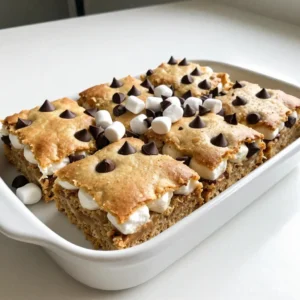 - 1 &frac12; cups all-purpose flour - &frac12; teaspoon baking soda - &frac12; teaspoon salt - &frac12; cup unsalted butter, softened - &frac12; cup packed brown sugar - &frac12; cup granulated sugar - 1 large egg - 1 teaspoon pure vanilla extract - 1 cup semi-sweet chocolate chips - 1 cup mini marshmallows - 1 cup graham cracker crumbs For those who prefer different measurements, here's how to convert: - 1 &frac12; cups = 360 mL - &frac12; teaspoon = 2.5 mL - 1 cup = 240 mL - &frac12; cup = 120 mL - 1 large egg = about 50 grams - 1 teaspoon = 5 mL You can easily swap some ingredients if you like. Here are some ideas: - Use coconut oil instead of butter for a dairy-free option. - Replace granulated sugar with coconut sugar for a richer flavor. - Try using almond flour instead of all-purpose flour for a gluten-free treat. - If you want a different flavor, use white chocolate chips instead of semi-sweet. - You can use regular marshmallows instead of mini ones, just cut them into smaller pieces. {{ingredient_image_2}} Start by preheating your oven to 350&deg;F (175&deg;C). You want a warm oven to bake these bars. Next, grab a 9x9-inch baking pan. Lightly grease it or line it with parchment paper. This helps the bars come out easily after baking. In a medium bowl, add 1 &frac12; cups of all-purpose flour, &frac12; teaspoon of baking soda, and &frac12; teaspoon of salt. Whisk these dry ingredients together until they mix well. This step is key for even baking. In a large mixing bowl, take &frac12; cup of softened unsalted butter. Add &frac12; cup of packed brown sugar and &frac12; cup of granulated sugar. Use an electric mixer on medium speed. Mix for about 2 to 3 minutes. The mixture should become light and fluffy. Now, add 1 large egg and 1 teaspoon of pure vanilla extract to the butter-sugar mix. Blend these together until everything is smooth. This will make the batter rich and tasty. Gradually mix the dry flour mixture into the wet ingredients. Stir until just combined. Be careful not to overmix, as it can make the bars dense. You want a nice, soft batter. Next, gently fold in 1 cup of semi-sweet chocolate chips and 1 cup of graham cracker crumbs using a spatula. Keep a handful of each for topping. Spread half of the cookie batter into the prepared baking pan. Press it down evenly for a solid base. Sprinkle 1 cup of mini marshmallows evenly on the first layer of cookie batter. Top this with your reserved chocolate chips and graham cracker crumbs. Carefully spoon the rest of the cookie batter over the marshmallow layer, covering it as much as you can. Place the pan in the oven and bake for 25-30 minutes. The edges should be golden brown. The center should feel set when you touch it. Once baked, take the pan out of the oven. Let the bars cool completely in the pan. This step helps them hold their shape when you cut them. Slice into squares or rectangles to serve. For a fun touch, add more mini marshmallows and chocolate chips on top. Enjoy them warm or with a scoop of vanilla ice cream! To get the best texture in your S&rsquo;mores cookie bars, use soft butter. This helps create a nice, fluffy mix. Do not overmix the batter after adding the flour. This keeps your bars light and chewy. The right balance of chocolate, marshmallows, and graham crumbs makes each bite special. Also, let the bars cool completely before slicing. This helps them hold their shape. Baking time is key. Set your timer for 25 minutes first. Check the edges; they should be golden brown. The center should feel set but not hard. If your oven runs hot, check them a bit earlier. Use a toothpick; if it comes out clean, your bars are ready. Keep an eye on them to avoid overbaking. Overbaking makes them dry and crumbly, not chewy. For a fun touch, serve the warm bars with extra mini marshmallows and chocolate chips on top. This adds a nice look and extra flavor. You can also pair them with a scoop of vanilla ice cream. The cold ice cream melts into the warm bars, creating a delicious mix. If you want to impress guests, cut the bars into fun shapes using cookie cutters. Pro Tips Chill the Dough: If you have time, chill the cookie dough for about 30 minutes before baking. This helps the bars maintain their shape and prevents them from spreading too much in the oven. Use Fresh Ingredients: Always opt for fresh marshmallows and chocolate chips for the best flavor and texture. Stale ingredients can affect the overall taste of your bars. Check for Doneness: To ensure your bars are perfectly baked, use a toothpick to check the center. It should come out with a few moist crumbs, but not wet batter. Layering Technique: When layering, make sure to spread the top layer gently to avoid disturbing the marshmallows and chocolate chips underneath. This keeps all the deliciousness intact! {{image_4}} You can switch up the chocolate to suit your taste. Use dark chocolate or milk chocolate chips instead of semi-sweet. For a fun twist, try white chocolate chips or even a mix of chocolates. Each type adds a new layer of flavor, making your S&rsquo;mores cookie bars special. If you want to cut sugar, use honey or maple syrup. These options give a different sweetness and can add unique flavors. You can also try coconut sugar for a more natural choice. Just remember to adjust the wet ingredients since liquid sweeteners change the batter's texture. Adding nuts or fruits can give your bars a tasty crunch. Try chopped walnuts, pecans, or almonds for a nutty flavor. For fruit, you can add dried cherries or cranberries. These additions will enhance the texture and offer new flavors, making your bars truly unique. To make gluten-free S&rsquo;mores cookie bars, just swap the all-purpose flour for a gluten-free blend. Many blends work well in cookie recipes. Ensure that your graham cracker crumbs are also gluten-free. This way, everyone can enjoy these delicious treats without worry. To keep your S&rsquo;mores Cookie Bars fresh, store them in an airtight container. This helps maintain their soft texture. Place a layer of parchment paper between layers if you stack them. They stay fresh at room temperature for up to five days. If you want them to last longer, refrigerate them. They can stay good for about a week in the fridge. You can freeze S&rsquo;mores Cookie Bars for later. First, let them cool completely. Then, cut them into squares. Wrap each square tightly in plastic wrap. Place the wrapped bars in a freezer-safe bag or container. They can last up to three months in the freezer. When you&rsquo;re ready to enjoy them, just thaw them in the fridge overnight. To enjoy your S&rsquo;mores Cookie Bars warm, preheat your oven to 350&deg;F (175&deg;C). Place the bars on a baking sheet. Cover them lightly with foil to keep them moist. Heat for about 10 minutes. You can also microwave them. Just place one bar on a plate and heat for 10 to 15 seconds. Enjoy that gooey goodness! You can tell when the bars are done by checking the edges. They should look golden brown. The center should feel set but not too firm. If you gently press the center, it should spring back slightly. This process usually takes about 25 to 30 minutes in the oven. Yes, you can use any type of graham crackers you like. Honey, cinnamon, or even chocolate-flavored ones work great. The taste will change a bit, but that adds fun to your recipe. Just crush them to make crumbs before mixing. To make them vegan, replace the butter with vegan butter. Use a flax egg instead of a regular egg. Mix one tablespoon of ground flaxseed with three tablespoons of water. Let it sit for five minutes to thicken. You can also choose dairy-free chocolate chips for a complete vegan treat. These bars taste great on their own, but you can add more fun. Serve them warm with a scoop of vanilla ice cream. A drizzle of chocolate sauce or a sprinkle of extra mini marshmallows also adds a nice touch. You can even pair them with a glass of milk for a classic combo. You learned how to make tasty S&rsquo;mores Cookie Bars from scratch. We covered key ingredients, step-by-step mixing, and baking tips. Remember to experiment with different chocolates and toppings for fun flavors. Store them well, and they&rsquo;ll stay fresh. Making these bars should be enjoyable and easy. Get creative and share your cookies with friends! Enjoy every bite of your delicious creation!