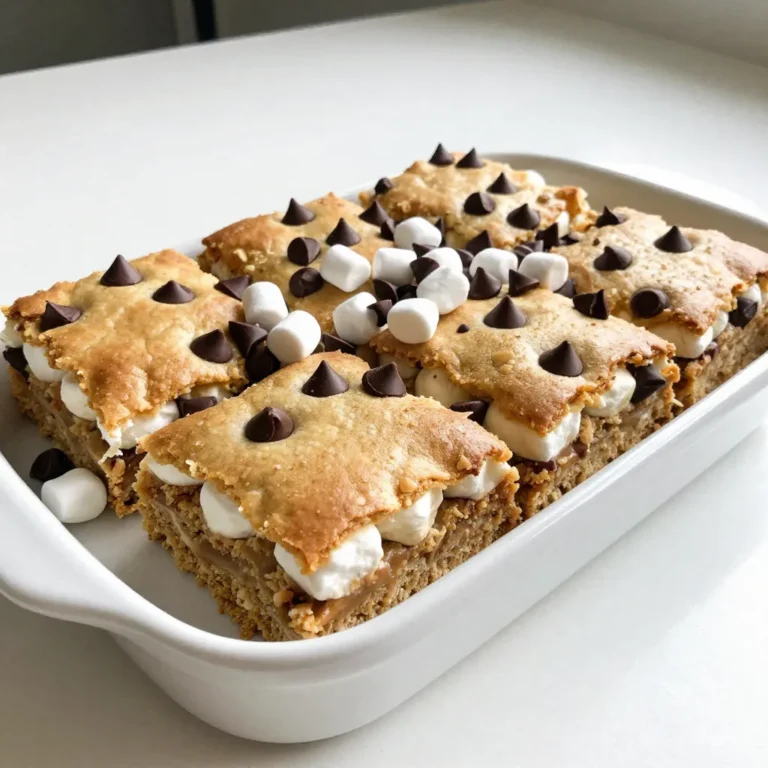 - 1 ½ cups all-purpose flour - ½ teaspoon baking soda - ½ teaspoon salt - ½ cup unsalted butter, softened - ½ cup packed brown sugar - ½ cup granulated sugar - 1 large egg - 1 teaspoon pure vanilla extract - 1 cup semi-sweet chocolate chips - 1 cup mini marshmallows - 1 cup graham cracker crumbs For those who prefer different measurements, here's how to convert: - 1 ½ cups = 360 mL - ½ teaspoon = 2.5 mL - 1 cup = 240 mL - ½ cup = 120 mL - 1 large egg = about 50 grams - 1 teaspoon = 5 mL You can easily swap some ingredients if you like. Here are some ideas: - Use coconut oil instead of butter for a dairy-free option. - Replace granulated sugar with coconut sugar for a richer flavor. - Try using almond flour instead of all-purpose flour for a gluten-free treat. - If you want a different flavor, use white chocolate chips instead of semi-sweet. - You can use regular marshmallows instead of mini ones, just cut them into smaller pieces. {{ingredient_image_2}} Start by preheating your oven to 350°F (175°C). You want a warm oven to bake these bars. Next, grab a 9x9-inch baking pan. Lightly grease it or line it with parchment paper. This helps the bars come out easily after baking. In a medium bowl, add 1 ½ cups of all-purpose flour, ½ teaspoon of baking soda, and ½ teaspoon of salt. Whisk these dry ingredients together until they mix well. This step is key for even baking. In a large mixing bowl, take ½ cup of softened unsalted butter. Add ½ cup of packed brown sugar and ½ cup of granulated sugar. Use an electric mixer on medium speed. Mix for about 2 to 3 minutes. The mixture should become light and fluffy. Now, add 1 large egg and 1 teaspoon of pure vanilla extract to the butter-sugar mix. Blend these together until everything is smooth. This will make the batter rich and tasty. Gradually mix the dry flour mixture into the wet ingredients. Stir until just combined. Be careful not to overmix, as it can make the bars dense. You want a nice, soft batter. Next, gently fold in 1 cup of semi-sweet chocolate chips and 1 cup of graham cracker crumbs using a spatula. Keep a handful of each for topping. Spread half of the cookie batter into the prepared baking pan. Press it down evenly for a solid base. Sprinkle 1 cup of mini marshmallows evenly on the first layer of cookie batter. Top this with your reserved chocolate chips and graham cracker crumbs. Carefully spoon the rest of the cookie batter over the marshmallow layer, covering it as much as you can. Place the pan in the oven and bake for 25-30 minutes. The edges should be golden brown. The center should feel set when you touch it. Once baked, take the pan out of the oven. Let the bars cool completely in the pan. This step helps them hold their shape when you cut them. Slice into squares or rectangles to serve. For a fun touch, add more mini marshmallows and chocolate chips on top. Enjoy them warm or with a scoop of vanilla ice cream! To get the best texture in your S’mores cookie bars, use soft butter. This helps create a nice, fluffy mix. Do not overmix the batter after adding the flour. This keeps your bars light and chewy. The right balance of chocolate, marshmallows, and graham crumbs makes each bite special. Also, let the bars cool completely before slicing. This helps them hold their shape. Baking time is key. Set your timer for 25 minutes first. Check the edges; they should be golden brown. The center should feel set but not hard. If your oven runs hot, check them a bit earlier. Use a toothpick; if it comes out clean, your bars are ready. Keep an eye on them to avoid overbaking. Overbaking makes them dry and crumbly, not chewy. For a fun touch, serve the warm bars with extra mini marshmallows and chocolate chips on top. This adds a nice look and extra flavor. You can also pair them with a scoop of vanilla ice cream. The cold ice cream melts into the warm bars, creating a delicious mix. If you want to impress guests, cut the bars into fun shapes using cookie cutters. Pro Tips Chill the Dough: If you have time, chill the cookie dough for about 30 minutes before baking. This helps the bars maintain their shape and prevents them from spreading too much in the oven. Use Fresh Ingredients: Always opt for fresh marshmallows and chocolate chips for the best flavor and texture. Stale ingredients can affect the overall taste of your bars. Check for Doneness: To ensure your bars are perfectly baked, use a toothpick to check the center. It should come out with a few moist crumbs, but not wet batter. Layering Technique: When layering, make sure to spread the top layer gently to avoid disturbing the marshmallows and chocolate chips underneath. This keeps all the deliciousness intact! {{image_4}} You can switch up the chocolate to suit your taste. Use dark chocolate or milk chocolate chips instead of semi-sweet. For a fun twist, try white chocolate chips or even a mix of chocolates. Each type adds a new layer of flavor, making your S’mores cookie bars special. If you want to cut sugar, use honey or maple syrup. These options give a different sweetness and can add unique flavors. You can also try coconut sugar for a more natural choice. Just remember to adjust the wet ingredients since liquid sweeteners change the batter's texture. Adding nuts or fruits can give your bars a tasty crunch. Try chopped walnuts, pecans, or almonds for a nutty flavor. For fruit, you can add dried cherries or cranberries. These additions will enhance the texture and offer new flavors, making your bars truly unique. To make gluten-free S’mores cookie bars, just swap the all-purpose flour for a gluten-free blend. Many blends work well in cookie recipes. Ensure that your graham cracker crumbs are also gluten-free. This way, everyone can enjoy these delicious treats without worry. To keep your S’mores Cookie Bars fresh, store them in an airtight container. This helps maintain their soft texture. Place a layer of parchment paper between layers if you stack them. They stay fresh at room temperature for up to five days. If you want them to last longer, refrigerate them. They can stay good for about a week in the fridge. You can freeze S’mores Cookie Bars for later. First, let them cool completely. Then, cut them into squares. Wrap each square tightly in plastic wrap. Place the wrapped bars in a freezer-safe bag or container. They can last up to three months in the freezer. When you’re ready to enjoy them, just thaw them in the fridge overnight. To enjoy your S’mores Cookie Bars warm, preheat your oven to 350°F (175°C). Place the bars on a baking sheet. Cover them lightly with foil to keep them moist. Heat for about 10 minutes. You can also microwave them. Just place one bar on a plate and heat for 10 to 15 seconds. Enjoy that gooey goodness! You can tell when the bars are done by checking the edges. They should look golden brown. The center should feel set but not too firm. If you gently press the center, it should spring back slightly. This process usually takes about 25 to 30 minutes in the oven. Yes, you can use any type of graham crackers you like. Honey, cinnamon, or even chocolate-flavored ones work great. The taste will change a bit, but that adds fun to your recipe. Just crush them to make crumbs before mixing. To make them vegan, replace the butter with vegan butter. Use a flax egg instead of a regular egg. Mix one tablespoon of ground flaxseed with three tablespoons of water. Let it sit for five minutes to thicken. You can also choose dairy-free chocolate chips for a complete vegan treat. These bars taste great on their own, but you can add more fun. Serve them warm with a scoop of vanilla ice cream. A drizzle of chocolate sauce or a sprinkle of extra mini marshmallows also adds a nice touch. You can even pair them with a glass of milk for a classic combo. You learned how to make tasty S’mores Cookie Bars from scratch. We covered key ingredients, step-by-step mixing, and baking tips. Remember to experiment with different chocolates and toppings for fun flavors. Store them well, and they’ll stay fresh. Making these bars should be enjoyable and easy. Get creative and share your cookies with friends! Enjoy every bite of your delicious creation!
