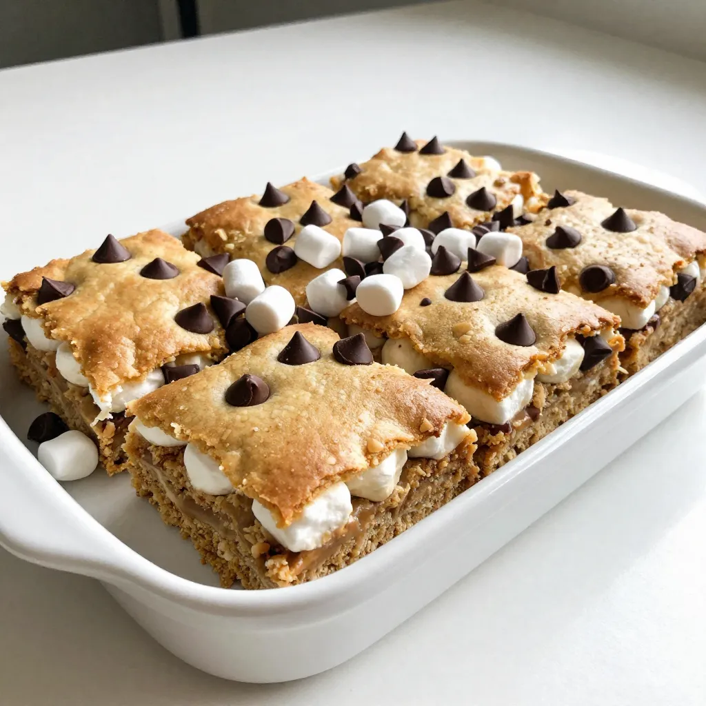 - 1 ½ cups all-purpose flour - ½ teaspoon baking soda - ½ teaspoon salt - ½ cup unsalted butter, softened - ½ cup packed brown sugar - ½ cup granulated sugar - 1 large egg - 1 teaspoon pure vanilla extract - 1 cup semi-sweet chocolate chips - 1 cup mini marshmallows - 1 cup graham cracker crumbs For those who prefer different measurements, here's how to convert: - 1 ½ cups = 360 mL - ½ teaspoon = 2.5 mL - 1 cup = 240 mL - ½ cup = 120 mL - 1 large egg = about 50 grams - 1 teaspoon = 5 mL You can easily swap some ingredients if you like. Here are some ideas: - Use coconut oil instead of butter for a dairy-free option. - Replace granulated sugar with coconut sugar for a richer flavor. - Try using almond flour instead of all-purpose flour for a gluten-free treat. - If you want a different flavor, use white chocolate chips instead of semi-sweet. - You can use regular marshmallows instead of mini ones, just cut them into smaller pieces. {{ingredient_image_2}} Start by preheating your oven to 350°F (175°C). You want a warm oven to bake these bars. Next, grab a 9x9-inch baking pan. Lightly grease it or line it with parchment paper. This helps the bars come out easily after baking. In a medium bowl, add 1 ½ cups of all-purpose flour, ½ teaspoon of baking soda, and ½ teaspoon of salt. Whisk these dry ingredients together until they mix well. This step is key for even baking. In a large mixing bowl, take ½ cup of softened unsalted butter. Add ½ cup of packed brown sugar and ½ cup of granulated sugar. Use an electric mixer on medium speed. Mix for about 2 to 3 minutes. The mixture should become light and fluffy. Now, add 1 large egg and 1 teaspoon of pure vanilla extract to the butter-sugar mix. Blend these together until everything is smooth. This will make the batter rich and tasty. Gradually mix the dry flour mixture into the wet ingredients. Stir until just combined. Be careful not to overmix, as it can make the bars dense. You want a nice, soft batter. Next, gently fold in 1 cup of semi-sweet chocolate chips and 1 cup of graham cracker crumbs using a spatula. Keep a handful of each for topping. Spread half of the cookie batter into the prepared baking pan. Press it down evenly for a solid base. Sprinkle 1 cup of mini marshmallows evenly on the first layer of cookie batter. Top this with your reserved chocolate chips and graham cracker crumbs. Carefully spoon the rest of the cookie batter over the marshmallow layer, covering it as much as you can. Place the pan in the oven and bake for 25-30 minutes. The edges should be golden brown. The center should feel set when you touch it. Once baked, take the pan out of the oven. Let the bars cool completely in the pan. This step helps them hold their shape when you cut them. Slice into squares or rectangles to serve. For a fun touch, add more mini marshmallows and chocolate chips on top. Enjoy them warm or with a scoop of vanilla ice cream! To get the best texture in your S’mores cookie bars, use soft butter. This helps create a nice, fluffy mix. Do not overmix the batter after adding the flour. This keeps your bars light and chewy. The right balance of chocolate, marshmallows, and graham crumbs makes each bite special. Also, let the bars cool completely before slicing. This helps them hold their shape. Baking time is key. Set your timer for 25 minutes first. Check the edges; they should be golden brown. The center should feel set but not hard. If your oven runs hot, check them a bit earlier. Use a toothpick; if it comes out clean, your bars are ready. Keep an eye on them to avoid overbaking. Overbaking makes them dry and crumbly, not chewy. For a fun touch, serve the warm bars with extra mini marshmallows and chocolate chips on top. This adds a nice look and extra flavor. You can also pair them with a scoop of vanilla ice cream. The cold ice cream melts into the warm bars, creating a delicious mix. If you want to impress guests, cut the bars into fun shapes using cookie cutters. Pro Tips Chill the Dough: If you have time, chill the cookie dough for about 30 minutes before baking. This helps the bars maintain their shape and prevents them from spreading too much in the oven. Use Fresh Ingredients: Always opt for fresh marshmallows and chocolate chips for the best flavor and texture. Stale ingredients can affect the overall taste of your bars. Check for Doneness: To ensure your bars are perfectly baked, use a toothpick to check the center. It should come out with a few moist crumbs, but not wet batter. Layering Technique: When layering, make sure to spread the top layer gently to avoid disturbing the marshmallows and chocolate chips underneath. This keeps all the deliciousness intact! {{image_4}} You can switch up the chocolate to suit your taste. Use dark chocolate or milk chocolate chips instead of semi-sweet. For a fun twist, try white chocolate chips or even a mix of chocolates. Each type adds a new layer of flavor, making your S’mores cookie bars special. If you want to cut sugar, use honey or maple syrup. These options give a different sweetness and can add unique flavors. You can also try coconut sugar for a more natural choice. Just remember to adjust the wet ingredients since liquid sweeteners change the batter's texture. Adding nuts or fruits can give your bars a tasty crunch. Try chopped walnuts, pecans, or almonds for a nutty flavor. For fruit, you can add dried cherries or cranberries. These additions will enhance the texture and offer new flavors, making your bars truly unique. To make gluten-free S’mores cookie bars, just swap the all-purpose flour for a gluten-free blend. Many blends work well in cookie recipes. Ensure that your graham cracker crumbs are also gluten-free. This way, everyone can enjoy these delicious treats without worry. To keep your S’mores Cookie Bars fresh, store them in an airtight container. This helps maintain their soft texture. Place a layer of parchment paper between layers if you stack them. They stay fresh at room temperature for up to five days. If you want them to last longer, refrigerate them. They can stay good for about a week in the fridge. You can freeze S’mores Cookie Bars for later. First, let them cool completely. Then, cut them into squares. Wrap each square tightly in plastic wrap. Place the wrapped bars in a freezer-safe bag or container. They can last up to three months in the freezer. When you’re ready to enjoy them, just thaw them in the fridge overnight. To enjoy your S’mores Cookie Bars warm, preheat your oven to 350°F (175°C). Place the bars on a baking sheet. Cover them lightly with foil to keep them moist. Heat for about 10 minutes. You can also microwave them. Just place one bar on a plate and heat for 10 to 15 seconds. Enjoy that gooey goodness! You can tell when the bars are done by checking the edges. They should look golden brown. The center should feel set but not too firm. If you gently press the center, it should spring back slightly. This process usually takes about 25 to 30 minutes in the oven. Yes, you can use any type of graham crackers you like. Honey, cinnamon, or even chocolate-flavored ones work great. The taste will change a bit, but that adds fun to your recipe. Just crush them to make crumbs before mixing. To make them vegan, replace the butter with vegan butter. Use a flax egg instead of a regular egg. Mix one tablespoon of ground flaxseed with three tablespoons of water. Let it sit for five minutes to thicken. You can also choose dairy-free chocolate chips for a complete vegan treat. These bars taste great on their own, but you can add more fun. Serve them warm with a scoop of vanilla ice cream. A drizzle of chocolate sauce or a sprinkle of extra mini marshmallows also adds a nice touch. You can even pair them with a glass of milk for a classic combo. You learned how to make tasty S’mores Cookie Bars from scratch. We covered key ingredients, step-by-step mixing, and baking tips. Remember to experiment with different chocolates and toppings for fun flavors. Store them well, and they’ll stay fresh. Making these bars should be enjoyable and easy. Get creative and share your cookies with friends! Enjoy every bite of your delicious creation!