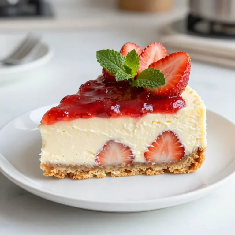 To make a no-bake strawberry cheesecake, you need a few simple ingredients. Here’s the list: - 1 ½ cups digestive biscuit crumbs - 6 tablespoons unsalted butter, melted - 16 oz cream cheese, softened at room temperature - 1 cup powdered sugar, sifted - 2 teaspoons pure vanilla extract - 1 cup heavy cream, chilled - 2 cups fresh strawberries, hulled and sliced - ¼ cup strawberry jam - Fresh mint leaves for garnish (optional) These ingredients create a rich and creamy cheesecake. The digestive biscuit crumbs give the crust a nice crunch. Unsalted butter helps hold it all together. Cream cheese adds a smooth texture. Powdered sugar sweetens the filling perfectly. Vanilla extract enhances the flavor. Chilled heavy cream makes the filling light and fluffy. Fresh strawberries add a burst of fruity goodness. Strawberry jam gives a sweet glaze on top. Finally, mint leaves add a touch of color and freshness. With these ingredients, you can whip up a delightful dessert that everyone will love. Each bite is a perfect mix of sweet and creamy. Enjoy this treat during a warm day or at a special gathering! {{ingredient_image_2}} To start, grab a medium mixing bowl. Add 1 ½ cups of digestive biscuit crumbs and 6 tablespoons of melted unsalted butter. Mix them well until the mixture feels like wet sand. It should hold together when you squeeze it in your hand. Next, take a 9-inch springform pan. Press the crumb mixture firmly into the bottom of the pan. Use the back of a measuring cup or your fingers to pack it down tightly. This step makes sure your crust is stable. While you work on the filling, place the crust in the fridge to firm up. Now, you’ll need a large mixing bowl. Add 16 oz of softened cream cheese to it. Using an electric mixer, beat the cream cheese on medium speed until it's creamy and smooth. Slowly add 1 cup of sifted powdered sugar and 2 teaspoons of pure vanilla extract. Keep mixing until everything is well combined and you don't see any lumps. In a clean bowl, whip 1 cup of chilled heavy cream with a mixer or whisk. You want to whip it until soft peaks form, which takes about 2-3 minutes. Be careful not to over-whip it. Next, take the whipped cream and gently fold it into the cream cheese mixture using a rubber spatula. Mix until it's well blended but still light and airy. Now, fold in 2 cups of hulled and sliced fresh strawberries, but save a few for later. After combining, pour the cheesecake mixture into your prepared crust. Smooth the top with a spatula to make it nice and even. Cover the springform pan tightly with plastic wrap. Place it in the fridge to chill for at least 4 hours. If you can wait overnight, that’s even better for the best setting. Once the cheesecake has set, it’s time for the final touches. Gently heat ¼ cup of strawberry jam in a small saucepan over low heat until it’s pourable. Drizzle the warmed jam over the cheesecake. Arrange the reserved strawberry slices on top for a beautiful finish. Now, carefully unlock and remove the sides of the springform pan. Slice the cheesecake into wedges and serve it chilled. If you want, add fresh mint leaves as a lovely garnish. Enjoy your delicious treat! To get a creamy texture in your cheesecake, start with room temperature cream cheese. Cold cream cheese can give lumps. Use a mixer on medium speed to blend the cream cheese until smooth. Gradually add the powdered sugar and vanilla extract. This step helps combine everything well for a silky filling. Don't rush this part; it makes all the difference in your cheesecake's texture. Whipping cream is easy if you follow a few steps. Always use chilled heavy cream for the best results. Use a clean bowl and whisk or mixer. Start at a low speed and gradually increase it. Watch closely; stop when you see soft peaks. Soft peaks mean it's ready. Avoid over-whipping, as this can turn the cream into butter. When layering strawberries, slice them evenly for a neat look. Reserve some for the top to make your cheesecake pretty. Gently fold sliced strawberries into the filling; this keeps them whole and maintains their shape. When you pour the filling into the crust, smooth the top with a spatula. This helps the layers stay distinct and gives a lovely presentation when you slice it. Pro Tips Use Room Temperature Cream Cheese: Ensure your cream cheese is softened at room temperature for a smoother texture and easier mixing. This helps achieve a lump-free filling. Chill the Ingredients: Chill your mixing bowls and beaters before whipping the cream. This will help the cream whip up faster and maintain its volume. Don’t Overmix: When combining the whipped cream with the cream cheese mixture, be gentle. Overmixing can deflate the whipped cream, resulting in a denser cheesecake. Let It Set Overnight: For the best texture and flavor, allow the cheesecake to chill overnight. This gives the flavors time to meld and ensures a firmer set. {{image_4}} You can add chocolate for a twist. To make a chocolate version, mix cocoa powder into the cream cheese filling. Use about 1/2 cup of unsweetened cocoa powder. This step adds rich, chocolatey notes to your cheesecake. You can also use chocolate cookie crumbs for the crust. Simply replace the digestive biscuits with chocolate cookies. This combination creates a decadent dessert. Want a gluten-free cheesecake? You can easily swap the digestive biscuits. Use gluten-free cookies or almond flour. If using almond flour, mix it with melted butter to form a crust. This keeps the cheesecake tasty and safe for those avoiding gluten. Just make sure all other ingredients are also gluten-free. You can change up the fruit topping to fit your taste. Try blueberries, raspberries, or peaches for a fun twist. Simply replace the strawberries with your fruit of choice. You can also mix fruits for a colorful look. For a tropical feel, add mango slices. This flexibility makes the cheesecake shine with seasonal fruits. To keep your no-bake strawberry cheesecake fresh, cover it tightly. Use plastic wrap or foil. Store it in the fridge for up to three days. Make sure to keep it in the springform pan or a sealed container. This way, it stays moist and tasty. If you want to save some for later, freezing works well. Slice the cheesecake into wedges. Wrap each slice in plastic wrap and then in foil. This keeps them safe from freezer burn. You can freeze the cheesecake for up to two months. When you're ready to eat, just thaw it in the fridge overnight. You do not need to reheat no-bake cheesecake. It is best enjoyed cold. If you want a softer texture, let it sit at room temperature for about 10-15 minutes before serving. This makes the cheesecake creamy and easy to slice. Enjoy it chilled for the best flavor! Yes, you can use frozen strawberries. Just thaw them first. Drain any excess liquid to avoid a soggy cheesecake. Fresh strawberries taste best, but frozen works in a pinch. The cheesecake needs at least 4 hours to chill. I recommend chilling it overnight for the best results. This time helps it set properly and enhances the flavors. You can use coconut cream or whipped coconut milk as a substitute. These options work well for a similar texture. Make sure to chill them before whipping for the best results. Yes, you can make it dairy-free. Use dairy-free cream cheese and coconut cream instead of heavy cream. This way, you can enjoy the cheesecake without dairy. Absolutely! This cheesecake is perfect for making ahead. It stores well in the fridge for up to 3 days. Just cover it tightly to keep it fresh and tasty. This blog post covered the key steps to make a no-bake strawberry cheesecake. We discussed the ingredients, from cream cheese to fresh strawberries. You learned how to prepare the crust, mix the filling, and layer everything. Tips helped ensure a creamy texture, and we explored fun variations. I hope you feel ready to create this delicious dessert. Enjoy making it your own, and share it with friends!