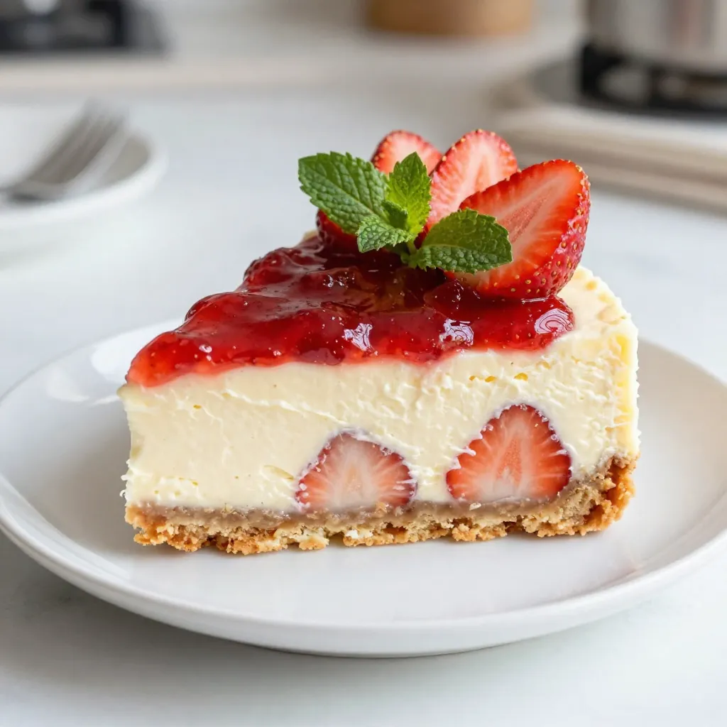 To make a no-bake strawberry cheesecake, you need a few simple ingredients. Here’s the list: - 1 ½ cups digestive biscuit crumbs - 6 tablespoons unsalted butter, melted - 16 oz cream cheese, softened at room temperature - 1 cup powdered sugar, sifted - 2 teaspoons pure vanilla extract - 1 cup heavy cream, chilled - 2 cups fresh strawberries, hulled and sliced - ¼ cup strawberry jam - Fresh mint leaves for garnish (optional) These ingredients create a rich and creamy cheesecake. The digestive biscuit crumbs give the crust a nice crunch. Unsalted butter helps hold it all together. Cream cheese adds a smooth texture. Powdered sugar sweetens the filling perfectly. Vanilla extract enhances the flavor. Chilled heavy cream makes the filling light and fluffy. Fresh strawberries add a burst of fruity goodness. Strawberry jam gives a sweet glaze on top. Finally, mint leaves add a touch of color and freshness. With these ingredients, you can whip up a delightful dessert that everyone will love. Each bite is a perfect mix of sweet and creamy. Enjoy this treat during a warm day or at a special gathering! {{ingredient_image_2}} To start, grab a medium mixing bowl. Add 1 ½ cups of digestive biscuit crumbs and 6 tablespoons of melted unsalted butter. Mix them well until the mixture feels like wet sand. It should hold together when you squeeze it in your hand. Next, take a 9-inch springform pan. Press the crumb mixture firmly into the bottom of the pan. Use the back of a measuring cup or your fingers to pack it down tightly. This step makes sure your crust is stable. While you work on the filling, place the crust in the fridge to firm up. Now, you’ll need a large mixing bowl. Add 16 oz of softened cream cheese to it. Using an electric mixer, beat the cream cheese on medium speed until it's creamy and smooth. Slowly add 1 cup of sifted powdered sugar and 2 teaspoons of pure vanilla extract. Keep mixing until everything is well combined and you don't see any lumps. In a clean bowl, whip 1 cup of chilled heavy cream with a mixer or whisk. You want to whip it until soft peaks form, which takes about 2-3 minutes. Be careful not to over-whip it. Next, take the whipped cream and gently fold it into the cream cheese mixture using a rubber spatula. Mix until it's well blended but still light and airy. Now, fold in 2 cups of hulled and sliced fresh strawberries, but save a few for later. After combining, pour the cheesecake mixture into your prepared crust. Smooth the top with a spatula to make it nice and even. Cover the springform pan tightly with plastic wrap. Place it in the fridge to chill for at least 4 hours. If you can wait overnight, that’s even better for the best setting. Once the cheesecake has set, it’s time for the final touches. Gently heat ¼ cup of strawberry jam in a small saucepan over low heat until it’s pourable. Drizzle the warmed jam over the cheesecake. Arrange the reserved strawberry slices on top for a beautiful finish. Now, carefully unlock and remove the sides of the springform pan. Slice the cheesecake into wedges and serve it chilled. If you want, add fresh mint leaves as a lovely garnish. Enjoy your delicious treat! To get a creamy texture in your cheesecake, start with room temperature cream cheese. Cold cream cheese can give lumps. Use a mixer on medium speed to blend the cream cheese until smooth. Gradually add the powdered sugar and vanilla extract. This step helps combine everything well for a silky filling. Don't rush this part; it makes all the difference in your cheesecake's texture. Whipping cream is easy if you follow a few steps. Always use chilled heavy cream for the best results. Use a clean bowl and whisk or mixer. Start at a low speed and gradually increase it. Watch closely; stop when you see soft peaks. Soft peaks mean it's ready. Avoid over-whipping, as this can turn the cream into butter. When layering strawberries, slice them evenly for a neat look. Reserve some for the top to make your cheesecake pretty. Gently fold sliced strawberries into the filling; this keeps them whole and maintains their shape. When you pour the filling into the crust, smooth the top with a spatula. This helps the layers stay distinct and gives a lovely presentation when you slice it. Pro Tips Use Room Temperature Cream Cheese: Ensure your cream cheese is softened at room temperature for a smoother texture and easier mixing. This helps achieve a lump-free filling. Chill the Ingredients: Chill your mixing bowls and beaters before whipping the cream. This will help the cream whip up faster and maintain its volume. Don’t Overmix: When combining the whipped cream with the cream cheese mixture, be gentle. Overmixing can deflate the whipped cream, resulting in a denser cheesecake. Let It Set Overnight: For the best texture and flavor, allow the cheesecake to chill overnight. This gives the flavors time to meld and ensures a firmer set. {{image_4}} You can add chocolate for a twist. To make a chocolate version, mix cocoa powder into the cream cheese filling. Use about 1/2 cup of unsweetened cocoa powder. This step adds rich, chocolatey notes to your cheesecake. You can also use chocolate cookie crumbs for the crust. Simply replace the digestive biscuits with chocolate cookies. This combination creates a decadent dessert. Want a gluten-free cheesecake? You can easily swap the digestive biscuits. Use gluten-free cookies or almond flour. If using almond flour, mix it with melted butter to form a crust. This keeps the cheesecake tasty and safe for those avoiding gluten. Just make sure all other ingredients are also gluten-free. You can change up the fruit topping to fit your taste. Try blueberries, raspberries, or peaches for a fun twist. Simply replace the strawberries with your fruit of choice. You can also mix fruits for a colorful look. For a tropical feel, add mango slices. This flexibility makes the cheesecake shine with seasonal fruits. To keep your no-bake strawberry cheesecake fresh, cover it tightly. Use plastic wrap or foil. Store it in the fridge for up to three days. Make sure to keep it in the springform pan or a sealed container. This way, it stays moist and tasty. If you want to save some for later, freezing works well. Slice the cheesecake into wedges. Wrap each slice in plastic wrap and then in foil. This keeps them safe from freezer burn. You can freeze the cheesecake for up to two months. When you're ready to eat, just thaw it in the fridge overnight. You do not need to reheat no-bake cheesecake. It is best enjoyed cold. If you want a softer texture, let it sit at room temperature for about 10-15 minutes before serving. This makes the cheesecake creamy and easy to slice. Enjoy it chilled for the best flavor! Yes, you can use frozen strawberries. Just thaw them first. Drain any excess liquid to avoid a soggy cheesecake. Fresh strawberries taste best, but frozen works in a pinch. The cheesecake needs at least 4 hours to chill. I recommend chilling it overnight for the best results. This time helps it set properly and enhances the flavors. You can use coconut cream or whipped coconut milk as a substitute. These options work well for a similar texture. Make sure to chill them before whipping for the best results. Yes, you can make it dairy-free. Use dairy-free cream cheese and coconut cream instead of heavy cream. This way, you can enjoy the cheesecake without dairy. Absolutely! This cheesecake is perfect for making ahead. It stores well in the fridge for up to 3 days. Just cover it tightly to keep it fresh and tasty. This blog post covered the key steps to make a no-bake strawberry cheesecake. We discussed the ingredients, from cream cheese to fresh strawberries. You learned how to prepare the crust, mix the filling, and layer everything. Tips helped ensure a creamy texture, and we explored fun variations. I hope you feel ready to create this delicious dessert. Enjoy making it your own, and share it with friends!