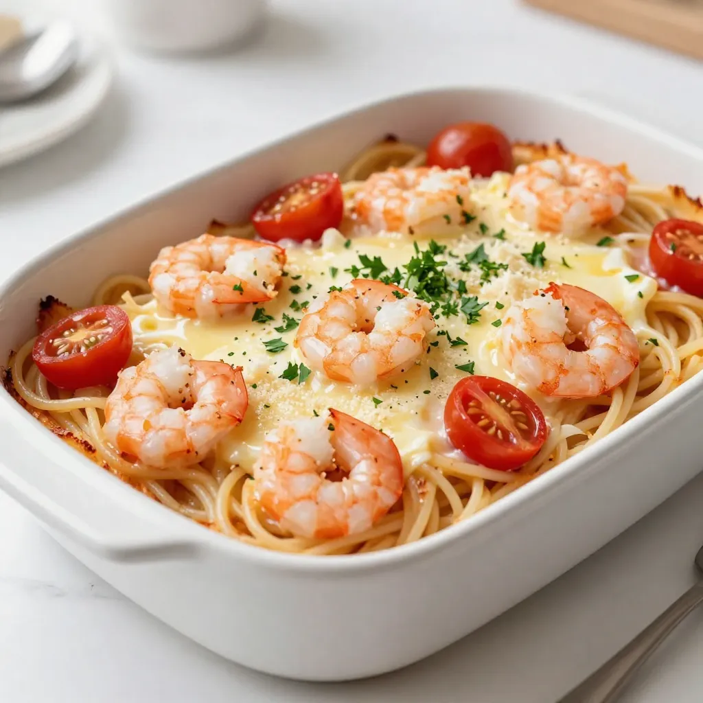 - 8 oz. linguine or penne pasta - 1 lb. large shrimp, peeled and deveined - 4 tablespoons unsalted butter - 4 cloves garlic, minced - 1 teaspoon red pepper flakes - Zest and juice of 1 lemon - 1 cup heavy cream - 1 cup shredded mozzarella cheese - ½ cup grated Parmesan cheese - 1 cup cherry tomatoes, halved - 2 tablespoons fresh parsley, chopped - Salt and pepper to taste - Baking dish (9x13 inch) - Large pot for boiling pasta - Skillet for cooking shrimp - Mixing bowl - Additional spices (e.g., Italian seasoning) - Fresh herbs (e.g., basil or thyme) When making Shrimp Scampi Pasta Bake, you’ll need key ingredients that pack flavor and comfort. Start with 8 oz. of pasta. You can use linguine or penne, based on your taste. I prefer linguine for its ability to hold the sauce well. Next, the star of the dish: 1 lb. of large shrimp. Ensure these are peeled and deveined for ease of eating. The shrimp will soak up the buttery, garlicky flavors, making each bite a delight. For the base, you’ll need 4 tablespoons of unsalted butter. This gives richness to the dish. The butter melts and mixes with 4 cloves of minced garlic. Garlic adds depth and aroma. A kick of heat comes from 1 teaspoon of red pepper flakes. Adjust to your taste. If you like it spicy, add more! To brighten the dish, use the zest and juice of 1 lemon. This adds a nice zing. For creaminess, have 1 cup of heavy cream ready. It makes the dish rich and satisfying. You’ll also need 1 cup of shredded mozzarella cheese and ½ cup of grated Parmesan cheese. These cheeses create a gooey topping that everyone loves. Add 1 cup of halved cherry tomatoes for a burst of freshness and color. Finally, sprinkle in 2 tablespoons of chopped fresh parsley. This adds a pop of green and freshness. Don’t forget to season with salt and pepper to taste. Gather your recommended equipment: a 9x13 inch baking dish for baking, a large pot for boiling the pasta, a skillet for cooking the shrimp, and a mixing bowl for combining everything. You can also enhance flavors with optional ingredients. Consider adding Italian seasoning or fresh herbs like basil or thyme. These can elevate your dish even more! {{ingredient_image_2}} - Preheat the oven to 375°F (190°C). - Boil salted water and cook pasta until al dente. To start, you need a hot oven. This step ensures your pasta bake cooks evenly. While the oven heats, grab a large pot. Fill it with water, add salt, and bring it to a boil. Once boiling, add your pasta. Cook the linguine or penne until it's al dente. This means it should be firm to the bite. After cooking, drain the pasta and let it cool a bit. - Melt butter and sauté garlic and red pepper flakes. - Add shrimp and cook until pink and opaque, seasoning as needed. Next, you’ll cook the shrimp. In a large skillet, melt the butter over medium heat. Once melted, add minced garlic and red pepper flakes. Sauté these for about 1-2 minutes. You want the garlic to smell great, not burn. Now, add the shrimp to the skillet. Cook them for 3-4 minutes, stirring often. The shrimp should turn pink and opaque. Don’t forget to season with salt and pepper for flavor. - Stir in lemon juice, zest, and heavy cream. - Combine cooked pasta, shrimp mixture, tomatoes, and cheeses; transfer to baking dish. - Bake until cheese is melted and golden brown. Now comes the fun part! Stir in the fresh lemon juice, zest, and heavy cream with the shrimp. Mix it well and let it simmer for 2-3 minutes. This helps all the flavors blend. In a large bowl, combine your cooked pasta, the shrimp mixture, halved cherry tomatoes, and half of both cheeses. Gently toss everything together. Grease a 9x13 inch baking dish. Transfer the pasta mixture to it and spread it out evenly. Sprinkle the top with the remaining mozzarella and Parmesan cheese. Now, pop the dish in your preheated oven. Bake for 25-30 minutes. You want the cheese to melt and turn golden brown. Enjoy the wonderful aroma while it bakes! To make sure your shrimp scampi pasta bake cooks evenly, follow these tips: - Ensure even cooking and browning: Spread the pasta mixture evenly in the baking dish. This allows for uniform heat distribution. Watch the edges; they tend to brown faster. You can rotate the dish halfway through baking to help. - Letting the dish rest before serving: After baking, let the dish sit for about 5 minutes. This helps the layers set and makes serving easier. It also allows flavors to meld. Flavor is key in this dish. Here’s how to make it pop: - Balancing creamy and zesty elements: The heavy cream provides richness, while lemon juice gives a bright bite. Adjust these to find your perfect balance. Add more lemon or cream as needed. - Using high-quality ingredients: Fresh shrimp and good cheese can elevate your bake. The better your ingredients, the better the dish. Seek out fresh shrimp and real Parmesan for the best taste. What to serve with your shrimp scampi pasta bake? Here are some ideas: - Recommended side dishes or salads: A simple green salad with lemon vinaigrette pairs well. Garlic bread also complements this dish nicely. - Wine pairings for shrimp scampi pasta bake: A crisp white wine like Sauvignon Blanc is a great match. It enhances the flavors without overpowering them. Pro Tips Perfect Pasta: Be sure to cook the pasta al dente, as it will continue to cook while baking in the oven. Garlic Magic: Watch the garlic closely while sautéing; it should be fragrant but not browned, as burnt garlic can become bitter. Cheesy Goodness: For an extra cheesy topping, mix in some cream cheese or ricotta with your mozzarella before baking. Flavor Boost: Customize the seasoning by adding fresh herbs like basil or thyme for a unique twist on the classic flavor. {{image_4}} You can change the pasta type for fun. Try bowtie or spaghetti instead of linguine or penne. Each shape holds sauce differently, giving you new tastes. For seafood swaps, use scallops or crab if you want. These options add different flavors and textures. You could even mix shrimp with these seafood items for a medley. If you need gluten-free options, look for gluten-free pasta. Many brands make great substitutes that work well in this dish. Just cook them according to the package. For dairy-free options, replace the heavy cream with coconut cream or a nut milk. Use dairy-free cheese to keep the cheesy goodness while avoiding dairy. Seasonal vegetables can brighten your dish. In summer, add zucchini or bell peppers for freshness. In winter, consider using butternut squash or spinach for warmth. You can also adjust flavors based on the season. In summer, use fresh herbs like basil for a bright taste. In winter, add sage or thyme to deepen the dish's warmth. To keep your shrimp scampi pasta bake fresh, store leftovers right away. Place it in an airtight container. This helps keep flavors in and bacteria out. Refrigerate the dish within two hours of baking. Leftovers last about 3 to 4 days in the fridge. To reheat, use the oven or microwave. The oven is best for keeping the texture. Preheat it to 350°F (175°C). Place the pasta bake in a baking dish, cover with foil, and heat for about 20 minutes. For the microwave, heat in short bursts. Stir every minute to help it heat evenly. To refresh flavors, squeeze a bit of lemon juice on top before serving. You can freeze this dish before or after baking. If freezing before baking, wrap the dish tightly with plastic wrap and then foil. This prevents freezer burn. It can stay frozen for up to three months. To freeze after baking, let it cool completely. Store it in an airtight container. When you're ready to eat, thaw it in the fridge overnight. Reheat it as described above. This ensures you enjoy your pasta bake just as much as the first time! You can tell shrimp is cooked when it turns pink and opaque. It should curl slightly. If it looks gray or transparent, it needs more time. Cooking shrimp takes about 3-4 minutes. Keep a close eye to avoid overcooking. Yes, you can prepare the dish in advance. Cook the pasta and shrimp mixture, then mix them together. Place everything in a baking dish, but don’t bake it. Cover and store it in the fridge for up to 24 hours. When ready, just bake it as directed. This dish pairs well with many sides. Consider a fresh green salad for a light touch. Garlic bread also complements it nicely. For a heartier option, serve roasted vegetables or a creamy coleslaw. The spice level can be adjusted to your taste. The red pepper flakes add mild heat. You can use less or more to suit your preference. If you want no heat, skip the flakes altogether. Enjoy the creamy, lemony flavors without spice! This blog post covered the delicious shrimp scampi pasta bake, from ingredients to storage tips. We discussed key ingredients like shrimp, pasta, and creamy sauces, along with ways to enhance flavor. Properly cooking shrimp and pairing side dishes boost your meal. Remember, you can customize this dish for dietary needs or seasonal flavors. Follow the steps to create a tasty meal everyone will enjoy. Enjoy your cooking journey and share this recipe with others!