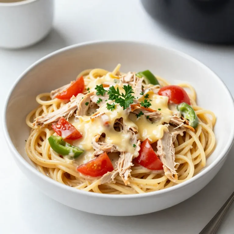 To make Crockpot Creamy Chicken Spaghetti, gather these simple ingredients: - 1 lb (450g) boneless, skinless chicken breasts - 8 oz (225g) spaghetti - 1 can (10.5 oz) cream of mushroom soup - 1 cup chicken broth - 1 cup cream cheese, softened - 1 cup shredded mozzarella cheese - 1 cup diced tomatoes (fresh or canned) - 1 green bell pepper, chopped - 1 onion, finely diced - 3 cloves garlic, minced - 1 tsp Italian seasoning - Salt and pepper to taste - Fresh parsley or basil, chopped (optional garnish) These ingredients create a rich and creamy dish. The chicken will become tender, while the spaghetti absorbs all the flavors. Each component adds depth to the meal, making it satisfying for the whole family. The cream cheese and mushroom soup blend well, creating a smooth sauce. The garlic, onion, and bell pepper provide a nice crunch and flavor. You can also choose to add fresh herbs for a burst of color and taste. Having these ingredients on hand makes it easy to whip up a delicious meal any day of the week. {{ingredient_image_2}} 1. Layering the chicken Start by placing the boneless chicken breasts at the bottom of your crockpot. Spread them out evenly. This helps the chicken cook well and soak up all the flavor. 2. Mixing the sauce ingredients In a medium bowl, combine the cream of mushroom soup, chicken broth, and softened cream cheese. Whisk them until smooth. Add minced garlic, Italian seasoning, salt, and pepper. This mixture is creamy and rich, adding great taste to the dish. 3. Adding vegetables to the mix Pour the creamy sauce over the chicken. Then, add the chopped green bell pepper, diced onion, and diced tomatoes on top. Do not stir yet. This layering helps keep the flavors separate during cooking. 1. Cooking times and settings Cover the crockpot and set it to cook on low for 6-8 hours or on high for 3-4 hours. The chicken will be tender when done. Check it with a fork to make sure it’s cooked through. 2. Shredding the chicken After cooking, remove the chicken from the crockpot. Use two forks to shred it into bite-sized pieces. This step makes it easy to mix back into the sauce. 3. Incorporating spaghetti Break the spaghetti in half and stir it gently into the creamy mixture. Make sure the pasta is fully submerged. Cover again and cook on high for an additional 30 minutes, or until the spaghetti is cooked al dente. This recipe is simple but full of flavor. Enjoy the delightful dish with your family! To boost the taste of your dish, you can adjust the seasonings. Try adding more garlic or Italian seasoning. A splash of hot sauce can add a kick. If you want a richer flavor, mix in some grated Parmesan cheese. For garnishes, fresh parsley or basil adds color and freshness. You can also sprinkle some extra mozzarella on top before serving. For tender chicken, ensure you cook it on low heat. This helps keep the meat juicy. If you’re in a hurry, the high setting works too, but be careful not to overcook the chicken. To cook spaghetti perfectly, break it in half before adding. Stir it in gently after shredding the chicken. Cover the crockpot again to help it cook evenly. Check the pasta after 30 minutes to see if it’s al dente. If not, give it a bit more time. Pro Tips Use Frozen Chicken: For an even easier prep, you can throw frozen chicken breasts directly into the crockpot. Just adjust the cooking time to ensure they reach the proper temperature. Experiment with Veggies: Add more vegetables like mushrooms, spinach, or zucchini for extra nutrition and flavor. Just make sure any added veggies are cut into small pieces for even cooking. Choose Your Pasta Wisely: If you prefer, swap spaghetti for whole wheat or gluten-free pasta. Just note that cooking times may vary, so keep an eye on it! Leftover Magic: This dish makes for great leftovers! Store in an airtight container in the fridge for up to 3 days, and reheat gently on the stove or in the microwave. {{image_4}} You can switch up the pasta for variety. Penne or fusilli work great in this dish. These shapes hold sauce well, just like spaghetti. You can also use whole wheat or chickpea pasta for a healthier option. For vegetables, try mixing in what you have. Zucchini or spinach can add a fresh touch. You can even throw in some carrots or peas for color and texture. Just chop them small so they cook through. If you need gluten-free options, use gluten-free pasta. Many brands offer great choices that taste good too. Check the labels to ensure they fit your needs. For low-fat substitutions, use reduced-fat cream cheese. You can also pick a low-fat cream of mushroom soup. These swaps keep the dish creamy while cutting down on fat. You can enjoy your meal without the extra calories! To keep your Crockpot Creamy Chicken Spaghetti fresh, store the leftovers in an airtight container. Place the container in the fridge. This dish stays good for up to three days. If you want to keep it longer, freeze it instead. Just remember to use freezer-safe containers. It can last up to three months in the freezer. When it's time to enjoy your leftovers, there are a few best methods for reheating. The microwave works well. Heat it in short bursts, stirring in between. You can also use a stovetop. Just place it in a pan over low heat, stirring often until it's warm. If you freeze the meal, let it thaw in the fridge overnight before reheating. This makes sure it warms evenly. Can I use frozen chicken? Yes, you can use frozen chicken. Just add a bit more cooking time. It is best to cook it for about 8 to 10 hours on low. This way, the chicken stays juicy and tender. How do I make this recipe spicier? To spice things up, add red pepper flakes or hot sauce. You can also use spicy sausage instead of chicken. Adjust to your heat level for a nice kick. Can I make this dish vegetarian? Yes, you can make it vegetarian! Use a meat substitute, like tofu or tempeh. Swap the chicken broth for vegetable broth. This will keep all the creamy goodness. What can I serve with Crockpot Creamy Chicken Spaghetti? Pair this dish with a fresh salad or garlic bread. You can also serve steamed veggies to add color and nutrition. These sides balance the meal nicely. Can I prepare this ahead of time? Absolutely! You can prep the ingredients the night before. Just store them in the fridge. In the morning, place everything in the crockpot and start cooking. It’s a great time-saver! This blog post provided a simple guide for making Crockpot Creamy Chicken Spaghetti. We covered ingredient lists, step-by-step cooking instructions, and helpful tips to enhance flavor. You can easily adapt this dish, whether by changing pasta or making it gluten-free. Remember to store leftovers correctly for future meals. Enjoy this dish with family or friends. Cooking should be fun and stress-free. Dive into this recipe and make it your go-to meal!