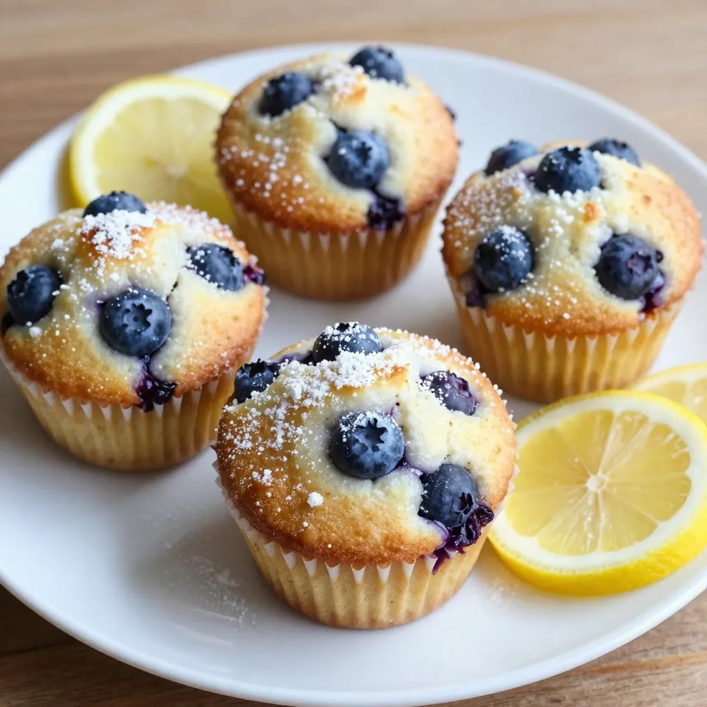 - 1 cup all-purpose flour - 1 cup whole wheat flour - 1 teaspoon baking powder - 1 teaspoon baking soda - ½ teaspoon sea salt - 1 cup granulated sugar For the dry mix, I love using both all-purpose and whole wheat flour. The whole wheat adds a nice, nutty flavor and boosts nutrition. Baking powder and baking soda help the muffins rise. Sea salt balances the sweetness and enhances flavor. Granulated sugar gives the muffins a lovely sweetness and helps them brown. - 2 large eggs, at room temperature - 1 cup plain yogurt - 1/3 cup vegetable oil (or melted coconut oil) - Zest of 1 large lemon - 2 tablespoons freshly squeezed lemon juice For the wet mix, I use room-temperature eggs to help with rising. Yogurt adds moisture and richness. I often choose Greek yogurt for creaminess. Oil adds softness and flavor. Lemon zest and juice provide a bright, fresh taste that pairs perfectly with blueberries. - 1 cup fresh blueberries (or frozen) When it comes to add-ins, I recommend fresh blueberries for the best taste. They burst with flavor as they bake. If fresh berries are hard to find, frozen ones work well too. Just remember to fold them in gently to keep them intact. {{ingredient_image_2}} First, preheat your oven to 350°F (175°C). This helps the muffins bake evenly. While the oven heats, line a standard muffin tin with paper liners. If you don't have liners, grease each cup with cooking spray. This keeps the muffins from sticking. In a large mixing bowl, combine 1 cup of all-purpose flour and 1 cup of whole wheat flour. Add 1 teaspoon of baking powder, 1 teaspoon of baking soda, and ½ teaspoon of sea salt. Whisk these dry ingredients together well. This step is key to having even flavors in your muffins. In a separate bowl, beat 1 cup of granulated sugar with 2 large eggs until the mix is pale and fluffy. Next, add 1 cup of plain yogurt, 1/3 cup of vegetable oil, the zest of 1 large lemon, and 2 tablespoons of freshly squeezed lemon juice. Mix until smooth and creamy. This mixture makes your muffins moist and tasty. Now, pour the wet mixture into the bowl with the dry ingredients. Use a spatula to fold the two together gently. Stop mixing when you see a few lumps; overmixing can make the muffins tough. Then, add 1 cup of fresh blueberries. Fold them in softly to keep them whole. Spoon the batter into the prepared muffin cups. Fill each cup about two-thirds full for the best rise. Place the muffin tin in the oven and bake for 18-20 minutes. To check doneness, insert a toothpick into the center of a muffin. If it comes out clean, they are ready! After baking, remove the muffins from the oven. Let them cool in the tin for about 5 minutes. Then, transfer them to a wire rack. This helps them cool completely. For a nice presentation, arrange the muffins on a platter. A dusting of powdered sugar on top makes them look even more delightful! - Yogurt alternatives: You can use dairy-free yogurt for a vegan option. A thick coconut yogurt works well. If you prefer a lighter taste, try using buttermilk or sour cream. - Oil options for flavor: Instead of vegetable oil, melted coconut oil adds a nice flavor. You can also use olive oil for a richer taste. - Mixing techniques to avoid overmixing: Always mix gently. Overmixing makes muffins tough. Stop mixing when you see small lumps. This keeps your muffins light and fluffy. - Importance of room temperature ingredients: Use eggs and yogurt at room temperature. This helps your batter mix better. It also gives your muffins a soft texture. - Additional spices or zests: Try adding a pinch of cinnamon or nutmeg for a warm flavor. You can also add more lemon zest for extra zing. - Serving suggestions for a delightful experience: Serve your muffins warm with a pat of butter. A drizzle of honey or maple syrup makes them even better. You can also add fresh fruit on the side for a colorful plate. Pro Tips Fresh Blueberries: Always opt for fresh blueberries when possible, as they provide the best flavor and texture. If using frozen, do not thaw them to prevent excess moisture in the batter. Room Temperature Eggs: Using eggs at room temperature helps them blend better into the batter, resulting in a lighter muffin. Take the eggs out of the fridge about 30 minutes before you start baking. Avoid Overmixing: Mix the batter just until combined. Overmixing can lead to dense muffins. A few lumps are perfectly fine! Cooling Time: Let the muffins cool in the tin for a few minutes before transferring to a wire rack. This helps them set and makes them easier to remove without breaking. {{image_4}} You can enhance the taste of your muffins by adding nuts. Walnuts or almonds add a nice crunch. Just chop them up and fold them into the batter. Another fun idea is to swap out blueberries for different berries. Raspberries or strawberries can give a new twist. Each berry brings its own flavor and color to your muffins. If you want a healthier treat, consider reducing the sugar. You can also use sugar alternatives like honey or maple syrup. This helps lower calories without losing taste. Using whole wheat flour is another great option. Whole wheat adds fiber and makes the muffins more filling. You can mix it with all-purpose flour for balance. Making mini muffins is a fun twist. You just need to adjust the bake time. Bake them for about 12-15 minutes instead of 18-20 minutes. Handling the batter is also different for mini muffins. You may need to be a bit gentler to keep them light and fluffy. Enjoy experimenting with these variations! To keep your blueberry lemon yogurt muffins fresh, store them in an airtight container. This helps prevent them from drying out. You can keep them at room temperature for up to three days. Make sure they cool completely before sealing. This ensures they stay soft. If you want to save muffins for later, freezing is a great option. Wrap each muffin in plastic wrap, then place them in a freezer bag. This helps keep them fresh for up to three months. When ready to eat, take a muffin out and thaw it in the fridge overnight. You can also reheat it in the microwave for about 20 seconds. This brings back the warm, fresh taste. Always check your muffins for signs of spoilage. Fresh muffins are soft and moist. If they feel hard or dry, they may be past their prime. Also, watch for mold or strange smells. To keep them fresh longer, store them properly and check them often. Enjoy your muffins at their best! Yes, you can use frozen blueberries. They are safe and easy to find. Frozen berries may burst and color the batter more than fresh berries. This makes them just as tasty, but the look may change. Make sure to mix them in gently. This keeps them intact and avoids a blue batter. If you need a yogurt substitute, try these options: - Sour cream - Buttermilk - Silken tofu (for a vegan option) - Non-dairy yogurt (like almond or coconut yogurt) These choices can match the creaminess of yogurt. They also provide good texture and taste. To make muffins more moist, consider these tips: - Use Greek yogurt for extra creaminess. - Add a bit more oil. - Include more fruit, like mashed bananas or applesauce. - Avoid overmixing the batter. This keeps the muffins light and fluffy. Yes, you can make these muffins gluten-free. Here are some flour options: - Almond flour - Coconut flour - Gluten-free all-purpose flour These flours will change texture slightly. Make sure to add xanthan gum if the mix doesn’t already contain it. This helps bind the ingredients together. These muffins combine simple dry and wet ingredients for great flavor. You can mix them in no time and customize them with your favorite add-ins. We covered tips to keep your muffins fluffy and delicious, and I shared storage solutions for freshness. Now, let your creativity shine with different flavors! Whether you stick to classic blueberries or try nuts and spices, these muffins will please everyone. Enjoy the baking process and share your tasty treats with others.