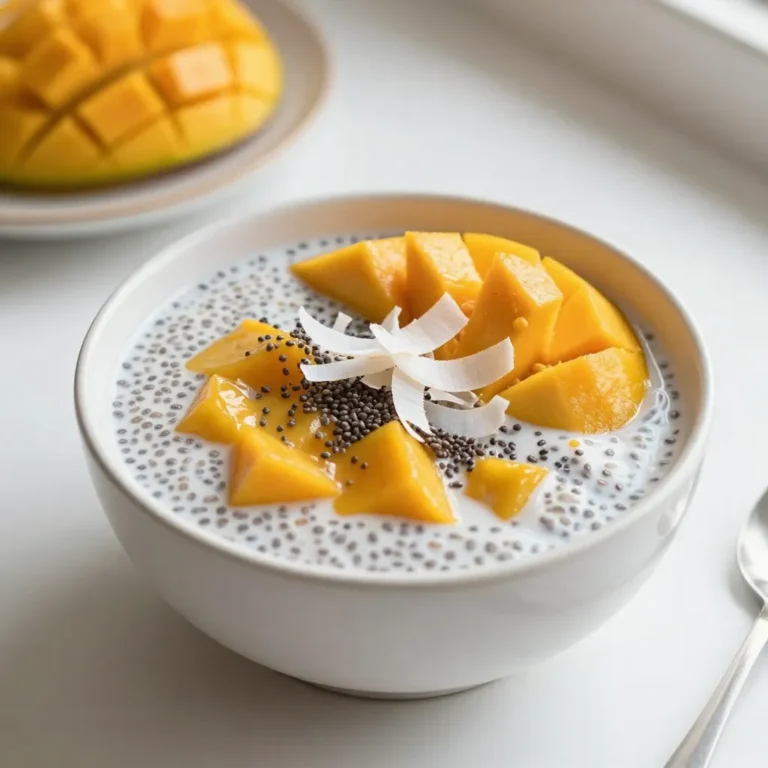 - 1 cup coconut milk (full-fat for creaminess) - 1 cup ripe mango, pureed (about 1 large mango) - 1/4 cup chia seeds - 2 tablespoons maple syrup (or honey) - 1/2 teaspoon pure vanilla extract - A pinch of sea salt - Fresh mango slices and a handful of shredded coconut for garnishing The first star of this dish is the coconut milk. I always use full-fat coconut milk because it gives a rich and creamy texture. It makes the pudding feel indulgent and smooth. Next is the ripe mango. Pureed mango adds natural sweetness and a vibrant color. I usually pick a large, ripe mango for this recipe. Ripe mangoes have a pleasant taste that shines through. Chia seeds are the magic ingredient here. They soak up the liquid and create that unique pudding texture. Plus, they are packed with fiber and omega-3s, making this dessert healthy. For sweetness, I use either maple syrup or honey. Both options work well. Maple syrup is my favorite for its rich flavor, but honey is just as good. A touch of pure vanilla extract adds warmth. It makes the pudding smell amazing. Finally, a pinch of sea salt brings out all the flavors. When it comes to garnishes, I love to top the pudding with fresh mango slices and some shredded coconut. They add a delightful crunch and beautiful look. {{ingredient_image_2}} 1. Combining ingredients in a mixing bowl Start by taking a medium bowl. Pour in 1 cup of coconut milk. Next, add 1 cup of ripe mango puree. This will give your pudding a sweet flavor. Then, mix in 2 tablespoons of maple syrup for extra sweetness. Don’t forget to add 1/2 teaspoon of pure vanilla extract and a pinch of sea salt. Whisk these together until they are smooth and blended well. 2. Stirring in chia seeds After mixing, gradually stir in 1/4 cup of chia seeds. Make sure to mix well so the seeds spread evenly. This step is key to avoid clumps in your pudding. The chia seeds will help thicken the mixture as it sits. 3. Covering and refrigerating the mixture Once everything is mixed, cover your bowl tightly. You can use plastic wrap or a lid. Place it in the refrigerator. Let it chill for at least 4 hours. If you have the time, letting it sit overnight is best. This way, the chia seeds soak up the liquid and create a delicious pudding texture. 1. How to prepare servings After chilling, take the pudding out of the fridge. Give it a gentle stir to break up any clumps. Use a spoon to scoop the pudding into individual glasses or bowls. Fill them about three-quarters full for the best look and taste. 2. Tips for garnishing For a beautiful finish, top each serving with fresh mango slices. You can arrange them nicely on top. Add a sprinkle of shredded coconut for extra flavor and fun texture. This makes your pudding not just tasty but also visually appealing! To make the best chia pudding, chilling time is crucial. You need to let the pudding sit for at least four hours. I recommend overnight for the best texture. This time allows the chia seeds to soak in the liquid. They expand and create that lovely pudding-like feel. Even chia seed distribution is also key. When you mix in the seeds, stir slowly and thoroughly. This helps prevent clumps. If you notice any clumps after chilling, gently stir them apart before serving. Your pudding will be smooth and creamy. When you have leftovers, store them in the fridge. The pudding lasts about three to five days. Make sure to keep it in an airtight container. This will help maintain its freshness and flavor. To keep the texture, avoid freezing the pudding. Freezing can make it watery when thawed. If you do have to freeze it, stir well before serving. This will help bring back some of that creamy texture. Enjoy your pudding at its best! Pro Tips Choose the Right Mango: Make sure to use a ripe, sweet mango for the best flavor. Look for mangoes that are slightly soft to the touch and have a fruity aroma. Let it Chill Overnight: For the best texture, let the chia pudding sit overnight in the refrigerator. This allows the chia seeds to fully absorb the liquid and creates a creamier pudding. Experiment with Sweetness: Adjust the sweetness of the pudding to your preference by adding more or less maple syrup or honey. You can also try using agave nectar for a different flavor profile. Add Flavor Variations: Enhance the pudding by adding spices such as cinnamon or nutmeg, or mix in a tablespoon of lime juice for a zesty twist. {{image_4}} You can make this mango coconut chia pudding even yummier. Try adding other fruit purees. Pineapple adds a bright zing, while banana brings a smooth sweetness. Both pair well with coconut and mango. If you like sweeter puddings, swap the maple syrup for different sweeteners. Agave syrup is milder, and stevia offers a zero-calorie choice. Each option gives a new twist to this dish. This pudding can fit many diets. For vegan options, use maple syrup instead of honey. The rest of the ingredients are already plant-based. If you need a nut-free recipe, you’re in luck! Coconut milk is a great choice, and the pudding is naturally nut-free. This way, everyone can enjoy this delicious treat without worry. Coconut milk and its nutrients Coconut milk brings a creamy texture. It is rich in healthy fats. These fats help keep your heart healthy. It also has vitamins C, E, and B vitamins. These vitamins boost your immune system and energy levels. Benefits of chia seeds and mango Chia seeds are tiny but mighty! They are high in fiber and protein. This helps you feel full longer. They also contain omega-3 fatty acids, great for your brain. Mango adds sweetness and is loaded with vitamins A and C. This fruit supports your skin and eye health. Total calories per serving Each serving of this pudding has about 230 calories. This makes it a light and tasty treat. Macro nutrient information - Fats: 12 grams - Carbohydrates: 30 grams - Proteins: 4 grams This balance of nutrients helps you enjoy a healthy dessert without the guilt. How long does the pudding last in the fridge? Mango coconut chia pudding lasts for about five days in the fridge. Store it in an airtight container to keep it fresh. Can I use other types of milk? Yes, you can use almond milk, soy milk, or oat milk. Each type adds a unique taste and texture. What can I substitute for maple syrup? You can use honey, agave syrup, or even stevia. Each sweetener changes the flavor a bit, so choose what you like best. Is chia pudding gluten-free? Yes, chia pudding is naturally gluten-free. It’s safe for people with gluten allergies or sensitivities. Enjoy it worry-free! This blog post outlined a simple recipe for mango coconut chia pudding. We covered the key ingredients and how to prepare them. I shared tips on achieving the best texture and ideas for serving. You can easily adapt this recipe to fit your taste and diet, making it versatile. Remember, chilling is vital for the right consistency. Enjoying this healthy treat can boost your nutrition too. Dive into a bowl of flavor and goodness that satisfies!