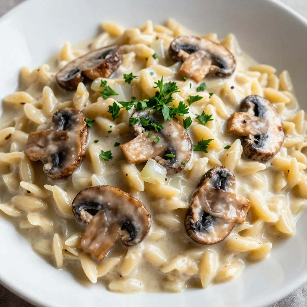 To make creamy mushroom orzo, you will need these simple items: - 1 cup orzo pasta - 2 tablespoons olive oil - 1 medium onion, finely chopped - 3 cloves garlic, minced - 8 ounces mushrooms (cremini or button), sliced - 4 cups vegetable broth - 1 cup heavy cream (or choice of non-dairy alternative) - 1/2 cup grated Parmesan cheese (or nutritional yeast for a vegan option) - 1 teaspoon dried thyme - Salt and freshly cracked pepper, to taste - Fresh parsley, chopped, for garnish You can switch out ingredients for your taste or needs. Here are some easy swaps: - Orzo pasta: Use quinoa or rice for gluten-free options. - Olive oil: Canola or avocado oil works well too. - Heavy cream: Try coconut cream or cashew cream for dairy-free. - Parmesan cheese: Nutritional yeast adds a nice cheesy flavor for vegan dishes. - Thyme: Fresh herbs like rosemary or parsley can change the flavor a bit. Garnishes can make your dish pop. Here are a few ideas to consider: - Freshly chopped parsley adds color and brightness. - A drizzle of extra olive oil gives richness. - Extra Parmesan cheese or nutritional yeast enhances flavor. - Crushed red pepper flakes can add a little heat. {{ingredient_image_2}} Start by gathering all your ingredients. This makes cooking smooth and fun. Measure out 1 cup of orzo pasta. Chop 1 medium onion finely and mince 3 cloves of garlic. Slice 8 ounces of mushrooms. You can use cremini or button mushrooms. Have 4 cups of vegetable broth ready. Measure 1 cup of heavy cream or a non-dairy choice. Grate 1/2 cup of Parmesan cheese or use nutritional yeast for a vegan dish. Lastly, chop fresh parsley for garnish. 1. Heat 2 tablespoons of olive oil in a large skillet over medium heat. 2. Add the chopped onion and cook for about 5 minutes. You want it soft and clear. 3. Next, add the minced garlic and sliced mushrooms. Sauté for 7-8 minutes. The mushrooms should be tender and their moisture gone. 4. Stir in the orzo pasta, making sure it mixes well with the onion and mushroom. 5. Gradually pour in the vegetable broth, stirring all the time. Bring it to a gentle simmer. 6. Let it cook for 10-12 minutes. The orzo should be al dente and most of the broth absorbed. 7. Reduce heat and stir in the heavy cream, grated Parmesan, and dried thyme. Add salt and pepper to taste. 8. Cook for another 2-3 minutes until creamy. 9. Remove from heat and let it sit for a few minutes. This helps thicken the dish. To get that creamy feel, use heavy cream. If you want a lighter option, choose a non-dairy milk. Stirring well while adding the cream helps blend it smoothly. Adjust the heat low when adding cream. This prevents it from boiling and keeps it rich. If it seems too thick, add more vegetable broth. Finally, let it sit after cooking. This makes it even creamier. Enjoy your delicious meal! One common mistake is overcooking the orzo. Keep an eye on the pasta. It should be firm, not mushy. Another mistake is not letting the mushrooms brown. Browning adds nice flavor, so let them cook until they are golden. Lastly, don’t skip seasoning. A little salt and pepper makes a big difference in taste. To boost flavor, try adding fresh herbs like basil or chives. You can also mix in a splash of white wine before adding broth. This step adds depth and a touch of acidity. For a richer taste, use homemade vegetable broth instead of store-bought. Lastly, finish with a drizzle of truffle oil for an upscale flavor. For this recipe, use a large skillet. A non-stick skillet can help prevent sticking. A wooden spoon is great for stirring. If you have it, a microplane is perfect for grating cheese. A measuring cup will help you with precise broth and cream amounts. Lastly, keep a sharp knife handy for chopping onions and mushrooms. Pro Tips Use Fresh Ingredients: For the best flavor, opt for fresh mushrooms and herbs. Fresh ingredients can elevate the taste of your dish significantly. Customize Your Creaminess: Adjust the amount of heavy cream or dairy alternative to achieve your desired level of creaminess. You can also add a splash of pasta cooking water for extra richness. Experiment with Add-ins: Feel free to incorporate other vegetables like spinach or peas, or proteins like grilled chicken or shrimp for a heartier meal. Let It Rest: Allow the dish to sit for a few minutes after cooking. This helps thicken the sauce and enhances the overall flavor as it settles. {{image_4}} You can easily make this dish vegan. Swap the heavy cream for a non-dairy option like coconut milk or cashew cream. Instead of Parmesan cheese, use nutritional yeast for a cheesy flavor. This keeps your dish creamy and rich while being dairy-free. Want to change the flavor? Add fresh herbs like basil, dill, or parsley. They bring brightness to your meal. You can also toss in vegetables such as spinach, peas, or bell peppers. These add color and nutrition. Just add them when you stir in the orzo. For a heartier meal, consider adding protein. Cooked chicken or shrimp works great in this dish. You can add them after the mushrooms have cooked. Mix them in just before you add the cream. This adds extra flavor and makes your meal filling. To store leftover creamy mushroom orzo, first cool it down. Place the orzo in an airtight container. Make sure to seal it tightly. Store it in the fridge for up to three days. This keeps the flavors fresh and tasty. When you’re ready to eat, reheat the orzo on the stove. Add a splash of vegetable broth or cream to keep it creamy. Stir gently over medium heat. You can also use a microwave. Heat it in short bursts to avoid drying it out. Check for warmth before serving. If you want to freeze the orzo, use a freezer-safe container. Leave some space at the top for expansion. It can last for up to two months in the freezer. To thaw, move it to the fridge overnight. Reheat it gently when you’re ready to enjoy again. Orzo is a small, rice-shaped pasta. It cooks quickly and has a nice chewy texture. You can use it in salads, soups, or as a side dish. In this recipe, orzo absorbs the flavors of the creamy sauce and mushrooms. It makes the dish filling and delicious. Yes! You can use various mushrooms in this dish. Cremini and button mushrooms work well. You might try shiitake or portobello for a deeper flavor. Each type adds its own taste. Mixing mushrooms can also enhance the dish. Feel free to experiment with what you have on hand. To make creamy mushroom orzo gluten-free, swap the orzo for gluten-free pasta. Many brands offer rice-shaped gluten-free options. Just be sure to check the label to ensure it’s gluten-free. The rest of the recipe stays the same. You can still enjoy the creamy goodness without gluten. This article covered all you need to know about making a tasty dish with orzo pasta. We went over the key ingredients and how to make it creamy. I shared important tips to avoid common mistakes and thoughts on flavoring it just right. You learned about delicious variations, storage, and reheating instructions. Cooking can be simple and fun. With these tips, you are ready to impress! Get creative and enjoy your cooking journey.