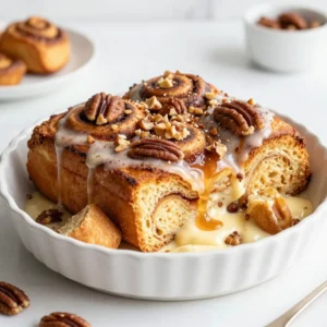 To make this delightful Cinnamon Roll French Toast Bake, you will need: - 2 cans of refrigerated cinnamon rolls (with icing) - 6 large eggs - 1 cup milk (your choice) - 1 teaspoon pure vanilla extract - 1 teaspoon ground cinnamon - 1/4 teaspoon nutmeg (optional) - 1/4 cup maple syrup (pure for best flavor) - Butter or cooking spray (for greasing the dish) To add more flavor and texture, consider these garnishes: - Chopped pecans - Chopped walnuts These nuts add a nice crunch and work well with the soft rolls. If you need to change some ingredients, here are some good swaps: - Use almond milk or oat milk instead of dairy milk. - Replace eggs with flax eggs for a vegan option. - Use honey or agave syrup instead of maple syrup for sweetness. Feel free to mix and match! The goal is to create a dish you love. {{ingredient_image_2}} First, preheat your oven to 350&deg;F (175&deg;C). Grab a 9x13 inch baking dish. Grease it well with butter or cooking spray. This step helps the cinnamon rolls not stick. A good greasing makes cleanup easier too. Next, open the cans of cinnamon rolls. Use kitchen scissors or a knife to cut each roll into quarters. This makes them bite-sized and easier to coat. Spread the quartered rolls evenly in the prepared dish. Leave some space between them for even baking. In a large bowl, whisk together 6 large eggs and 1 cup of milk. Add 1 teaspoon of pure vanilla extract for sweetness. Then mix in 1 teaspoon of ground cinnamon. If you like, add 1/4 teaspoon of nutmeg for a warm flavor. Finally, stir in 1/4 cup of maple syrup. Whisk until it&rsquo;s well mixed and frothy. Now, carefully pour the custard mixture over the cinnamon roll pieces. Use a spatula or your hands to press down lightly. This helps each piece absorb the mixture. Place the dish in your preheated oven and bake for 25-30 minutes. Look for a golden brown top and a center that is firm. Once baked, take the dish out and let it cool for 5-10 minutes. While it cools, warm the icing from the cinnamon rolls in the microwave for 10-15 seconds. This makes it easier to drizzle. Pour the warmed icing over the bake. For some crunch, sprinkle chopped pecans or walnuts on top. Cut into squares and serve warm. Pair it with extra maple syrup for those who want more sweetness. Enjoy! To get the best bake, follow these steps: - Preheat your oven to 350&deg;F (175&deg;C). This ensures even cooking. - Space out the cinnamon roll pieces in the dish. Crowding them can lead to soggy sections. - Bake for 25-30 minutes, watching for a golden top. The center should not jiggle. - Let it cool for 5-10 minutes before serving. This helps the dish set. Avoid these common mistakes for a great bake: - Skipping the greasing step can cause sticking. Always grease your dish! - Cutting the cinnamon rolls too small can lead to uneven baking. Aim for quarters. - Not pressing down the rolls after pouring the custard can leave some dry. Make sure every piece gets coated. - Forgetting to warm the icing makes drizzling harder. A quick heat in the microwave helps. Serve your cinnamon roll bake warm for the best taste. The ideal temperature is around 130&deg;F (54&deg;C). This keeps the flavors bright and the icing gooey. If you like, add extra maple syrup on the side. It adds a nice touch! Enjoy your bake as a cozy breakfast or brunch treat. Pro Tips Use Day-Old Cinnamon Rolls: If you have leftover cinnamon rolls from a previous day, they will work perfectly for this recipe as they will absorb the custard mixture better. Experiment with Flavors: Try adding a splash of orange juice or some zest to the custard mix for a unique twist on the classic flavor. Check for Doneness: Use a toothpick to check the center of the bake. If it comes out clean, it's ready; if not, give it a few more minutes in the oven. Garnish Wisely: Add fresh fruit like sliced strawberries or blueberries on top for a pop of color and freshness that complements the sweetness. {{image_4}} You can change the flavor of your cinnamon roll French toast bake easily. Try these ideas: - Chocolate Chip: Add chocolate chips for a rich twist. - Pumpkin Spice: Use pumpkin puree and add pumpkin spice for fall vibes. - Apple Cinnamon: Mix in diced apples and extra cinnamon for a fruity touch. - Berry Bliss: Toss in fresh or frozen berries for a burst of flavor. These variations keep your breakfast exciting and fun! You can make this recipe a bit lighter with these swaps: - Eggs: Use egg whites or a flaxseed mixture instead of whole eggs. - Milk: Try almond milk or oat milk for a dairy-free option. - Cinnamon Rolls: Use whole grain or low-sugar cinnamon rolls. - Maple Syrup: Swap maple syrup for honey or agave nectar for less sugar. These changes help you enjoy the dish while being mindful of health. Toppings can elevate your French toast bake. Here are some yummy ideas: - Whipped Cream: A dollop of whipped cream adds sweetness and fun. - Fresh Fruit: Serve with bananas, strawberries, or blueberries for freshness. - Yogurt: A scoop of Greek yogurt adds creaminess and protein. - Nut Butters: Drizzle almond or peanut butter for extra flavor. These toppings make your meal more vibrant and delicious! Store any leftover Cinnamon Roll French Toast Bake in an airtight container. Keep it in the fridge for up to three days. If you want to keep it longer, you can freeze it. To reheat, place a portion on a microwave-safe plate. Heat it on high for 30-60 seconds. Check to see if it's warm all the way through. If you prefer the oven, preheat it to 350&deg;F. Bake for about 10-15 minutes until warm. If you want to freeze this dish, let it cool completely first. Cut it into squares and wrap each piece in plastic wrap. Then place the wrapped pieces in a freezer bag. Store in the freezer for up to three months. When ready to eat, thaw in the fridge overnight before reheating. Yes, you can make this dish ahead of time. Prepare it up to step 4. Cover the dish and store it in the fridge overnight. In the morning, just bake it as directed. This saves time and makes breakfast easier. You have many choices for milk alternatives. Use almond milk, soy milk, or oat milk. Each option gives a different flavor, but they all work well. Just pick your favorite. To check if it's done, look for a golden brown top. The center should not jiggle. You can insert a knife or toothpick into the center. If it comes out clean, it's ready. Yes, homemade cinnamon rolls are great for this bake. Just cut them into quarters like store-bought rolls. They will add a personal touch to your dish and make it even more special. Absolutely! You can add fruits like berries, bananas, or apples. Just fold them in with the cinnamon roll pieces. This adds flavor and a nice texture to your breakfast bake. In this post, we explored how to make a delicious Cinnamon Roll French Toast Bake. We covered key ingredients, optional garnishes, and suggested substitutions. You now have step-by-step instructions for baking, tips for perfecting your dish, and variations to try. Don&rsquo;t forget about storage options and FAQs for your convenience. Enjoy this simple, tasty treat with friends or family. Happy baking!