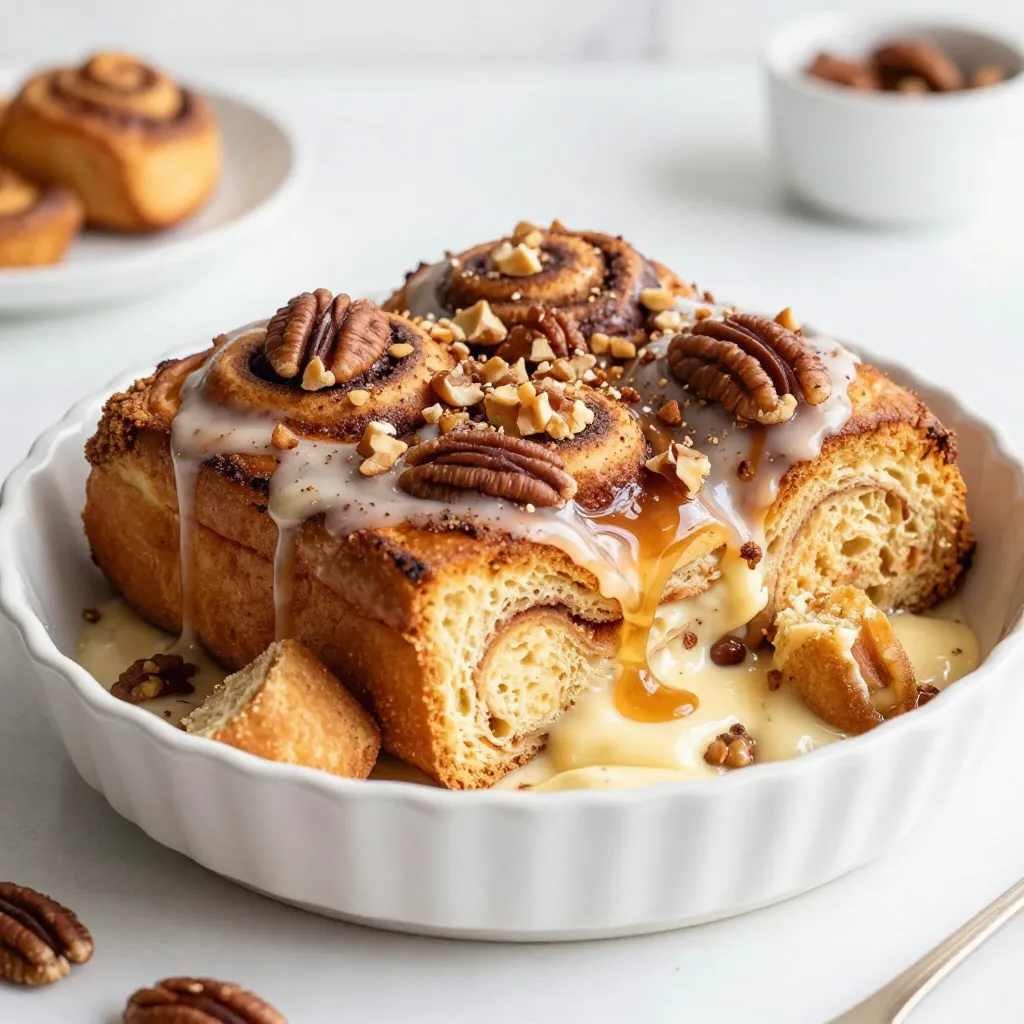 To make this delightful Cinnamon Roll French Toast Bake, you will need: - 2 cans of refrigerated cinnamon rolls (with icing) - 6 large eggs - 1 cup milk (your choice) - 1 teaspoon pure vanilla extract - 1 teaspoon ground cinnamon - 1/4 teaspoon nutmeg (optional) - 1/4 cup maple syrup (pure for best flavor) - Butter or cooking spray (for greasing the dish) To add more flavor and texture, consider these garnishes: - Chopped pecans - Chopped walnuts These nuts add a nice crunch and work well with the soft rolls. If you need to change some ingredients, here are some good swaps: - Use almond milk or oat milk instead of dairy milk. - Replace eggs with flax eggs for a vegan option. - Use honey or agave syrup instead of maple syrup for sweetness. Feel free to mix and match! The goal is to create a dish you love. {{ingredient_image_2}} First, preheat your oven to 350°F (175°C). Grab a 9x13 inch baking dish. Grease it well with butter or cooking spray. This step helps the cinnamon rolls not stick. A good greasing makes cleanup easier too. Next, open the cans of cinnamon rolls. Use kitchen scissors or a knife to cut each roll into quarters. This makes them bite-sized and easier to coat. Spread the quartered rolls evenly in the prepared dish. Leave some space between them for even baking. In a large bowl, whisk together 6 large eggs and 1 cup of milk. Add 1 teaspoon of pure vanilla extract for sweetness. Then mix in 1 teaspoon of ground cinnamon. If you like, add 1/4 teaspoon of nutmeg for a warm flavor. Finally, stir in 1/4 cup of maple syrup. Whisk until it’s well mixed and frothy. Now, carefully pour the custard mixture over the cinnamon roll pieces. Use a spatula or your hands to press down lightly. This helps each piece absorb the mixture. Place the dish in your preheated oven and bake for 25-30 minutes. Look for a golden brown top and a center that is firm. Once baked, take the dish out and let it cool for 5-10 minutes. While it cools, warm the icing from the cinnamon rolls in the microwave for 10-15 seconds. This makes it easier to drizzle. Pour the warmed icing over the bake. For some crunch, sprinkle chopped pecans or walnuts on top. Cut into squares and serve warm. Pair it with extra maple syrup for those who want more sweetness. Enjoy! To get the best bake, follow these steps: - Preheat your oven to 350°F (175°C). This ensures even cooking. - Space out the cinnamon roll pieces in the dish. Crowding them can lead to soggy sections. - Bake for 25-30 minutes, watching for a golden top. The center should not jiggle. - Let it cool for 5-10 minutes before serving. This helps the dish set. Avoid these common mistakes for a great bake: - Skipping the greasing step can cause sticking. Always grease your dish! - Cutting the cinnamon rolls too small can lead to uneven baking. Aim for quarters. - Not pressing down the rolls after pouring the custard can leave some dry. Make sure every piece gets coated. - Forgetting to warm the icing makes drizzling harder. A quick heat in the microwave helps. Serve your cinnamon roll bake warm for the best taste. The ideal temperature is around 130°F (54°C). This keeps the flavors bright and the icing gooey. If you like, add extra maple syrup on the side. It adds a nice touch! Enjoy your bake as a cozy breakfast or brunch treat. Pro Tips Use Day-Old Cinnamon Rolls: If you have leftover cinnamon rolls from a previous day, they will work perfectly for this recipe as they will absorb the custard mixture better. Experiment with Flavors: Try adding a splash of orange juice or some zest to the custard mix for a unique twist on the classic flavor. Check for Doneness: Use a toothpick to check the center of the bake. If it comes out clean, it's ready; if not, give it a few more minutes in the oven. Garnish Wisely: Add fresh fruit like sliced strawberries or blueberries on top for a pop of color and freshness that complements the sweetness. {{image_4}} You can change the flavor of your cinnamon roll French toast bake easily. Try these ideas: - Chocolate Chip: Add chocolate chips for a rich twist. - Pumpkin Spice: Use pumpkin puree and add pumpkin spice for fall vibes. - Apple Cinnamon: Mix in diced apples and extra cinnamon for a fruity touch. - Berry Bliss: Toss in fresh or frozen berries for a burst of flavor. These variations keep your breakfast exciting and fun! You can make this recipe a bit lighter with these swaps: - Eggs: Use egg whites or a flaxseed mixture instead of whole eggs. - Milk: Try almond milk or oat milk for a dairy-free option. - Cinnamon Rolls: Use whole grain or low-sugar cinnamon rolls. - Maple Syrup: Swap maple syrup for honey or agave nectar for less sugar. These changes help you enjoy the dish while being mindful of health. Toppings can elevate your French toast bake. Here are some yummy ideas: - Whipped Cream: A dollop of whipped cream adds sweetness and fun. - Fresh Fruit: Serve with bananas, strawberries, or blueberries for freshness. - Yogurt: A scoop of Greek yogurt adds creaminess and protein. - Nut Butters: Drizzle almond or peanut butter for extra flavor. These toppings make your meal more vibrant and delicious! Store any leftover Cinnamon Roll French Toast Bake in an airtight container. Keep it in the fridge for up to three days. If you want to keep it longer, you can freeze it. To reheat, place a portion on a microwave-safe plate. Heat it on high for 30-60 seconds. Check to see if it's warm all the way through. If you prefer the oven, preheat it to 350°F. Bake for about 10-15 minutes until warm. If you want to freeze this dish, let it cool completely first. Cut it into squares and wrap each piece in plastic wrap. Then place the wrapped pieces in a freezer bag. Store in the freezer for up to three months. When ready to eat, thaw in the fridge overnight before reheating. Yes, you can make this dish ahead of time. Prepare it up to step 4. Cover the dish and store it in the fridge overnight. In the morning, just bake it as directed. This saves time and makes breakfast easier. You have many choices for milk alternatives. Use almond milk, soy milk, or oat milk. Each option gives a different flavor, but they all work well. Just pick your favorite. To check if it's done, look for a golden brown top. The center should not jiggle. You can insert a knife or toothpick into the center. If it comes out clean, it's ready. Yes, homemade cinnamon rolls are great for this bake. Just cut them into quarters like store-bought rolls. They will add a personal touch to your dish and make it even more special. Absolutely! You can add fruits like berries, bananas, or apples. Just fold them in with the cinnamon roll pieces. This adds flavor and a nice texture to your breakfast bake. In this post, we explored how to make a delicious Cinnamon Roll French Toast Bake. We covered key ingredients, optional garnishes, and suggested substitutions. You now have step-by-step instructions for baking, tips for perfecting your dish, and variations to try. Don’t forget about storage options and FAQs for your convenience. Enjoy this simple, tasty treat with friends or family. Happy baking!
