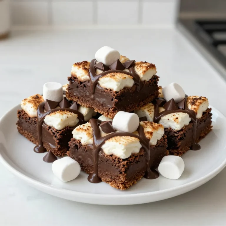 - 1 box brownie mix (plus required eggs, oil, and water as specified on the box) - 1 cup graham cracker crumbs - 1/2 cup unsalted butter, melted - 1 cup mini marshmallows - 1 cup milk chocolate chips - 1/2 teaspoon vanilla extract - A pinch of salt To create S’mores brownie bars, you need a few key ingredients. First, grab a box of brownie mix. Make sure you have the eggs, oil, and water needed for that mix. Next, you will need graham cracker crumbs. These will form the base of your dessert. For the crust, combine the graham cracker crumbs with melted butter. This mix gives a rich and buttery flavor. Next, we add toppings. You'll need mini marshmallows and milk chocolate chips. These will melt and create that classic S’mores experience. Don't forget to enhance your brownie batter with a bit of vanilla extract and a pinch of salt. This simple addition makes a big difference in taste. Gather these ingredients, and you’re ready to make a delicious treat! {{ingredient_image_2}} 1. Preheat oven and prepare baking pan Start by preheating your oven to 350°F (175°C). This step is key for even baking. Grease a 9x13 inch baking pan lightly. You can also line it with parchment paper. Leave some paper hanging over the sides. This makes it easy to lift out your bars later. 2. Make the graham cracker crust In a mixing bowl, combine 1 cup of graham cracker crumbs with 1/2 cup of melted unsalted butter. Mix until all crumbs are coated. Press this mixture firmly into the bottom of your prepared pan. Make sure it is compact and even. This crust gives a nice, crunchy base. 3. Prepare and pour brownie batter In another bowl, prepare 1 box of brownie mix according to the package instructions. You will also need to add the required eggs, oil, and water. To enhance flavor, add 1/2 teaspoon of vanilla extract and a pinch of salt. Mix well until smooth. Pour the brownie batter evenly over the graham cracker crust. 1. Bake the brownie layer Place the pan in the preheated oven. Bake for about 20-25 minutes. To check if it’s done, insert a toothpick into the center. It should come out with a few moist crumbs. This means your brownies are fudgy and perfect. 2. Add toppings and bake again Once you take the brownies out of the oven, sprinkle 1 cup of milk chocolate chips and 1 cup of mini marshmallows on top. The heat will start to melt them. Return the pan to the oven for another 5-7 minutes. Keep a close eye until the marshmallows puff and turn golden. 3. Cool and cut into squares After baking, let the S'mores brownie bars cool in the pan for about 10 minutes. Then, move them to a wire rack to cool completely. Once cool, use the parchment paper to lift the brownies out of the pan. Cut them into squares or bars before serving. Enjoy the gooey, chocolatey goodness! To get the right texture in your S’mores brownie bars, use the toothpick test. This test helps you know when your brownies are done. Insert a toothpick into the center. If it comes out with a few moist crumbs, they are perfect. If it’s clean, the brownies may be dry. Baking time is key. Aim for about 20-25 minutes for the brownie layer. Ovens can vary, so check a few minutes early. The edges should look set, while the center may appear slightly soft. This means you will get that fudgy texture. Want to add more depth of flavor? Try mixing in a bit of coffee or espresso powder into the brownie batter. It enhances the chocolate taste without being too strong. You can also use dark chocolate chips instead of milk chocolate for a richer flavor. If you need substitutions for ingredients, that’s easy too. You can use a gluten-free brownie mix if you prefer. Swap out regular butter for coconut oil to make it dairy-free. Both changes keep the bars delicious. Pro Tips Chill the Brownies: For cleaner cuts, refrigerate the brownies for about an hour after they have cooled completely. This helps firm them up, making it easier to cut into perfect squares. Use Quality Chocolate: Opt for high-quality chocolate chips for a richer flavor. The chocolate is a key component, so choosing the best will elevate your S’mores brownie bars. Experiment with Toppings: Feel free to customize your S’mores brownie bars with additional toppings like crushed nuts, toffee bits, or a drizzle of caramel for extra decadence. Keep an Eye on the Marshmallows: When baking the marshmallows, watch them closely to prevent burning. They should be golden and puffy, but not charred. {{image_4}} You can make your S’mores brownie bars even more fun with different toppings. Try using dark chocolate or white chocolate chips instead of milk chocolate. Each option gives a unique taste. You can also mix in peanut butter chips for a nutty twist. If you want to get creative, use flavored marshmallows. Choices like chocolate or strawberry marshmallows can add a new layer of flavor. It’s a simple way to change the whole vibe of your dessert. If you need gluten-free options, swap the brownie mix for a gluten-free version. Many brands offer great gluten-free brownie mixes. You can also crush gluten-free graham crackers for the crust. For vegan substitutes, use a plant-based brownie mix and flax eggs instead of regular eggs. Melted coconut oil can replace butter. These tweaks keep the taste while meeting dietary needs. Everyone can enjoy these delicious bars! To keep your S’mores brownie bars fresh, store them in an airtight container. This prevents them from drying out. You can use a glass or plastic container with a tight lid. If you stack the bars, place parchment paper between layers to avoid sticking. Keep them at room temperature for up to four days. You can freeze S’mores brownie bars to enjoy later. First, let them cool completely. Then, wrap each bar in plastic wrap and place them in a freezer-safe bag. This keeps them fresh for up to three months. When you're ready to eat them, take the bars out and let them thaw in the fridge overnight. For a quick option, you can also thaw them at room temperature for about an hour. Enjoy your treat whenever you want! Can I use homemade brownie mix? Yes, you can use homemade brownie mix. Just follow your favorite recipe. Make sure it has the same texture as store-bought mixes. How do I know when they are done? You can check if they are done by using a toothpick. Insert it into the center of the brownies. If it comes out with a few moist crumbs, they are ready. Can I make these in advance? Absolutely! You can make these in advance. Just store them in an airtight container. They will stay fresh for a few days. What can I serve with S’mores Brownie Bars? These bars pair well with ice cream or whipped cream. You can also serve them with hot chocolate for a cozy treat. You learned how to make S’mores Brownie Bars from start to finish. We covered ingredients, preparation, baking steps, and valuable tips. Remember to test for texture while baking. Feel free to explore different toppings and dietary options. Store them well for lasting freshness or freeze for later. Enjoy these sweet treats; they are sure to impress! Happy baking!