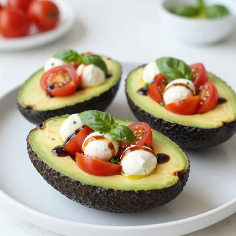 - 2 ripe avocados - 1 cup cherry tomatoes, halved - 1 cup fresh mozzarella balls, drained - 1/4 cup fresh basil leaves, finely chopped - 2 tablespoons balsamic glaze - 1 tablespoon extra virgin olive oil - Sea salt and black pepper to taste - Mixing bowl - Spoon or knife - Serving platter You need fresh and ripe avocados for this dish. They should be green and soft but not mushy. Cherry tomatoes add a sweet burst. Halved, they mix well with the creamy mozzarella balls. I love using fresh mozzarella because it gives a nice texture. The basil leaves add a fragrant touch that brightens the dish. Balsamic glaze adds a sweet and tangy flavor. You can find it in stores or make your own. Extra virgin olive oil adds richness and depth. You’ll also need sea salt and black pepper to enhance the taste. For tools, a mixing bowl is essential for combining ingredients. A spoon or knife helps with slicing the avocados and mixing. Finally, a serving platter makes the dish look appealing when presented. Gather these ingredients and tools, and you are ready to create a dish that is both simple and impressive! {{ingredient_image_2}} Start by slicing the ripe avocados in half lengthwise. Use a sharp knife and be careful. After slicing, gently twist the halves to separate them. Next, remove the pits carefully. You can use a spoon or knife to help pry them out. To make room for the filling, scoop out a small portion of the flesh from each half. Place this removed flesh into a mixing bowl and set it aside for later. Now, let’s make the tasty filling! In the bowl with the reserved avocado flesh, add the halved cherry tomatoes. Then, toss in the drained mozzarella balls and finely chopped basil leaves. Drizzle 1 tablespoon of extra virgin olive oil over the mixture. Season it well with sea salt and freshly ground black pepper. Gently fold the ingredients together, mixing until everything is well combined and coated. Time to fill those avocado halves! Take the Caprese mixture and carefully spoon it into each avocado half. Press down slightly to pack it full. This way, they will be bursting with flavor! To finish, drizzle balsamic glaze over the stuffed avocados. This adds a sweet and tangy touch that enhances the dish. Enjoy these fresh and colorful Caprese stuffed avocados right away for the best taste! To make your Caprese stuffed avocados look great, arrange them on a colorful platter. This adds fun and appeal to your dish. You can also use a rustic wooden board for a charming look. For extra freshness, garnish the plate with basil leaves. They add a nice green touch. A sprinkle of coarse sea salt on top gives texture and flavor. Using ripe avocados is key. They should feel soft but not mushy when you press them gently. If they are hard, let them ripen at room temperature for a few days. To enhance the flavor, use fresh mozzarella that is high quality. The balsamic glaze is great for adding sweetness and tang. Drizzle it just before serving to keep the glaze vibrant. Caprese stuffed avocados are great as a light main dish. Pair them with a fresh green salad or some crunchy breadsticks for a complete meal. For drinks, try a crisp white wine or sparkling water. Both will complement the flavors well. You can also serve them with a light lemonade for a refreshing twist. Pro Tips Choose Perfect Avocados: Look for avocados that yield slightly to gentle pressure; this indicates ripeness and creaminess ideal for stuffing. Balance Flavors: Adjust the amount of balsamic glaze to suit your taste; a little can go a long way in enhancing the dish's flavor profile. Fresh Ingredients Matter: Use the freshest mozzarella and basil for the best taste; the quality of these ingredients directly impacts the overall dish. Presentation is Key: Serve the stuffed avocados on a vibrant platter with additional basil and a drizzle of olive oil for a beautiful visual appeal. {{image_4}} If you want to change the cheese, try using burrata. It adds creaminess that pairs well with the other flavors. You can also use feta cheese for a tangy twist. Both cheeses give a different taste while keeping the dish fresh. For vinegar, balsamic glaze works great. However, you can use red wine vinegar for a sharper kick. Apple cider vinegar is another option. It brings a fruity note that adds depth to the dish. To add some crunch, include nuts or seeds. Pine nuts or sunflower seeds work best. They give a nice texture and extra flavor. Just toast them lightly for an even richer taste. Mixing in fresh herbs can also boost flavor. Try adding parsley or oregano for a new twist. You can even use a bit of mint if you want a refreshing change. For those on a low-carb or keto diet, skip the cheese or use a low-fat option. You can also add more veggies like cucumbers or bell peppers to keep it filling. These keep the carbs low while adding bulk. If you're looking for vegan options, swap the mozzarella for tofu or a vegan cheese. You can also add more veggies for a hearty filling. This way, you still enjoy the dish without animal products. To store leftover stuffed avocados, place them in an airtight container. This keeps them fresh and prevents browning. You can also squeeze a little lemon juice on the exposed avocado flesh. This helps slow down oxidation and keeps the color bright. For keeping avocados fresh, store them whole at room temperature if unripe. Once ripe, place them in the fridge. This slows the ripening process. If you have cut avocados, use plastic wrap to cover the flesh tightly. This protects them from air and keeps them from browning. Can you freeze stuffed avocados? No, freezing stuffed avocados is not ideal. The texture of the avocado changes when frozen. It becomes mushy when thawed. Best methods for freezing ingredients include separating items. Freeze the filling apart from the avocado. You can store the Caprese mixture in a freezer-safe bag. This way, you can enjoy the flavor without the texture loss. Just remember to eat it fresh for the best taste! Caprese stuffed avocados are a fresh and tasty dish. They combine ripe avocados with cherry tomatoes, mozzarella, and basil. This dish offers a tasty twist on the classic Caprese salad. You enjoy the creamy avocado with bright, juicy flavors from the other ingredients. Not only do they look great, but they also taste amazing! Stuffed avocados can last about one day in the fridge. After that, the avocados may turn brown. To keep them fresh longer, store them in an airtight container. You can also add lemon juice to slow down browning. Always check for any bad smells or changes in texture before eating. You can prepare some parts in advance. You can mix the filling of tomatoes, mozzarella, and basil ahead of time. However, fill the avocados just before serving. This helps keep them fresh and tasty. If you fill them early, they may become mushy quickly. These stuffed avocados pair well with many dishes. A light salad or grilled chicken works great. You can also serve them with crusty bread. For a fun twist, try them with a side of pesto pasta. The flavors complement each other nicely and make a lovely meal! You can create delicious Caprese stuffed avocados with simple ingredients. First, we prepared ripe avocados, cherry tomatoes, mozzarella, and fresh basil. Next, we mixed the filling and filled the avocado halves. With tips for presentation and flavor, you can impress guests or enjoy a healthy snack. Consider variations and storage options to keep your dish fresh. Try this tasty recipe, and it will quickly become a favorite!