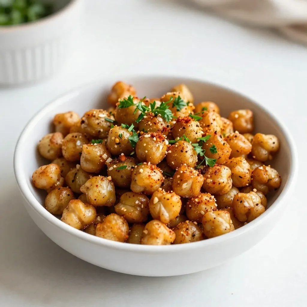 - 1 can (15 oz) chickpeas, thoroughly drained and rinsed - 1 tablespoon extra virgin olive oil - 1 teaspoon garlic powder - 1 teaspoon smoked paprika - 1 teaspoon ground cumin - ½ teaspoon fine sea salt - ¼ teaspoon freshly ground black pepper - ¼ teaspoon cayenne pepper (optional, for an extra kick) - Fresh parsley, finely chopped (for garnish) To make crispy air fryer chickpeas, you need simple ingredients. Start with a can of chickpeas. These small legumes pack a punch of protein and fiber. Drain and rinse them well to remove excess sodium and improve taste. You want them clean and ready to soak up flavors. Next, grab some extra virgin olive oil. This will help the spices stick to the chickpeas and add a rich flavor. You can use other oils, but olive oil is my favorite for its health benefits. Now, let’s talk seasonings. You will need garlic powder, smoked paprika, ground cumin, fine sea salt, black pepper, and cayenne pepper. Each of these makes your chickpeas pop with flavor! Garlic powder brings a nice aroma, while smoked paprika adds a touch of warmth. Cumin gives a hint of earthiness. If you like heat, include cayenne pepper. Lastly, don’t forget fresh parsley. This herb adds color and a burst of freshness when you serve your snack. Gather these ingredients, and you are ready to make a tasty and healthy snack! {{ingredient_image_2}} - Preheating the air fryer: Start by preheating your air fryer to 400°F (200°C). This step helps the chickpeas cook evenly. Let it heat up for about 5 minutes. - Draining and rinsing the chickpeas: Open a can of chickpeas (15 oz) and drain them well. Rinse them under cold water to remove any canning liquid. - Drying the chickpeas thoroughly: Spread the chickpeas on a clean kitchen towel or paper towels. Pat them dry gently. This step is key to making them crispy. - Combining oil and spices: In a large mixing bowl, add the dried chickpeas. Drizzle in 1 tablespoon of extra virgin olive oil. Sprinkle in 1 teaspoon of garlic powder, 1 teaspoon of smoked paprika, 1 teaspoon of ground cumin, ½ teaspoon of fine sea salt, ¼ teaspoon of black pepper, and ¼ teaspoon of cayenne pepper if you want some heat. - Tossing until evenly coated: Use your hands or a spatula to mix everything well. Make sure each chickpea gets coated with the oil and spices. - Cooking temperature and time: Once your air fryer is preheated, place the chickpeas in the basket. Spread them in a single layer. Cook them for 12-15 minutes. - Shaking the basket for even crispiness: Halfway through cooking, shake the basket gently. This helps them brown and crisp evenly. - Resting the chickpeas post-cooking: After cooking, take the chickpeas out and let them rest for a few minutes. They will get even crunchier as they cool. To get the best crunch from your chickpeas, drying is key. After rinsing your chickpeas, place them on a clean kitchen towel. Pat them gently until they are dry. Any moisture left will make them soggy, so take your time here. Avoid overcrowding in the air fryer. If you pile too many chickpeas in, they won’t cook evenly. Instead, arrange them in a single layer. If needed, cook in small batches. This gives each chickpea room to crisp up nicely. For tasty chickpeas, don't be afraid to play with seasonings. The base recipe uses garlic powder, smoked paprika, and cumin. You can also try new mixes. For a zesty twist, add lemon zest or some chili powder. Adding extra spices really boosts flavor. A pinch of curry powder or a splash of soy sauce can transform your snack. Taste as you go and adjust to your liking. Experiment with fresh herbs or different spice blends. Your chickpeas can be whatever you want! Pro Tips Dry Chickpeas Thoroughly: Make sure to remove as much moisture as possible from the chickpeas after rinsing. This is key for achieving that perfect crunchy texture. Use the Right Seasonings: Experiment with different spices and herbs to customize the flavor of your chickpeas. Try adding nutritional yeast for a cheesy flavor or different peppers for a spicy kick. Avoid Overcrowding: Cook the chickpeas in a single layer in the air fryer. If you have a large batch, it's better to cook in smaller portions to ensure they crisp up nicely. Let Them Rest: After air frying, allow the chickpeas to rest for a few minutes. They will continue to crisp up as they cool, enhancing their crunchiness. {{image_4}} You can change the flavor of your crispy air fryer chickpeas easily. Here are some ways to try: - Italian Seasoning: Use dried oregano, basil, and thyme for a classic taste. - Curry Powder: Add a warm flavor with curry powder for a unique twist. - Taco Seasoning: Mix in taco spice for a fun kick. Fresh herbs can brighten your dish. Fresh parsley adds color and taste. You can also use fresh cilantro or dill. Dried spices give a strong flavor and are easy to store. Use what you like best for your snacks! You can cook chickpeas in many ways. If you don’t have an air fryer, try oven roasting. Here’s how: - Oven Roasting: Preheat your oven to 400°F (200°C). Spread seasoned chickpeas on a baking sheet. Bake for 25-30 minutes until golden. Shake the pan halfway to ensure they cook evenly. Cooking times vary by method. Air frying takes about 12-15 minutes. Oven roasting takes longer, so keep an eye on them. Either way, you'll enjoy a tasty snack! To keep your leftover chickpeas fresh, use an airtight container. Glass or plastic containers work well. Make sure they are completely cool before sealing. This helps avoid moisture build-up. If you have many leftovers, store them in smaller portions for easy snacking later. Store the chickpeas in the fridge. They stay good for about 3 to 5 days. Always check for any off smells or signs of spoilage before eating. For longer storage, freeze the chickpeas in a freezer-safe bag. They can last up to 3 months in the freezer. Just remember to label the bag with the date. To bring back the crispiness, preheat your air fryer to 400°F (200°C). Spread the chickpeas in a single layer in the basket. Heat them for about 5 to 7 minutes. Shake the basket halfway through to ensure they crisp evenly. If you want to use leftover chickpeas in different ways, try adding them to salads or soups. You can also blend them into hummus for a tasty dip. They add a crunchy texture to grain bowls too. Get creative with your leftovers! To make crispy chickpeas, start by drying them well. After you drain and rinse them, spread them on a towel. Pat them dry gently. This step helps remove moisture that can make them soggy. Next, toss them with olive oil and spices. The oil helps with crisping. Make sure to coat each chickpea evenly. When cooking, avoid overcrowding the air fryer. If you pack too many in, they won’t crisp up. Cook them in batches if needed. Shake the basket halfway through cooking. This will help them brown evenly. Yes, you can use dried chickpeas. First, soak them overnight in water. Then, cook them until tender. This usually takes about 1-2 hours. After cooking, drain and dry the chickpeas just like canned ones. You might need to adjust the cooking time in the air fryer. Start with 15-20 minutes and check for crispiness. The best seasonings for chickpeas include garlic powder, smoked paprika, and cumin. These add depth and flavor. You can also try cayenne pepper for heat. If you want something different, try adding curry powder or Italian herbs. For a fresh twist, sprinkle with lemon zest or fresh herbs after cooking. You can create crispy, tasty chickpeas using just a few ingredients and steps. Start by prepping and seasoning the chickpeas. Remember, drying them well makes all the difference. Experiment with flavors by trying different spices or herbs. Whether using an air fryer or oven, both methods can lead to delicious snacks. Don't forget to store leftovers properly for future munching. Enjoy your new go-to snack and make it your own!