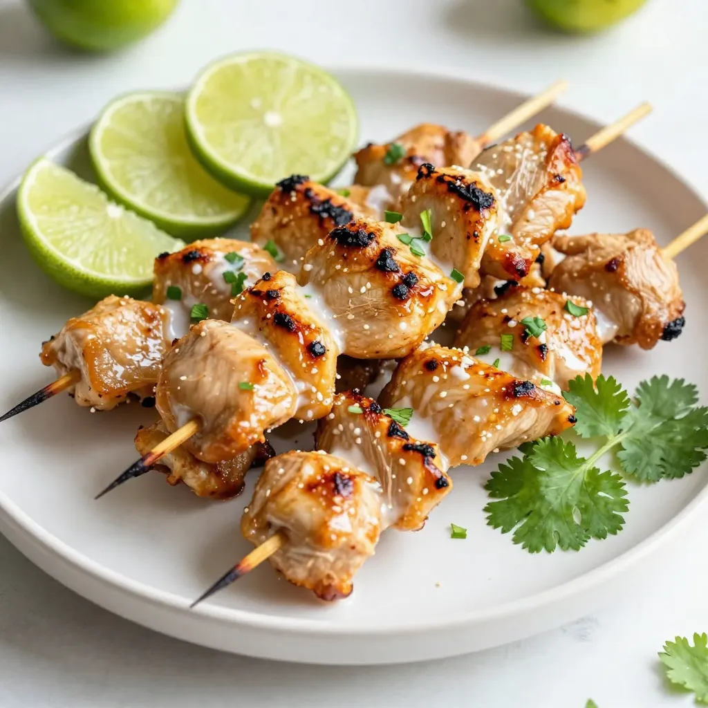 To make Coconut Lime Chicken Skewers, you need a few key items. The main star is chicken thighs. I like using boneless, skinless chicken thighs. They stay juicy and tender when grilled. You will also need: - 1 pound boneless, skinless chicken thighs, cut into 1-inch cubes - 1 cup creamy coconut milk - Zest of 2 vibrant limes - 2 tablespoons freshly squeezed lime juice - 2 tablespoons honey - 1 tablespoon fish sauce (optional) - 2 cloves garlic, finely minced - 1 teaspoon ground ginger - Salt and pepper, to taste - Wooden skewers, soaked in water for at least 30 minutes The coconut milk gives a rich flavor that pairs well with lime. The zest adds a fresh note, and the honey balances the tartness. To boost the taste, consider adding a few optional ingredients. Fish sauce adds depth. You might also try extra spices like chili flakes for heat. Here are some ideas: - Fresh herbs like cilantro or basil - A splash of soy sauce for umami - A dash of red pepper flakes for spice These additions can take your skewers to the next level. When choosing chicken for skewers, I recommend thighs over breasts. Thighs stay moist and tender during cooking. They also absorb the marinade better. However, if you prefer chicken breasts, you can use them. Just be mindful to not overcook them. Aim for an internal temperature of 165°F (75°C) to keep them juicy. {{ingredient_image_2}} Start by grabbing a mixing bowl. Whisk together the creamy coconut milk, lime zest, lime juice, honey, and fish sauce if you like that depth of flavor. Next, add the minced garlic and ground ginger. Stir well until everything blends nicely. This marinade will give your chicken a bright and tasty kick. Now, take your chicken thighs and cut them into 1-inch cubes. Add these cubes to the marinade, making sure each piece is well coated. Cover the bowl with plastic wrap. Place it in the fridge for at least 1 hour. For even better flavor, let it marinate for up to 4 hours. This step is key for tender and flavorful chicken. Before grilling, preheat your grill to medium-high heat. While it heats up, soak your wooden skewers in water for at least 30 minutes. This helps prevent burning. Carefully thread the marinated chicken onto the skewers. Leave a small gap between pieces for even cooking. Season the skewers lightly with salt and pepper on all sides. Place the skewers on the grill and cook for 10 to 15 minutes. Turn them occasionally to get nice grill marks. Use a meat thermometer to check that the chicken reaches 165°F (75°C). This ensures it’s safe to eat. Once cooked, take the skewers off the grill. Let them rest for about 5 minutes to keep the juices inside. Serve your Coconut Lime Chicken Skewers with fresh lime wedges and chopped cilantro for a pop of color. For a full meal, pair it with fluffy coconut rice or a cool cucumber salad. Enjoy each flavorful bite! Start with the coconut milk as your base. It adds rich creaminess. The lime zest brightens the flavor. Use fresh limes for the best taste. Honey adds a nice sweetness. If you want depth, add fish sauce. Mix all these in a bowl. Make sure to whisk until smooth. Add minced garlic and ginger, and stir well. This blend will soak into the chicken, making it juicy and flavorful. Marinate the chicken for at least an hour. For even better results, let it sit for four hours. Preheat your grill to medium-high heat. This step is crucial for nice grill marks. Thread the marinated chicken onto soaked skewers. Leave small gaps between each piece. This ensures even cooking and allows heat to circulate. Season the skewers lightly with salt and pepper. Grill the skewers for 10 to 15 minutes. Turn them often for even cooking. Use a meat thermometer to check the temperature. It should reach 165°F (75°C) for safe eating. Once the skewers are done cooking, take them off the grill. Let them rest for five minutes. This step helps the juices stay inside the chicken. Serve the skewers with fresh lime wedges. A sprinkle of cilantro adds a nice touch. For a complete meal, pair with coconut rice or cucumber salad. This will enhance the tropical flavor. Enjoy your delicious coconut lime chicken skewers! Pro Tips Marination Time: For the best flavor, marinate the chicken for at least 2-4 hours. This allows the flavors to deeply penetrate the meat, making it more delicious and tender. Grilling Temperature: Preheat the grill to medium-high heat before cooking. This ensures a proper sear on the chicken, locking in moisture and enhancing the overall taste. Resting Period: Allow the skewers to rest for about 5 minutes after grilling. This helps the juices redistribute throughout the chicken, keeping it juicy and flavorful. Skewer Soaking: Make sure to soak the wooden skewers in water for at least 30 minutes. This prevents them from burning on the grill and helps them hold the chicken without breaking. {{image_4}} You can change the marinade to fit your taste. Try adding a bit of soy sauce for a salty kick. You can also use pineapple juice for a sweeter flavor. A dash of chili flakes can give it a spicy twist. Experiment with herbs like cilantro or basil for a fresh touch. Chicken is great, but other proteins work well, too. Try shrimp for a seafood twist. Cubes of pork or beef can also soak up the flavors nicely. If you want something leaner, turkey breast is a tasty choice. Just remember to adjust the cooking time based on what you use. If you prefer not to use meat, tofu is a fantastic option. Use firm tofu and press it to remove excess moisture. Marinate it just like the chicken for great flavor. You can also thread colorful veggies like bell peppers, zucchini, and mushrooms onto skewers. These add crunch and bright colors to your dish. To keep leftover Coconut Lime Chicken Skewers fresh, place them in an airtight container. Make sure they cool down first. Store them in the fridge for up to three days. If you want to save them longer, freezing is a great option. To freeze the skewers, wrap them tightly in plastic wrap. Place them inside a freezer-safe bag. Remove as much air as possible to prevent freezer burn. You can freeze them for up to three months. When you're ready to eat, thaw them in the fridge overnight. To reheat, place the skewers in a preheated oven at 350°F (175°C). Heat for about 10-15 minutes or until warmed through. You can also reheat them on the grill for a few minutes. This method keeps the flavors intact and adds a nice char. Enjoy your tasty leftovers! You can tell the chicken is done when it reaches 165°F (75°C) inside. Use a meat thermometer for accuracy. The chicken should look golden brown and firm to the touch. If you cut into it, the juices should run clear, not pink. Yes, you can make these skewers in the oven or on a stovetop pan. If using an oven, preheat to 400°F (200°C). Place the skewers on a baking sheet lined with foil. Bake for about 15-20 minutes, turning halfway through. On a stovetop, use a grill pan over medium heat. Cook for 10-15 minutes, turning often. These skewers pair well with many sides. Try serving them with fluffy coconut rice. A fresh cucumber salad also adds a nice crunch. You can even add grilled veggies or a tangy dipping sauce for extra flavor. A sprinkle of chopped cilantro and lime wedges brightens the dish. In this post, I covered the essentials for making delicious chicken skewers. You learned about key ingredients, step-by-step grilling instructions, and tips for the best flavor. I also shared ways to add variety and how to store extras. Chicken skewers can be simple yet tasty. With a bit of care, you’ll impress your friends and family. Enjoy your cooking journey and keep experimenting to find your favorite flavors!