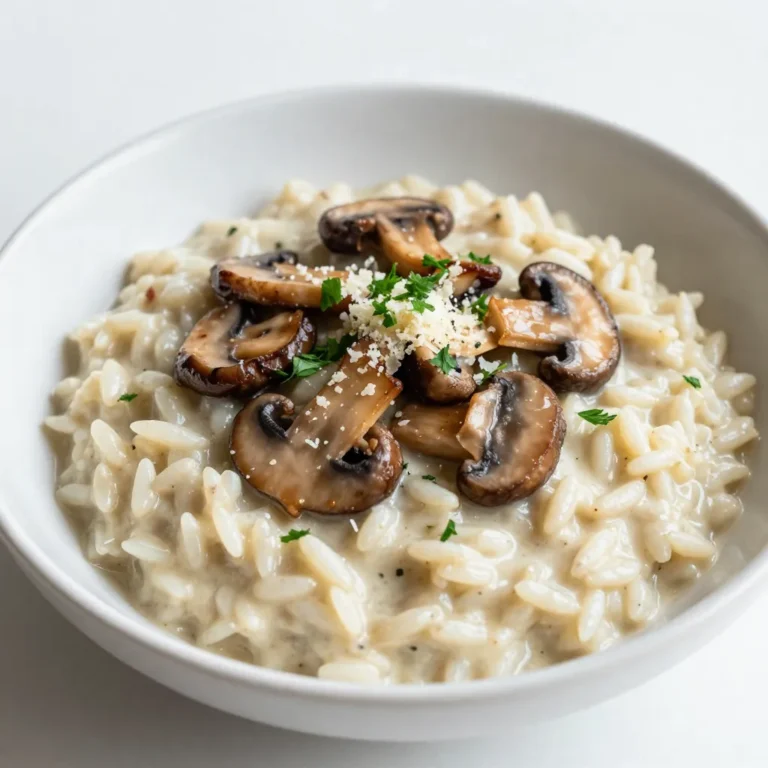 - 1 cup Arborio rice - 1 cup mixed mushrooms (shiitake, cremini, and button), sliced - 4 cups vegetable broth - 1 small onion, finely chopped - 2 cloves garlic, minced The main ingredient is Arborio rice. This rice is special. It has a high starch content. This gives risotto its creamy texture. Mixed mushrooms add great flavor. Shiitake, cremini, and button mushrooms work well together. You can use just one type if you prefer. The vegetable broth adds depth to the dish. Always keep the broth warm while cooking. Garlic and onion give a lovely base flavor. They make the risotto taste rich. - ½ cup heavy cream - ½ cup freshly grated Parmesan cheese - Fresh parsley, chopped (for garnish) Heavy cream makes the risotto even creamier. It adds a smooth richness that you will love. Parmesan cheese brings a savory note. Use freshly grated cheese for the best taste. Fresh parsley makes a beautiful garnish. It adds color and a hint of freshness. - Heavy-bottomed skillet or pan - Medium saucepan - Ladle A heavy-bottomed skillet is best. It helps cook the risotto evenly. A medium saucepan keeps the broth warm. A ladle is handy for adding broth slowly. These tools make cooking easier and more fun. {{ingredient_image_2}} To start, heat the vegetable broth. Pour it into a medium saucepan over medium heat. Let it come to a gentle simmer, not a boil. This warmth keeps the broth ready for the rice. Keeping it hot helps the risotto cook evenly. Next, grab a large skillet. Add the olive oil and one tablespoon of unsalted butter. Heat them over medium heat. Once the butter melts, toss in the finely chopped onion. Sauté for about four minutes until it turns translucent. Then, add the minced garlic. Cook it for one more minute until it smells great. Now, it's time for the mushrooms. Add the sliced mixed mushrooms to the pan. Stir them around for about five to six minutes. Watch for them to turn golden brown and release their moisture. This step adds rich flavor to the dish. After the mushrooms are ready, it’s time to add the Arborio rice. Stir the rice into the mushroom mix. Toast it for two to three minutes. This gives the rice a nice flavor and helps it absorb liquid better. Now comes the fun part: adding the broth! Use a ladle to pour in one ladleful of warm broth. Stir the rice until most of the liquid is absorbed. Then, add another ladle. Keep this going for about 18 to 20 minutes. The rice should be creamy and tender but still have a slight bite in the center. Once the rice is just right, take the skillet off the heat. Stir in the heavy cream and grated Parmesan cheese. Mix until everything is well combined and creamy. Don’t forget to season with salt and freshly ground black pepper to taste. Let the risotto rest for a couple of minutes. This helps it thicken a bit before you serve it. Enjoy your creamy mushroom risotto! To make creamy mushroom risotto, constant stirring is key. Stirring helps release the starch from the Arborio rice. This starch creates that rich, creamy texture we all love. Don't rush it; enjoy the process. Adjust the cooking time for perfect al dente rice. When you add broth, wait until most of it absorbs before adding more. This takes about 18-20 minutes. The rice should be tender but still have a slight bite. You can boost flavors by adding herbs or spices. Fresh thyme or rosemary works well with mushrooms. Just a pinch can add depth to your dish. Using homemade broth is a great choice for better taste. Store-bought broth can work, but it may lack freshness. Homemade broth gives you a richer flavor that enhances the risotto. Garnishing your risotto makes it look special. Top it with fresh parsley and a few sautéed mushrooms. This adds color and a nice touch. Serve the risotto in elegant bowls. Shallow bowls work best for a beautiful display. Don’t forget to sprinkle extra Parmesan cheese on top. This makes your dish even more inviting and delicious! Pro Tips Use Fresh Ingredients: Always opt for fresh mushrooms and high-quality Parmesan cheese for the best flavor and creaminess in your risotto. Stir Constantly: Stirring the rice frequently while adding broth helps release the starches, creating a creamier texture. Experiment with Broth: Try using different types of broth, such as mushroom or chicken broth, to enhance the umami flavor of the risotto. Rest Before Serving: Allowing the risotto to rest off the heat for a few minutes helps it thicken and develop a richer flavor before serving. {{image_4}} You can use many types of mushrooms in risotto. I love mixing shiitake, cremini, and button mushrooms. This mix adds great flavor and texture. You might also explore wild mushrooms, like chanterelles or morels. These mushrooms can elevate your dish with their unique tastes. Dried mushrooms are another great option. They pack a lot of flavor in a tiny package. You can soak them in warm water to bring them back to life. Use the soaking liquid in your risotto for extra depth. If you want a dairy-free risotto, cashew cream is a fantastic choice. It gives a rich and creamy texture without using heavy cream. To make cashew cream, blend soaked cashews with water until smooth. Nutritional yeast is another great ingredient. It adds a cheesy flavor without dairy. Just sprinkle it in while cooking. You will love the savory taste it brings to your dish. Adding protein can make your risotto even more filling. Cooked chicken or shrimp works great in risotto. They add nice flavor and texture. You can add them during the last few minutes of cooking. Sautéed spinach or other vegetables can also be a good choice. They bring color and nutrition to your dish. Just toss them in at the end to keep them fresh. These variations can help you create a risotto that suits your taste. Enjoy trying new combinations! To store leftover risotto, first let it cool. Spread it out on a tray. This helps it cool faster. Once cool, transfer it to an airtight container. You can use glass or plastic containers. Make sure the lid seals tightly. This keeps the risotto fresh and prevents drying. The best way to reheat risotto is on the stove. Add the risotto to a pan. Pour in a little vegetable broth or water. Stir as it heats. This adds moisture back in. If you want it extra creamy, add a splash of heavy cream. Keep stirring until it warms up. You want it hot but not overcooked. Yes, you can freeze creamy mushroom risotto. To freeze, store it in a freezer-safe container. Leave some space at the top for expansion. When you want to eat it, thaw it overnight in the fridge. Reheat it in a pan with some broth. This helps bring back the creaminess. Enjoy your warm, cozy dish! It takes about 30 minutes to make creamy mushroom risotto. You need 10 minutes for prep and about 20 minutes for cooking. This quick time makes risotto a great option for weeknight dinners. Arborio rice is the best for risotto. It has a high starch content, making the dish creamy. If you can't find Arborio, you can use Carnaroli or Vialone Nano. These also work well. Yes, you can make risotto in advance. Cook it a bit less so it stays firm. Store it in an airtight container in the fridge for up to two days. To reheat, add a splash of broth. Stir until it warms up and gets creamy again. Yes, risotto is gluten-free. The main ingredient, Arborio rice, contains no gluten. Just make sure your broth and any added cheese are also gluten-free. This way, you can enjoy risotto without worry. You know risotto is done when it is creamy and the rice is tender. It should also have a slight bite, known as al dente. If you taste it, it should not feel hard in the center. Creamy mushroom risotto is a delightful dish that you can master easily. It requires simple ingredients like Arborio rice, fresh mushrooms, garlic, and broth. Follow the step-by-step guide to sauté, cook, and finish this creamy meal perfectly. Remember the tips for texture and flavor to elevate your dish. With different variations, you can customize it to your taste. Store leftovers properly and reheating is simple. Enjoy this tasty dish that showcases your cooking skills and impresses everyone at the table.