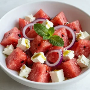To create a refreshing watermelon feta salad, you need a few simple ingredients. Each one adds its own flavor and texture. Here&rsquo;s what you&rsquo;ll need: - 4 cups of seedless watermelon, cut into bite-sized cubes - 1 cup of creamy feta cheese, crumbled - 1/4 cup of fresh mint leaves, coarsely chopped - 1/4 of a red onion, thinly sliced - 2 tablespoons of high-quality olive oil - 1 tablespoon of balsamic vinegar - Salt and pepper to taste These ingredients work together to make every bite a delight. The sweet watermelon pairs well with the salty feta. Mint adds freshness, while red onion gives a nice crunch. Olive oil and balsamic vinegar tie it all together with their rich flavors. Use fresh, high-quality ingredients for the best taste. {{ingredient_image_2}} Start by cutting the watermelon into bite-sized cubes. You need about 4 cups of watermelon. Make sure the pieces are even, so they mix well. Place the cubes in a large mixing bowl. This bowl should be big enough to toss everything later. Next, take 1 cup of creamy feta cheese. Crumble it over the watermelon. Aim for an even sprinkle so every bite has feta. Now, add 1/4 cup of fresh mint leaves. Coarsely chop the mint before adding it. Then, slice 1/4 of a red onion thinly. This adds a nice crunch and flavor. In a small bowl, combine 2 tablespoons of high-quality olive oil with 1 tablespoon of balsamic vinegar. Add a pinch of salt and some freshly cracked black pepper. Whisk these together until they mix well. This dressing adds richness and tang. Drizzle the dressing over the watermelon mix. Gently toss everything together. Be careful not to mash the watermelon. You want the salad to stay fresh and bright. Taste it and adjust with more salt or vinegar if needed. Let your salad sit for about 10 minutes. This resting time helps the flavors blend together. It makes the salad more tasty. After that, it&rsquo;s ready to serve! When picking a watermelon, look for one that feels heavy. It should have a uniform shape and a yellow spot on one side. This spot shows where it rested on the ground. A dull skin means it is ripe. Avoid shiny watermelons; they are often not sweet. If you tap it, a deep sound means it is ready to eat. You can change the salad's taste by tweaking the ingredients. If you want more sweetness, add a bit of honey or extra watermelon. For a tangier flavor, use more balsamic vinegar. Adding a pinch of chili flakes can give it a spicy kick. Always taste as you go. This way, you can find what you love best. To impress your guests, serve the salad in a large, shallow bowl. This makes it look fresh and inviting. Top it with whole mint leaves for a burst of color. You can also sprinkle extra feta on top for added richness. A drizzle of olive oil just before serving makes it shine. Simple touches like these take your salad from good to great! Pro Tips Choose Ripe Watermelon: Look for a watermelon that feels heavy for its size and has a uniform shape. The underside should have a creamy yellow spot where it sat on the ground, indicating ripeness. Use Fresh Ingredients: For the best flavor, opt for fresh mint and high-quality feta cheese. This will elevate the overall taste of your salad. Chill Before Serving: Refrigerate the salad for at least 30 minutes before serving. This enhances the refreshing qualities and melds the flavors beautifully. Experiment with Add-Ins: Feel free to add other ingredients such as arugula, cucumber, or even avocado to customize the salad to your taste! {{image_4}} You can easily add other ingredients to this salad. Try diced cucumber for crunch. Cherry tomatoes add color and a sweet taste. Red bell pepper gives a nice pop. Each addition brings its unique flavor and texture. Mix and match to find your favorite combo! While the balsamic dressing is tasty, you can switch it up. A lemon vinaigrette works well. Just mix fresh lemon juice with olive oil. You can also add honey for a hint of sweetness. Try a yogurt dressing for a creamy touch. Each dressing changes the salad&rsquo;s vibe! If you want a vegan version, swap feta cheese for tofu. Crumbled firm tofu mimics that creamy texture. Use a vegan balsamic dressing or lemon juice. This way, everyone can enjoy the salad. Don&rsquo;t be afraid to get creative with your choices! To keep your watermelon feta salad fresh, store it in a sealed container. Use glass or plastic containers that fit well. Avoid metal containers as they can alter the taste. Place the salad in the fridge right after serving. This way, it stays cool and tasty. If stored correctly, the salad lasts about 2 to 3 days in the fridge. The watermelon can release water, making the salad watery. To prevent this, keep the dressing separate until ready to eat. This helps maintain freshness. This salad is best served cold, so no need to heat it. If you have leftovers, enjoy them chilled. Before serving, taste it again. You might need to add more salt, pepper, or a splash of vinegar. This can help refresh the flavors. Yes, you can make this salad ahead. However, I recommend not mixing the dressing until right before serving. This keeps the watermelon fresh and crisp. If you mix it too early, the watermelon can get soggy. You can prep all the other ingredients, like cutting the watermelon and crumbling the feta, in advance. You can use many herbs in this salad. Basil is a great choice for a sweet note. Cilantro adds a unique flavor that works well too. You could even try dill for a fresh twist. Feel free to mix and match herbs based on your taste. Yes, this salad is a great option for weight loss. It is low in calories and high in water content. Watermelon keeps you hydrated, while feta adds protein and flavor. This means you can enjoy a tasty dish without many calories. Absolutely! If you want a dairy-free option, try using avocado or a plant-based cheese. Goat cheese is another tasty alternative. It has a similar creamy texture and adds a tangy flavor. Just choose whatever you like best. This salad is packed with health benefits. Watermelon is hydrating and rich in vitamins A and C. Feta cheese provides protein and calcium. Mint helps with digestion and adds freshness. Together, they make a nutritious dish that supports overall health while tasting delightful. This blog post shows how to make a tasty watermelon and feta salad. We covered ingredients, step-by-step instructions, and tips for a great result. You can customize the salad with extra veggies or different dressings. Store leftovers well to keep them fresh. Enjoy this refreshing salad at your next meal. It&rsquo;s simple, healthy, and delicious! Try it out and impress your friends and family.