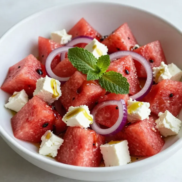 To create a refreshing watermelon feta salad, you need a few simple ingredients. Each one adds its own flavor and texture. Here’s what you’ll need: - 4 cups of seedless watermelon, cut into bite-sized cubes - 1 cup of creamy feta cheese, crumbled - 1/4 cup of fresh mint leaves, coarsely chopped - 1/4 of a red onion, thinly sliced - 2 tablespoons of high-quality olive oil - 1 tablespoon of balsamic vinegar - Salt and pepper to taste These ingredients work together to make every bite a delight. The sweet watermelon pairs well with the salty feta. Mint adds freshness, while red onion gives a nice crunch. Olive oil and balsamic vinegar tie it all together with their rich flavors. Use fresh, high-quality ingredients for the best taste. {{ingredient_image_2}} Start by cutting the watermelon into bite-sized cubes. You need about 4 cups of watermelon. Make sure the pieces are even, so they mix well. Place the cubes in a large mixing bowl. This bowl should be big enough to toss everything later. Next, take 1 cup of creamy feta cheese. Crumble it over the watermelon. Aim for an even sprinkle so every bite has feta. Now, add 1/4 cup of fresh mint leaves. Coarsely chop the mint before adding it. Then, slice 1/4 of a red onion thinly. This adds a nice crunch and flavor. In a small bowl, combine 2 tablespoons of high-quality olive oil with 1 tablespoon of balsamic vinegar. Add a pinch of salt and some freshly cracked black pepper. Whisk these together until they mix well. This dressing adds richness and tang. Drizzle the dressing over the watermelon mix. Gently toss everything together. Be careful not to mash the watermelon. You want the salad to stay fresh and bright. Taste it and adjust with more salt or vinegar if needed. Let your salad sit for about 10 minutes. This resting time helps the flavors blend together. It makes the salad more tasty. After that, it’s ready to serve! When picking a watermelon, look for one that feels heavy. It should have a uniform shape and a yellow spot on one side. This spot shows where it rested on the ground. A dull skin means it is ripe. Avoid shiny watermelons; they are often not sweet. If you tap it, a deep sound means it is ready to eat. You can change the salad's taste by tweaking the ingredients. If you want more sweetness, add a bit of honey or extra watermelon. For a tangier flavor, use more balsamic vinegar. Adding a pinch of chili flakes can give it a spicy kick. Always taste as you go. This way, you can find what you love best. To impress your guests, serve the salad in a large, shallow bowl. This makes it look fresh and inviting. Top it with whole mint leaves for a burst of color. You can also sprinkle extra feta on top for added richness. A drizzle of olive oil just before serving makes it shine. Simple touches like these take your salad from good to great! Pro Tips Choose Ripe Watermelon: Look for a watermelon that feels heavy for its size and has a uniform shape. The underside should have a creamy yellow spot where it sat on the ground, indicating ripeness. Use Fresh Ingredients: For the best flavor, opt for fresh mint and high-quality feta cheese. This will elevate the overall taste of your salad. Chill Before Serving: Refrigerate the salad for at least 30 minutes before serving. This enhances the refreshing qualities and melds the flavors beautifully. Experiment with Add-Ins: Feel free to add other ingredients such as arugula, cucumber, or even avocado to customize the salad to your taste! {{image_4}} You can easily add other ingredients to this salad. Try diced cucumber for crunch. Cherry tomatoes add color and a sweet taste. Red bell pepper gives a nice pop. Each addition brings its unique flavor and texture. Mix and match to find your favorite combo! While the balsamic dressing is tasty, you can switch it up. A lemon vinaigrette works well. Just mix fresh lemon juice with olive oil. You can also add honey for a hint of sweetness. Try a yogurt dressing for a creamy touch. Each dressing changes the salad’s vibe! If you want a vegan version, swap feta cheese for tofu. Crumbled firm tofu mimics that creamy texture. Use a vegan balsamic dressing or lemon juice. This way, everyone can enjoy the salad. Don’t be afraid to get creative with your choices! To keep your watermelon feta salad fresh, store it in a sealed container. Use glass or plastic containers that fit well. Avoid metal containers as they can alter the taste. Place the salad in the fridge right after serving. This way, it stays cool and tasty. If stored correctly, the salad lasts about 2 to 3 days in the fridge. The watermelon can release water, making the salad watery. To prevent this, keep the dressing separate until ready to eat. This helps maintain freshness. This salad is best served cold, so no need to heat it. If you have leftovers, enjoy them chilled. Before serving, taste it again. You might need to add more salt, pepper, or a splash of vinegar. This can help refresh the flavors. Yes, you can make this salad ahead. However, I recommend not mixing the dressing until right before serving. This keeps the watermelon fresh and crisp. If you mix it too early, the watermelon can get soggy. You can prep all the other ingredients, like cutting the watermelon and crumbling the feta, in advance. You can use many herbs in this salad. Basil is a great choice for a sweet note. Cilantro adds a unique flavor that works well too. You could even try dill for a fresh twist. Feel free to mix and match herbs based on your taste. Yes, this salad is a great option for weight loss. It is low in calories and high in water content. Watermelon keeps you hydrated, while feta adds protein and flavor. This means you can enjoy a tasty dish without many calories. Absolutely! If you want a dairy-free option, try using avocado or a plant-based cheese. Goat cheese is another tasty alternative. It has a similar creamy texture and adds a tangy flavor. Just choose whatever you like best. This salad is packed with health benefits. Watermelon is hydrating and rich in vitamins A and C. Feta cheese provides protein and calcium. Mint helps with digestion and adds freshness. Together, they make a nutritious dish that supports overall health while tasting delightful. This blog post shows how to make a tasty watermelon and feta salad. We covered ingredients, step-by-step instructions, and tips for a great result. You can customize the salad with extra veggies or different dressings. Store leftovers well to keep them fresh. Enjoy this refreshing salad at your next meal. It’s simple, healthy, and delicious! Try it out and impress your friends and family.