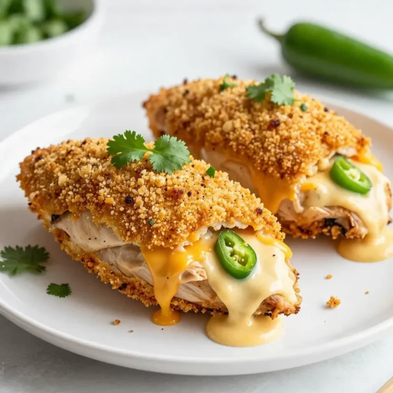 - 4 boneless, skinless chicken breasts - 4 oz cream cheese, softened - 1 cup shredded sharp cheddar cheese - 1/2 cup finely chopped jalapeños - 1/4 cup seasoned breadcrumbs - 1 tablespoon garlic powder - 1 tablespoon onion powder - 1 teaspoon smoked paprika - Salt and freshly ground black pepper - 2 tablespoons olive oil - Fresh cilantro leaves for garnish (optional) If you need to swap some items, here are a few ideas: - Use Greek yogurt instead of cream cheese for a lighter filling. - Swap sharp cheddar with mozzarella or pepper jack for different flavors. - For a milder spice, use banana peppers instead of jalapeños. - You can replace seasoned breadcrumbs with crushed cornflakes for extra crunch. Each serving of jalapeño popper stuffed chicken contains about: - Calories: 350 - Protein: 36g - Fat: 20g - Carbohydrates: 8g - Fiber: 1g - Sugar: 2g This dish is a good source of protein and can fit well into a balanced diet. {{ingredient_image_2}} 1. Preheat your oven to 375°F (190°C). This makes sure it’s hot when you bake. 2. In a medium bowl, mix 4 oz of cream cheese and 1 cup of shredded cheddar cheese. Blend until it’s smooth. 3. Add in 1/2 cup of finely chopped jalapeños, 1 tablespoon of garlic powder, 1 tablespoon of onion powder, and 1 teaspoon of smoked paprika. Toss in some salt and black pepper. Mix until everything is well combined. 4. Take each chicken breast and cut a pocket into the thickest part. Don’t cut all the way through. Make sure the pocket is big enough for the filling. 5. Stuff each pocket with the jalapeño cheese mixture. Press gently to keep the filling in without spilling it out. 6. Pour 1/4 cup of seasoned breadcrumbs into a shallow dish. Add a pinch of salt and pepper for extra flavor. 7. Dip each stuffed chicken breast in 2 tablespoons of olive oil. Make sure it’s lightly coated. Roll the chicken in the breadcrumb mix. Press down lightly to help the crumbs stick. 8. Heat a large oven-safe skillet over medium-high heat. Add a drizzle of olive oil. When the oil is hot, place the stuffed chicken in the skillet. Sear each side for 3-4 minutes until golden brown. 9. Transfer the skillet to your preheated oven. Bake for 20-25 minutes until fully cooked. The internal temperature should reach 165°F (74°C). 10. After baking, take the skillet out of the oven. Let the chicken rest for 5 minutes. This helps keep it juicy. Serve the jalapeño popper stuffed chicken hot. You can garnish with fresh cilantro for color. For a balanced meal, place the chicken over rice or alongside roasted veggies. A drizzle of olive oil or a squeeze of lime adds great flavor! To stuff chicken well, start with a sharp knife. Cut a pocket in the thickest part of each chicken breast. Make sure you do not cut all the way through. This helps keep the filling inside. Use a spoon or your fingers to add the jalapeño mixture. Press gently to pack it in without spilling. You want a good amount of filling in each breast for full flavor. Juicy chicken comes from two keys: cooking temperature and resting time. First, sear the chicken in a hot pan. This creates a nice crust and seals in moisture. After searing, bake the chicken in the oven until it reaches 165°F. Always let it rest for about five minutes after cooking. This helps the juices spread out, giving you a tender bite. For extra flavor, consider adding herbs or spices. Fresh cilantro adds a nice touch when serving. You can also experiment with different cheese types. Cream cheese pairs well with cheddar, but mozzarella or pepper jack can add a twist. For heat, use fresh jalapeños or pickled ones based on your taste. Adding a squeeze of lime before serving brightens the dish perfectly. Pro Tips Choose the Right Jalapeños: For a milder flavor, opt for pickled jalapeños. For more heat, use fresh jalapeños, and consider removing the seeds for even less heat. Perfectly Stuffed Chicken: Make sure to cut a deep enough pocket in the chicken to hold the filling without it spilling out during cooking. Searing for Flavor: Searing the chicken before baking helps to lock in moisture and adds a rich, golden crust that enhances the overall flavor. Resting Time: Allow the stuffed chicken to rest after baking. This step ensures that the juices redistribute, resulting in a juicier and more flavorful bite. {{image_4}} You can choose between spicy and mild jalapeños for this dish. Fresh jalapeños bring heat, while pickled ones add a tangy flavor. If you love spice, use fresh jalapeños. For a milder taste, pickled jalapeños work well. You can also remove the seeds from fresh jalapeños to reduce heat. Experiment with your favorite level of spice for a personal touch. Cheese is key to the creamy filling. While cream cheese and sharp cheddar are great, you can switch them out. Try pepper jack for more heat and flavor. Monterey jack also melts well and gives a creamy texture. If you want a unique taste, mix in some feta or goat cheese. Each cheese adds its own twist to the dish. Making this meal gluten-free is easy. Use gluten-free breadcrumbs instead of regular ones. You can find these in most stores. Just check the label to ensure they are safe. If you want to skip breadcrumbs entirely, use crushed gluten-free crackers or oats. This way, you can enjoy Jalapeño Popper Stuffed Chicken without worry. To store leftovers, let the chicken cool down first. Place it in an airtight container. Keep it in the fridge if you plan to eat it soon. This chicken stays fresh for up to 3 days. If you have extra filling, store it separately in another container. When you are ready to reheat, you can use the oven or the microwave. For the oven, preheat it to 350°F (175°C). Place the chicken on a baking sheet and heat for about 15-20 minutes. This will keep the chicken crispy. If using a microwave, put the chicken on a microwave-safe plate. Heat it in short bursts, about 1-2 minutes, until it's warm throughout. If you want to freeze the stuffed chicken, wrap each piece tightly in plastic wrap. Then, place them in a freezer bag or container. They can stay in the freezer for up to 3 months. To cook, thaw in the fridge overnight. Bake them at 375°F (190°C) for about 30-35 minutes. Yes, you can make Jalapeño Popper Stuffed Chicken without cheese. Replace the cheese with mashed avocado or hummus. This keeps the filling creamy while removing dairy. You can also add extra jalapeños to enhance the flavor. Many sides go great with this dish. Here are some tasty options: - Rice: White or brown rice works well. - Vegetables: Roasted broccoli or asparagus adds color and nutrition. - Salad: A fresh green salad brightens the meal. - Corn: Sweet corn on the side adds a nice crunch. These sides balance the rich flavors of the stuffed chicken. You can store leftovers in the fridge for about 3-4 days. Make sure to place the chicken in an airtight container. This keeps the chicken moist and safe to eat. If you want to enjoy it later, consider freezing it. In this post, we covered how to make Jalapeño Popper Stuffed Chicken. I shared a list of key ingredients and their substitutions, along with nutritional facts. Next, I provided step-by-step cooking instructions and serving ideas. You learned tips for keeping chicken juicy and ways to enhance flavors. Variations offered choices for spice levels, cheese, and gluten-free options. Finally, I detailed storage and reheating methods. Now you have all the tools to create a tasty dish! Enjoy cooking and impress your loved ones.