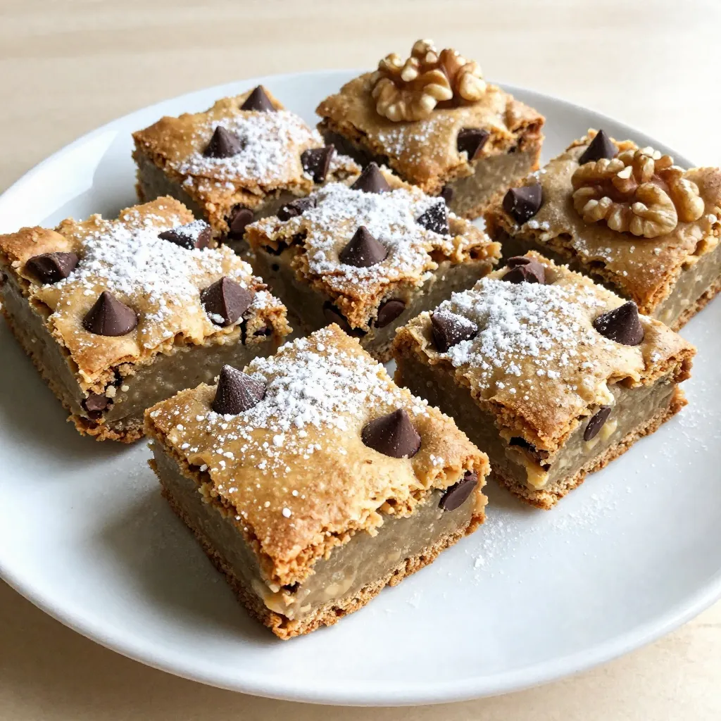 To make these tasty blondies, you need the following items: - 1 cup unsalted butter (for browning) - 1 cup packed brown sugar - 1/2 cup granulated sugar - 2 large eggs - 1 teaspoon vanilla extract - 2 cups all-purpose flour - 1 teaspoon baking powder - 1/2 teaspoon baking soda - 1/2 teaspoon salt - 1 cup chocolate chips (semi-sweet or milk chocolate) These ingredients create a rich, buttery base that brings out the flavors. You can add a few extras to make your blondies unique: - 1/2 cup chopped nuts (walnuts or pecans) - Sea salt for sprinkling on top Adding nuts gives extra crunch. A sprinkle of sea salt enhances the sweet taste. If you need to swap some ingredients, here are a few ideas: - Use coconut oil instead of unsalted butter for a dairy-free version. - Substitute brown sugar with coconut sugar for a lower glycemic option. - Use almond flour instead of all-purpose flour for a gluten-free version. These swaps help you create a dish that fits your needs while keeping the taste great. {{ingredient_image_2}} Browning butter is key to adding rich flavor. First, use a medium saucepan. Melt 1 cup of unsalted butter over medium heat. Stir it often. You will see foam start to rise. After about 5 to 7 minutes, the butter will turn golden brown. It will smell nutty and sweet. Remove it from heat and let it cool slightly. This step gives your blondies a warm, deep flavor. Next, we mix the sugars. In a large bowl, combine the cooled brown butter, 1 cup of packed brown sugar, and 1/2 cup of granulated sugar. Use a whisk to blend them well. This creates a smooth and creamy base. After that, add 2 large eggs, one at a time. Whisk well after each egg. Finally, stir in 1 teaspoon of vanilla extract. This adds even more flavor to your blondies. Now, it’s time to bake. Preheat your oven to 350°F (175°C). Line an 8x8-inch baking dish with parchment paper. This helps with easy removal later. In a separate bowl, mix 2 cups of all-purpose flour, 1 teaspoon of baking powder, 1/2 teaspoon of baking soda, and 1/2 teaspoon of salt. Slowly add this dry mix to your wet mix. Stir gently until just combined. Do not overmix; this keeps your blondies soft and chewy. Finally, fold in 1 cup of chocolate chips and any chopped nuts you like. Spoon the batter into the prepared dish and spread it evenly. Bake for 25 to 30 minutes. The edges should look golden brown. A toothpick inserted in the center should have some moist crumbs. Let the blondies cool for 15 minutes before lifting them out. Transfer to a wire rack to cool completely before cutting. Enjoy your delicious, chewy treats! When making brown butter blondies, avoid these common slip-ups: - Overheating the butter: Watch it closely. Too much heat will burn it. - Overmixing the batter: Mix until just combined. Overmixing makes them tough. - Using cold eggs: Always use room temperature eggs for better blending. - Skipping the parchment paper: This helps you lift the blondies out easily. For soft and chewy blondies, follow these tips: - Use brown sugar: It adds moisture and a rich flavor. - Don’t overbake: Pull them out when a toothpick shows moist crumbs. - Let them cool: Letting them cool in the pan helps them set. - Add chocolate chips: They melt slightly, adding to the chewy texture. Having the right tools makes baking easier and more fun: - Medium saucepan: For browning the butter. - Mixing bowls: Use one for wet and one for dry ingredients. - Whisk: Perfect for mixing sugars and eggs. - Spatula: Great for combining ingredients without overmixing. - 8x8-inch baking dish: Ideal size for the perfect blondies. - Parchment paper: Helps with easy removal and cleanup. Pro Tips Brown the Butter Well: Ensure you watch the butter closely while browning to achieve that rich nutty flavor without burning it. The key is to look for a golden brown color and a pleasant aroma. Don’t Overmix: When combining the wet and dry ingredients, mix until just combined. Overmixing can lead to tough blondies, so be gentle! Customize Your Mix-Ins: Feel free to substitute or add different types of chocolate chips, or incorporate dried fruits like cranberries for an extra flavor twist. Store Properly: To keep your blondies fresh, store them in an airtight container at room temperature for up to a week, or freeze for longer storage. {{image_4}} You can change up the flavors in your blondies by adding different mix-ins. Here are some great ideas: - Nuts: Chopped walnuts or pecans add crunch and flavor. - Chocolate: Use dark chocolate chips for a rich taste. You can even mix semi-sweet and milk chocolate for variety. - Fruits: Dried fruits like cranberries or apricots give a sweet twist. - Spices: A pinch of cinnamon or nutmeg can warm up the flavor profile. Have fun experimenting with these options. Each add-in can make your blondies unique! If you want to try something new, here are some creative blondie ideas: - Salted Caramel Blondies: Swirl in some caramel sauce before baking for a sweet and salty treat. - Peanut Butter Blondies: Mix in creamy peanut butter to take your blondies to a new level. - S'mores Blondies: Add mini marshmallows and crushed graham crackers for a campfire classic. These recipes will surprise your family and friends. Everyone loves a good twist on a classic! You can make blondies that fit different diets too. Here’s how: - Gluten-Free: Replace all-purpose flour with almond flour or a gluten-free blend. Make sure your chocolate chips are gluten-free. - Vegan: Substitute eggs with flax eggs (1 tablespoon flaxseed meal + 2.5 tablespoons water per egg) and use coconut oil instead of butter. Choose dairy-free chocolate chips for a fully vegan treat. These options ensure everyone can enjoy the deliciousness of blondies. No one will miss the original recipe! To keep your brown butter blondies fresh, store them in an airtight container. Place a piece of parchment paper between layers to prevent sticking. Keep the container in a cool, dry place. Avoid direct sunlight. This method keeps the blondies soft and chewy. You can enjoy them for days without losing texture. For long-term storage, freezing is a great option. First, let the blondies cool completely. Cut them into squares, then wrap each piece tightly in plastic wrap. Place the wrapped blondies in a freezer-safe bag or container. Label it with the date. These can last up to three months in the freezer. When you want to enjoy them, thaw them in the fridge overnight. Brown butter blondies last up to one week when stored properly at room temperature. If you keep them in the fridge, they can last up to two weeks. Always check for freshness before eating. If you notice any changes in smell or texture, it’s best to discard them. Enjoy your delicious treats while they are at their best! Brown butter has a rich, nutty flavor. You make it by cooking unsalted butter until it turns golden brown. This process also gives it a deeper taste than regular butter. Regular butter just adds fat. Brown butter adds flavor and depth to your blondies. You'll notice a lovely aroma as it cooks, too. Yes, you can! Brown sugar is crucial for the chewy texture. Granulated sugar helps it spread evenly. You can experiment with other sugars, like coconut sugar or honey. Just know that this might change the taste and texture a bit. Stick to some brown sugar for the best results. To check if your blondies are done, look for golden edges. The center should be set but slightly soft. A toothpick test works well too. Insert it in the middle; it should come out with a few moist crumbs. If it’s wet with batter, bake a little longer. You can! To replace eggs, try using unsweetened applesauce or mashed bananas. Use 1/4 cup of either for each egg. This keeps your blondies moist. They might be a bit denser, so adjust your baking time. Try it out for a fun twist on the classic recipe. You learned how to make delicious brown butter blondies with the right ingredients and techniques. Remember to experiment with optional add-ins and substitutions for a unique twist. Avoid common mistakes to get the best texture, and use proper storage methods to keep them fresh. Blondies can be made gluten-free or vegan too. Baking is fun, and these tips will help you create the perfect treat every time. Enjoy your baking journey!