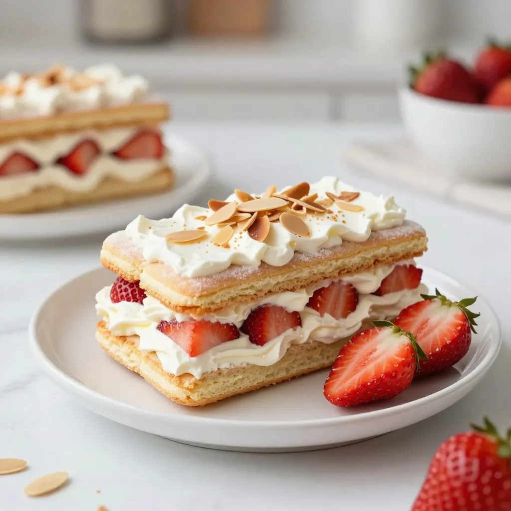 For this icebox cake, use 2 cups of fresh strawberries. Make sure to hull and slice them. The sugar helps release their juices. This creates a sweet syrup that adds flavor. Let them sit with 1 tablespoon of granulated sugar for about 10 minutes. You need 2 cups of heavy whipping cream for a rich texture. Add 1/2 cup of powdered sugar to sweeten it. For extra flavor, mix in 1 teaspoon of pure vanilla extract and 1 teaspoon of almond extract. Whip these together until soft peaks form. Use a package of 14 ounces of ladyfinger cookies. These cookies are light and soak up flavors well. You can also use sponge cake if you prefer. Finally, for a crunch, top with 1/2 cup of slivered almonds. This will give your cake a nice finish. {{ingredient_image_2}} To start, take 2 cups of fresh strawberries. Remove the stems and slice them. Place the sliced strawberries in a medium bowl. Add 1 tablespoon of granulated sugar to the bowl. Gently toss the strawberries to coat them in sugar. Let them sit for about 10 minutes. This resting time helps the strawberries release their juices. The result is a sweet syrup that adds flavor. Next, get a large bowl and pour in 2 cups of heavy whipping cream. Add 1/2 cup of powdered sugar for sweetness. Then, mix in 1 teaspoon of pure vanilla extract and 1 teaspoon of almond extract. Use an electric mixer to whip the cream. Start at medium speed until soft peaks form. This means your cream is light and fluffy. It will hold its shape well for layering. Now, take a 9x13 inch baking dish. Lay ladyfinger cookies along the bottom, side by side. If you prefer sponge cake, slice it and arrange it evenly. Spread a layer of whipped cream over the cookies. Make sure to cover them completely. Next, spoon on a layer of the sugared strawberries. Distribute them evenly across the whipped cream. Repeat this layering process two more times. End with a thick layer of whipped cream on top for a smooth finish. After assembling, cover the dish with plastic wrap. Place it in the refrigerator for at least 4 hours. For best results, let it chill overnight. This time allows the flavors to blend and the cookies to soften. It makes the cake even more delicious and easier to slice. To pick great strawberries, look for bright red color. They should be firm and plump. Avoid berries with green or white spots. The best strawberries smell sweet. If you can, buy them from a local farmer’s market. They often taste better than store-bought. Remember to wash them gently before use to keep them fresh. For the best whipped cream, start with cold equipment. Chill your bowl and beaters before whipping. Use heavy whipping cream for a rich texture. Mix on medium speed until soft peaks form. This takes about 3 to 5 minutes. Don’t overwhip; it can turn into butter. The cream should hold its shape but still be smooth. When layering, start with ladyfinger cookies or sponge cake. Make sure they cover the bottom well. Spread whipped cream evenly over the cookies. Then, add a layer of sugared strawberries. Repeat these layers for a stunning look. The final whipped cream layer should be nice and thick. This helps the cake hold its shape when served. Pro Tips Choose Ripe Strawberries: Select fully ripe strawberries for the best flavor and sweetness. Look for bright red berries with no white spots. Whip Cream to Right Consistency: Be careful not to overwhip the cream; it should be fluffy and hold peaks but not turn grainy. Layering Technique: Ensure even layers of whipped cream and strawberries to achieve a balanced flavor in every bite. Chill Overnight: For the best texture and flavor, allow the cake to chill overnight. This gives the ladyfingers time to absorb the moisture. {{image_4}} You can swap strawberries with other berries for fun! Try blueberries, raspberries, or blackberries. Each berry adds its own flavor. Blueberries give a sweet burst, while raspberries add a tart kick. Mix and match them to create your favorite combo. You can use equal amounts of berries as the recipe calls for strawberries. This way, you keep the same yummy texture and taste. If you need a gluten-free version, use gluten-free ladyfinger cookies or sponge cake. Look for brands that are labeled gluten-free. You can also make your own cookies using gluten-free flour. This makes it easy to enjoy the cake without gluten. Just follow the same layering steps, and you'll have a tasty treat that everyone can enjoy. To add some extra flair, try flavor infusions! You can mix different extracts into the whipped cream. For example, use lemon or coconut extract for a fresh twist. Another idea is to add a splash of orange juice to the strawberries for a citrus burst. These small changes can make your cake unique and exciting. Experiment and find your favorite flavor combination! To keep your Strawberry Shortcake Icebox Cake fresh, store it in the fridge. Use a tight cover or plastic wrap. This helps to keep the cake moist and tasty. Make sure to avoid any air gaps. If you have leftovers, try to finish them within a few days. You can freeze this cake if you want to save it for later. Wrap individual slices in plastic wrap. Then, place them in a freezer-safe bag or container. This helps to prevent freezer burn. Thaw the slices in the fridge before serving. The taste will still be nice, but the texture may change. In the fridge, the cake stays good for about 3 to 5 days. The strawberries and cream will stay fresh, but the cookies may soften. If frozen, the cake can last for about 2 months. Quality can decrease over time, so it’s best to enjoy it sooner rather than later. Yes, you can use frozen strawberries. Just thaw them first and drain any excess juice. This helps keep the cake from getting soggy. Frozen strawberries work well when fresh ones are not in season. The cake stays fresh in the fridge for about 3 days. Make sure to cover it well with plastic wrap. This keeps it moist and tasty. If you notice any liquid, just scoop it out before serving. You can use sponge cake instead of ladyfinger cookies. Slice the cake into layers for even coverage. Other options include graham crackers or even biscuit cookies for a different flavor. Yes, making it ahead of time is a great idea! You can prepare it one day before serving. Just remember to chill it for at least 4 hours or overnight for the best flavor and texture. We covered the key ingredients for a delicious cake, including fresh strawberries and cream. I provided step-by-step instructions for preparing the strawberries, whipping the cream, and assembling the cake. You also learned helpful tips, variations, and smart storage practices. Remember, using the best strawberries and mastering your cream technique is vital. Embrace creative options to make this dessert yours. Enjoy your cake making, and always have fun with flavors!