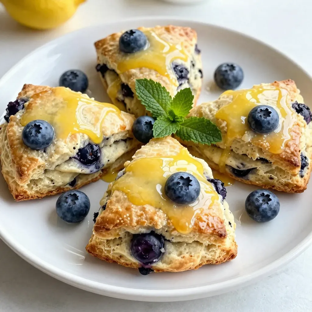 - 2 cups all-purpose flour - 1/2 cup granulated sugar - 2 teaspoons baking powder - 1/2 teaspoon baking soda - 1/2 teaspoon salt - 6 tablespoons cold unsalted butter - 1 cup fresh blueberries - Zest of 1 large lemon - 1/4 cup heavy cream - 1 large egg - 1 tablespoon freshly squeezed lemon juice To make my Lemon Blueberry Scones, I use simple, fresh ingredients. Each one plays an important role in creating the perfect flavor and texture. First, I choose all-purpose flour. It gives scones their soft structure. The granulated sugar adds a hint of sweetness. I use baking powder and baking soda to help the scones rise. Salt balances the flavors and brings everything together. Next, I add cold unsalted butter. Chilled butter creates flaky layers in the scones. This is key for that light texture. Then, I fold in fresh blueberries. They burst with flavor and make each bite delicious. Zest from a lemon adds a bright note that lifts the scones. For the wet ingredients, I mix heavy cream, a large egg, and freshly squeezed lemon juice. These keep the scones moist and add richness. With the right ingredients, you can create scones that are fresh and tasty. Each element works together to make a delightful treat. {{ingredient_image_2}} - Preheat the oven to 400°F (200°C). - Line a baking sheet with parchment paper. - Whisk together flour, sugar, baking powder, baking soda, and salt. - Add cubed butter. - Rub it into the flour mixture until it looks like coarse crumbs. - Fold in lemon zest and blueberries. Be gentle to keep the berries whole. - Whisk together heavy cream, egg, and lemon juice until smooth. - Pour the wet mix into the dry. - Stir gently until just mixed. The dough should be sticky. - Transfer the dough to a floured surface. - Pat it into a circle about 1 inch thick. - Cut into wedges or use a cutter for rounds. - Place on the baking sheet, about 1 inch apart. - Bake for 15-20 minutes until golden brown. - Check with a toothpick; it should come out clean. To get the best scones, avoid overmixing the dough. Overmixing makes scones tough. You want a light, tender texture. Instead, mix just until the dough comes together. Using cold ingredients is key for flakiness. Cold butter helps create layers in the scone. It keeps the dough light and airy. Make sure your butter is firm and cold when you mix it in. Serve your scones warm for the best taste. A drizzle of lemon glaze adds a sweet touch. You can make the glaze by mixing powdered sugar with lemon juice. Fresh blueberries on the side enhance the flavor. They also look great on the plate. Many people overwork the dough. This can lead to dry scones. Remember to mix gently! Another mistake is baking too long. Keep an eye on them, so they stay golden brown. A toothpick test helps; it should come out clean when done. Pro Tips Use Cold Ingredients: Ensure your butter and cream are cold to achieve flaky scones. This helps create steam during baking, resulting in a light texture. Don’t Overmix: When combining wet and dry ingredients, mix just until combined. Overmixing can lead to tough scones. Chill the Dough: For even better results, chill the shaped scones in the refrigerator for about 15 minutes before baking. This helps them maintain their shape and enhances the texture. Experiment with Flavors: Feel free to add other mix-ins like chopped nuts or different fruits to customize your scones. Just remember to adjust the moisture content accordingly. {{image_4}} You can make your scones even more delightful. Try adding poppy seeds for a nice crunch. They bring a unique texture that pairs well with the soft scone. You can also swap blueberries for other berries. Raspberries or blackberries will work great too. Each berry adds its own twist to the flavor. If you want gluten-free scones, use almond or coconut flour. These flours will keep the scones light and fluffy. For a vegan option, use plant-based butter instead of regular butter. You can also replace the heavy cream with your favorite alternative milk. Both of these changes keep the scones tasty while meeting dietary needs. Store your scones in an airtight container at room temperature. This keeps them fresh and soft. They are best enjoyed within a few days. If you want to keep them longer, freezing is a great option. You can freeze unbaked dough for later use. Shape the dough into wedges or rounds, then wrap them tightly in plastic wrap. Place them in a freezer bag. When you’re ready to bake, just pop them in the oven without thawing. This way, you can enjoy fresh scones anytime! To warm your scones, use either the oven or microwave. For the oven, set it to 350°F (175°C) and heat for about 10 minutes. For the microwave, heat each scone for about 15-20 seconds. This helps restore their fluffy texture and makes them taste fresh. Enjoy them warm with a bit of butter or lemon glaze! Yes, frozen blueberries can be used without thawing. They bake well and keep the scones moist. Just remember not to crush them too much when mixing. You can reduce the amount of sugar in the recipe. Start by cutting the sugar by a quarter. This keeps the lemon and blueberry flavors bright. Scones are best served warm with lemon glaze or on their own. A drizzle of glaze adds a sweet touch. You can also enjoy them with butter or jam. Your scones are done when the tops are golden brown and a toothpick comes out clean. Keep an eye on them, as baking times can vary slightly. Yes, you can increase lemon zest or juice slightly. This will give your scones a brighter, fresher lemon taste. Just be sure not to add too much liquid. In this blog post, we explored how to make delicious blueberry scones. We outlined the key ingredients, step-by-step instructions, tips, and variations. Remember to use cold ingredients and avoid overmixing for the best texture. You can also freeze the dough for later use. Enjoy experimenting with flavors and serving suggestions. Making scones can be simple and fun. With practice, you'll master this tasty treat and impress your friends and family.