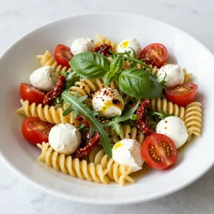 - 12 ounces fusilli or rotini pasta - 1 cup cherry tomatoes, halved - 1 cup fresh mozzarella balls, bocconcini - 1 cup fresh arugula - &frac12; cup fresh basil leaves, roughly torn - &frac12; cup sun-dried tomatoes, julienned - &frac14; cup extra virgin olive oil - 2 tablespoons balsamic vinegar - 1 teaspoon honey - Salt and freshly ground black pepper to taste - Optional: crushed red pepper flakes In this Caprese Pasta Salad, the main ingredients create a colorful and tasty dish. The fusilli or rotini pasta gives a nice twist that holds the dressing well. I love the juicy cherry tomatoes; they add sweetness and freshness. Fresh mozzarella balls, or bocconcini, provide creamy bites that make every forkful delightful. You get a peppery crunch from the arugula, which balances the flavors. The fresh basil leaves bring an aromatic touch that brightens the salad. Sun-dried tomatoes add a rich, tangy flavor that makes it unique. Now, let&rsquo;s talk about the dressing. Extra virgin olive oil gives a smooth texture and rich taste. Balsamic vinegar adds a sweet and tart punch. Honey complements the vinegar and rounds out the flavors. Seasoning with salt and pepper is important to enhance all the tastes. If you like a bit of heat, crushed red pepper flakes can be a great addition. Mix all these ingredients, and you&rsquo;ll have a vibrant and delicious salad that shines on any table. {{ingredient_image_2}} To start, fill a large pot with water. Add a generous pinch of salt. Bring the water to a rolling boil. Once boiling, add 12 ounces of fusilli or rotini pasta. Cook it according to the package instructions until it's al dente. This usually takes about 8 to 10 minutes. After cooking, carefully drain the pasta. Rinse it under cold water to stop the cooking process. This step cools the pasta quickly and helps it stay firm. In a large mixing bowl, add the cooled pasta. Next, add 1 cup of halved cherry tomatoes, 1 cup of fresh mozzarella balls, and 1 cup of fresh arugula. Then, toss in &frac12; cup of roughly torn basil leaves and &frac12; cup of julienned sun-dried tomatoes. Mix everything gently. This helps to ensure that all the ingredients blend well together. You want every bite to be full of flavor. Grab a small bowl and whisk together &frac14; cup of extra virgin olive oil, 2 tablespoons of balsamic vinegar, and 1 teaspoon of honey. Add a good pinch of salt and freshly ground black pepper. If you like a bit of heat, sprinkle in some crushed red pepper flakes. This will give your dressing a nice kick. Adjust the spice level to fit your taste. Now it's time to dress the salad. Pour the dressing over your pasta mixture. Use a gentle folding motion to toss everything together. You want the pasta and veggies to be well coated. After tossing, taste the salad. Adjust the seasoning if needed. For best results, cover the bowl with plastic wrap or a lid. Chill the salad in the refrigerator for at least 30 minutes. This allows the flavors to meld and taste even better. Adjusting Seasoning to Taste Always taste your salad before serving. You may want to add more salt or pepper. If it needs sweetness, add a bit of honey. Each bite should burst with flavor. Enhancing Flavor with Cheese For extra richness, add Parmesan cheese. Grate it finely and sprinkle it on top. The salty, nutty flavor will make your salad even better. Serving Suggestions Serve your salad in a large, shallow bowl. This showcases the colorful ingredients beautifully. You can also use individual bowls for a personal touch. Garnishing Ideas Add whole basil leaves on top for a fresh look. You might also sprinkle more cheese for style and taste. A drizzle of balsamic glaze adds a nice finish too. Prepping Ingredients Ahead Chop your veggies and cheese in advance. Store them in the fridge to save time. You can even cook the pasta a day before. Quick Cooling Methods After cooking the pasta, rinse it under cold water. This cools it quickly and stops cooking. You can also spread it out on a baking sheet. This helps it cool faster too. Pro Tips Choose the Right Pasta: Fusilli or rotini are excellent choices for this salad because their twists and grooves hold onto the dressing and ingredients better than flat pasta. Fresh Ingredients Matter: Use the freshest cherry tomatoes and mozzarella balls you can find to enhance the flavor and texture of your salad. Customize Your Greens: Feel free to substitute arugula with other greens like spinach or mixed salad greens for a different flavor profile. Chill for a Flavor Boost: Allowing the salad to chill for at least 30 minutes helps the flavors meld, making each bite more delicious. {{image_4}} You can boost your Caprese Pasta Salad with proteins. This makes it heartier and more filling. - Grilled Chicken: Add sliced grilled chicken for a tasty twist. The smoky flavor pairs well with the salad. - Chickpeas or Beans: If you want a plant-based option, add chickpeas or beans. They provide protein and a nice texture. You can also mix in more vegetables. This adds color and crunch to your salad. - Bell Peppers: Chop bell peppers for a sweet crunch. They add a pop of color and flavor. - Spinach or Kale: Toss in fresh spinach or kale for extra nutrients. Both greens blend well with the other ingredients. Switch up your dressing for new flavors. This can change the whole taste of your salad. - Lemon Vinaigrette: A bright lemon vinaigrette gives a fresh zing. It complements the tomatoes and cheese beautifully. - Creamy Italian Dressing: For a richer taste, use creamy Italian dressing. It makes the salad smooth and flavorful. Storing Caprese pasta salad properly keeps it fresh and tasty. - Refrigeration Tips: Place the salad in an airtight container. This helps prevent moisture loss and keeps flavors intact. Always store it in the fridge right after serving to avoid spoilage. - Duration of Freshness: Enjoy your salad within 3 days for the best taste. After that, the ingredients may start to lose their crunch. You can enjoy Caprese pasta salad cold or at room temperature. - Best Methods for Maintaining Flavor: If you want to warm it up, use a microwave on low heat. Heat it just enough to take the chill off. This way, the flavors stay bright and fresh. - Serving After Refrigeration: Before serving, give the salad a gentle toss. This redistributes the dressing and ingredients. If it seems a little dry, add a splash of olive oil or balsamic vinegar for added moisture. Can I make it vegan? Yes, you can make this salad vegan! Simply replace the mozzarella with a plant-based cheese. You can also use a nut-based cheese for added flavor. How long can I store leftovers? You can store leftovers in the fridge for up to three days. Make sure to keep it in a sealed container to maintain freshness. Is it possible to use a different type of pasta? Absolutely! You can use any pasta shape you like. Penne, farfalle, or even whole wheat pasta work great too. What to do if it&rsquo;s too salty? If your salad turns out too salty, add more pasta or fresh veggies. You can also add a splash of vinegar to balance the flavor. How to prevent sogginess? To prevent sogginess, rinse the pasta in cold water after cooking. This stops the cooking process and helps keep it firm. What dishes pair well with Caprese Pasta Salad? This salad pairs well with grilled chicken, garlic bread, or a light soup. The fresh flavors complement many dishes. Can it be served warm? You can serve it warm, but I recommend it cold for the best flavor. Chilling the salad enhances the taste of the ingredients. This blog covered the essential ingredients for a delicious Caprese Pasta Salad. You learned how to cook pasta, mix fresh veggies, and whip up a tasty dressing. We also shared tips for perfecting your salad and ways to store it. You can enjoy different variations with proteins or veggies. Always remember to chill your salad for the best flavor. With these simple steps, you can create a meal that impresses everyone. Enjoy making it, and happy cooking!