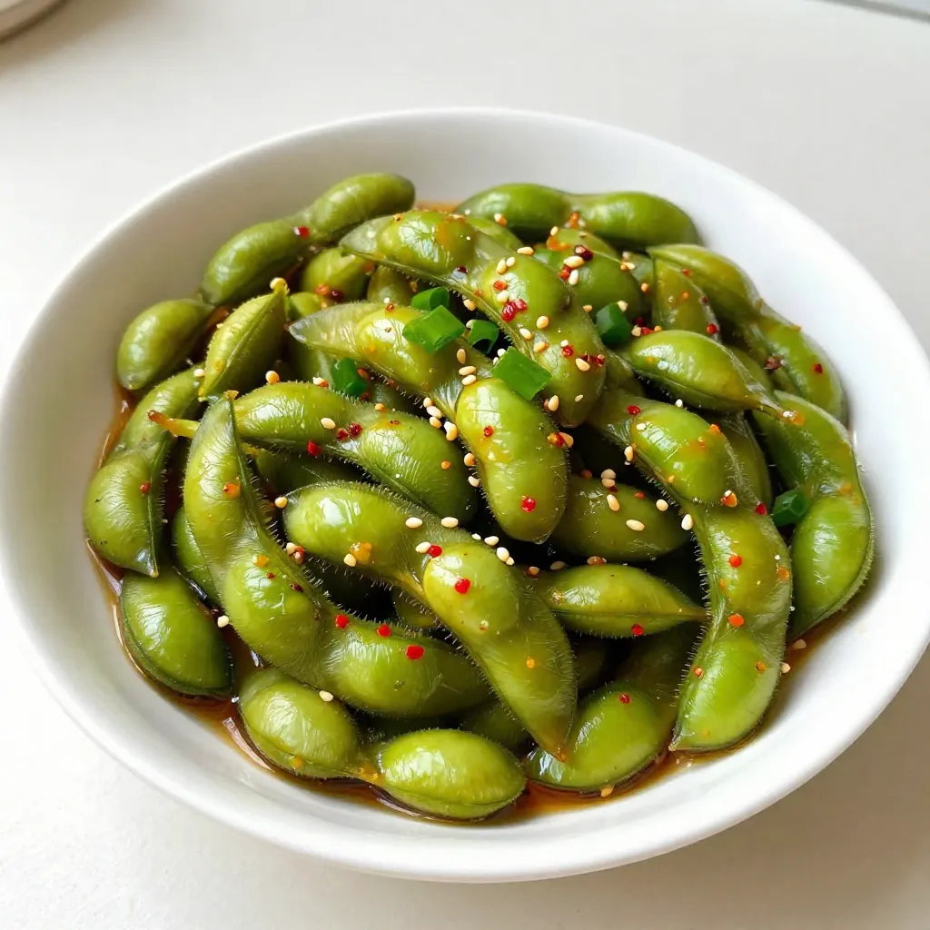 To make spicy garlic edamame, you will need: - 2 cups edamame pods (fresh or frozen) - 4 cloves garlic, finely minced - 2 tablespoons extra virgin olive oil - 1 tablespoon low-sodium soy sauce - 1 teaspoon crushed red pepper flakes - 1 tablespoon sesame seeds (toasted, for extra flavor) - Salt, to taste - 1 tablespoon finely chopped green onions (for garnish) I recommend using frozen edamame for this recipe. It is easy to find and cooks quickly. Frozen edamame is picked at peak freshness, so the taste is great. Fresh edamame works too. If you choose fresh, look for bright green pods that feel firm. If you want to change things up, here are some easy swaps: - Use garlic powder instead of fresh garlic in a pinch. - Swap olive oil for sesame oil for a richer flavor. - You can try tamari instead of soy sauce for a gluten-free option. - If you don't have sesame seeds, you can use chopped nuts for crunch. {{ingredient_image_2}} Start by cooking the edamame pods. If you use frozen edamame, fill a pot with water. Bring the water to a boil. Add the edamame pods and cook them for about 5 minutes. They should be tender. After cooking, drain the pods well and set them aside. Next, heat a medium skillet on medium heat. Pour in 2 tablespoons of extra virgin olive oil. Let it warm up. Add 4 finely minced garlic cloves to the skillet. Stir the garlic for 1-2 minutes. You want it to smell nice and fragrant. Be careful not to let it burn. Burnt garlic tastes bad. Now, add the cooked edamame to your skillet. Pour in 1 tablespoon of low-sodium soy sauce and 1 teaspoon of crushed red pepper flakes. Sprinkle in a little salt for taste. Stir everything well to coat the edamame in that garlic goodness. Cook for another 2-3 minutes. Stir often, so everything heats evenly. Once heated, take the skillet off the heat. Sprinkle 1 tablespoon of toasted sesame seeds on top. Add 1 tablespoon of finely chopped green onions for color and crunch. Serve the spicy garlic edamame warm. You can use a rustic bowl for a nice touch. Enjoy this flavor-packed snack! To cook edamame well, start with fresh or quality frozen pods. Boil them until tender, usually around five minutes. Drain the pods well to keep them from being soggy. If you want a bit more flavor, try using vegetable broth instead of water. This adds depth without extra effort. Adjusting spice is easy. Start with a small amount of crushed red pepper flakes. You can always add more later. If you want less heat, reduce the flakes or skip them. For extra heat, add more. Another option is to drizzle a bit of sriracha or chili oil before serving. For a beautiful presentation, use a rustic bowl for the edamame. Sprinkle the toasted sesame seeds and green onions on top for color. You can also serve them in a platter with your favorite dipping sauces. This makes them fun for sharing. Always serve the edamame warm for the best taste experience. Pro Tips Choose Fresh Edamame: Fresh edamame pods will give you a better texture and flavor compared to frozen. Look for bright green pods without blemishes. Control the Heat: Adjust the amount of crushed red pepper flakes to suit your spice preference. Start with less and add more gradually if desired. Perfect Garlic Sauté: Be vigilant while sautéing garlic; it can quickly turn from fragrant to burnt. Remove it from the heat as soon as it becomes golden. Garnish for Flavor: Don’t skip the toasted sesame seeds and green onions; they add a delightful crunch and enhance the overall flavor of the dish. {{image_4}} You can easily make spicy garlic edamame vegan. The recipe is naturally vegan since it uses edamame and garlic. For a gluten-free version, use tamari instead of soy sauce. Tamari has a similar taste but is free of gluten. This way, everyone can enjoy the dish without worry. You can add more flavor to your edamame. Try adding a splash of lime juice for a zesty twist. Another option is mixing in some ginger for a spicy kick. You may also add a dash of sesame oil for a nutty flavor. For an Asian touch, consider adding chopped cilantro. These simple changes can take your snack to the next level. Spicy garlic edamame is great for many events. Serve it as an appetizer at parties and gatherings. It also works well as a side dish for Asian meals. If you have friends over, serve it with drinks for a fun snack. For movie nights, present it in a bowl for easy sharing. The vibrant colors and bold flavors make it a hit every time! To store leftover spicy garlic edamame, place it in an airtight container. Be sure to cool it to room temperature before sealing. This helps keep the flavors fresh. You can store it in the fridge for up to three days. If you have more leftovers, consider freezing them for later use. To reheat the edamame, you can use a skillet or microwave. For the skillet, heat it over medium-low heat. Add the edamame and a splash of water. Stir until warmed through, about 5 minutes. If using a microwave, place the edamame in a microwave-safe bowl. Cover it with a damp paper towel and heat for about 1-2 minutes. When stored properly, spicy garlic edamame lasts up to three days in the fridge. If frozen, it can last for about three months. Just remember to thaw it overnight in the fridge before reheating. Always check for off smells or changes in texture before eating leftovers. Enjoy your flavorful snack! The best way to cook edamame is to boil it. Start with fresh or frozen edamame pods. If using frozen, add them to boiling water. Cook for about 5 minutes until tender. Drain the pods well before using them in your recipe. This method keeps the beans bright green and tasty. Yes, you can make Spicy Garlic Edamame in advance. Prepare it and let it cool completely. Store it in an airtight container in the fridge. It will last for up to three days. When you're ready to eat, reheat it in a skillet over medium heat until warmed through. To make this recipe less spicy, reduce the amount of crushed red pepper flakes. You can start with half a teaspoon. If you want even less heat, skip the red pepper altogether. The garlic and soy sauce will still give you great flavor. Yes, edamame is very healthy! It is high in protein, fiber, and vitamins. Edamame is also low in calories and fat. It can support heart health and aid digestion. Eating edamame can be a great addition to your diet. This blog covered how to make spicy garlic edamame. You learned about key ingredients, step-by-step instructions, and tips for success. I also shared variations and storage ideas to keep your dish fresh. Remember, edamame is not just tasty; it's healthy too. Feel free to tweak flavors and serve it anytime. Cooking can be fun, and this recipe is a great way to start. Enjoy making your own delicious version!