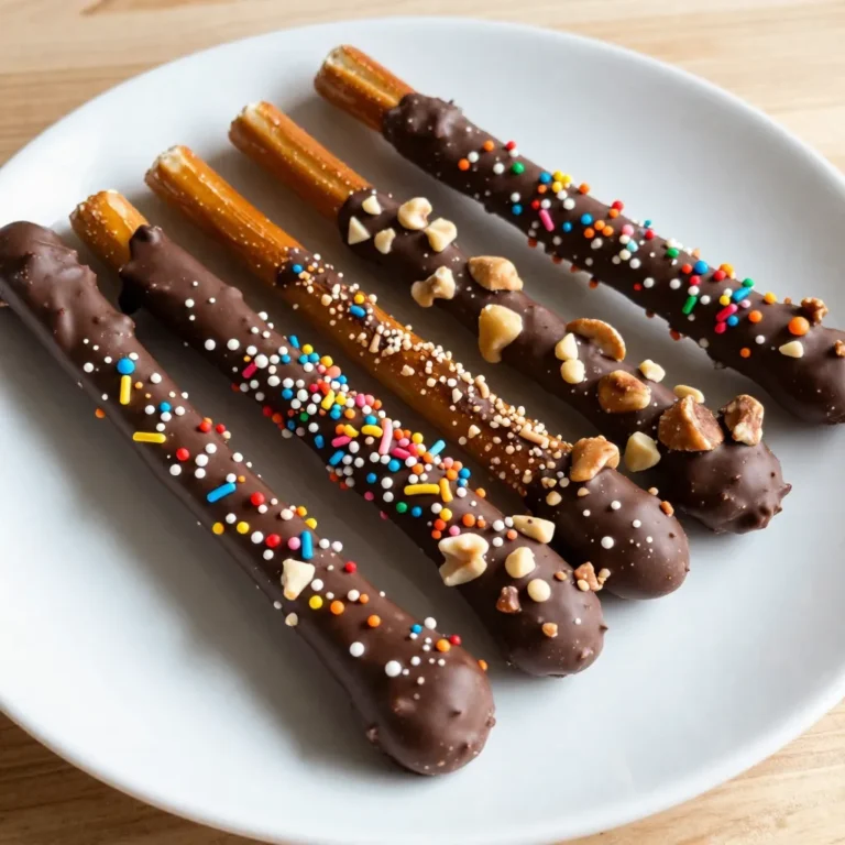 - 1 cup pretzel rods - 1 cup semi-sweet chocolate chips - 1 tablespoon coconut oil (or vegetable shortening) - 1/2 cup crushed toppings (choose from sprinkles, crushed nuts, crushed cookies, or sea salt) I love using these simple ingredients for chocolate dipped pretzel rods. The pretzel rods give a nice crunch. The semi-sweet chocolate chips melt perfectly and add rich flavor. Coconut oil makes the chocolate smooth. You can use vegetable shortening, too! You can get creative with your toppings. I like sprinkles for color. Crushed nuts add a nice crunch. Crushed cookies bring sweetness. Sea salt gives a tasty contrast. Choose what you love most! Gather these items, and you’re ready to make a fun snack. The best part? You can customize it to your taste! Whether you want sweet or salty, these ingredients help you create something delicious. {{ingredient_image_2}} To start, you need to combine the chocolate chips and coconut oil in a microwave-safe bowl. The coconut oil helps the chocolate melt smoothly and gives it a nice shine. Microwave this mixture in 30-second intervals. After each interval, stir the chocolate well. Keep doing this until the chocolate is fully melted and smooth. You want it to look glossy and creamy. Now it’s time to dip the pretzels. Grab a pretzel rod and hold it by one end. Dip it into the melted chocolate, swirling gently. Aim to cover about two-thirds of the pretzel. Watch out for drips! Let any extra chocolate fall back into the bowl. This ensures an even coat. While the chocolate is still wet, you can add toppings. This is the fun part! You can roll the pretzel in crushed nuts or sprinkle some colorful sprinkles on top. Do this right away to make sure the toppings stick. Cover the chocolate completely to make it look and taste great. Next, prepare a baking sheet by lining it with parchment paper. Place your coated pretzel rods on this sheet. Keep dipping and topping until all your pretzels are done. Let them sit at room temperature for about 30 minutes. If you want to speed things up, put them in the fridge for about 10 minutes. This helps the chocolate set quickly. To get the best dip, hold the pretzel rod by one end. This way, you can control the depth of the chocolate. Aim to dip two-thirds of the rod. Swirl it gently to coat evenly. To avoid too much chocolate, let the excess drip back into the bowl. You can tilt the rod slightly while doing this. This leaves a nice, smooth finish. For a fun look, serve your pretzel rods on a colorful platter. You can drizzle more melted chocolate over them for a fancy touch. Consider adding whole pretzel rods beside the dipped ones for extra flair. Use different colored sprinkles to create a festive vibe. If your chocolate does not set, check the cooling method. Try placing the rods in the fridge for ten minutes. This speeds up hardening. For unwanted chocolate drips, use a small knife to scrape off the extra chocolate. You can also gently shake the pretzel to remove any drips before it sets. Pro Tips Choose Quality Chocolate: Opt for high-quality semi-sweet chocolate chips to enhance the flavor of your pretzel rods. A richer chocolate will elevate the overall taste. Experiment with Toppings: Don’t hesitate to mix and match toppings! Combine sprinkles with crushed nuts or add a sprinkle of sea salt for a unique flavor profile. Keep Chocolate Warm: If the chocolate starts to cool and thicken while dipping, microwave it for a few seconds to regain that smooth, pourable consistency. Use Parchment Paper: Always line your baking sheet with parchment paper to prevent the pretzel rods from sticking and to make cleanup a breeze. {{image_4}} You can choose from several types of chocolate for your pretzel rods. Each type brings its own taste. - Milk chocolate: This chocolate is creamy and sweet. It pairs well with salty pretzels. - Dark chocolate: Dark chocolate adds a rich, bold flavor. It is less sweet than milk chocolate. - White chocolate: This chocolate is sweet and smooth. It creates a lovely contrast with pretzels. You can also explore flavored chocolates. Think about adding flavors like mint, orange, or even caramel. These chocolates can make your pretzel rods stand out. Toppings can change your pretzel game. You can use many unique toppings to make them special. - Toffee bits: These add a sweet crunch. - Dried fruit: Try cranberries or apricots for a fruity twist. - Crushed cookies: Oreos or graham crackers can add fun texture. Mixing different toppings can boost flavor. For example, try adding nuts and sprinkles together. This creates a colorful and tasty treat. You can customize pretzel rods for special events. This adds a personal touch. - Holiday-themed pretzel rods: Use red and green sprinkles for Christmas. For Halloween, try orange and black toppings. - Customized pretzel rods for events: For birthdays, use sprinkles that match the party theme. For weddings, you might dip in white chocolate and add gold or silver accents. These variations make your chocolate dipped pretzel rods perfect for any occasion. They become not just a snack but a fun part of the event! To keep your chocolate dipped pretzel rods fresh, store them in a cool, dry place. Avoid heat and humidity. This helps the chocolate stay firm and not melt. For the best results, use an airtight container. A container with a tight seal keeps air out and moisture in. You can also layer the rods between parchment paper. This protects the chocolate from sticking together. Chocolate dipped pretzel rods last about 1 to 2 weeks at room temperature. Make sure they are in a cool spot, away from sunlight. If you want to keep them longer, you can freeze them. Wrap each pretzel rod in plastic wrap. Then, place them in a freezer-safe bag or container. They can stay fresh for up to 3 months in the freezer. When you’re ready to eat them, just take them out and let them thaw. The chocolate on your pretzel rods can take about 30 minutes to set at room temperature. If you want to speed this up, pop them in the fridge for around 10 minutes. This makes the chocolate firm up faster. Just make sure not to leave them too long, or they might get too cold and lose that nice shine. Yes, you can use white chocolate if you prefer. Just remember that it will change the taste. White chocolate is sweeter and creamier than semi-sweet chocolate. You can follow the same steps for melting and dipping. It works well with the crunchy pretzels. You can find pre-made chocolate-dipped pretzel rods at many stores. Look in the snack aisle or the bakery section. Online retailers like Amazon also have great options. Check local candy shops or specialty stores too. They often have unique flavors and toppings. This blog post covered how to make tasty chocolate-dipped pretzel rods. We discussed the needed ingredients and gave step-by-step instructions. I shared tips for dipping, adding toppings, and setting your treats. You learned about variations with different chocolates and toppings, plus storage advice. Now you can create amazing snacks for any event. Enjoy making these fun treats and impress your friends and family!