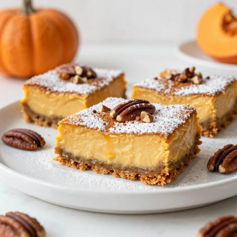 To make these delicious pumpkin spice cheesecake bars, you will need: - 1 ½ cups graham cracker crumbs - ½ cup unsalted butter, melted - 1 tablespoon packed brown sugar - 2 (8-ounce) packages cream cheese, softened - 1 cup canned pumpkin puree (not pie filling) - ¾ cup granulated sugar - 2 large eggs, at room temperature - 1 teaspoon pure vanilla extract - 1 teaspoon ground cinnamon - ½ teaspoon ground nutmeg - ½ teaspoon ground ginger - ¼ teaspoon ground cloves - ¼ teaspoon salt Each ingredient plays a big role in flavor. The cream cheese gives the bars a rich texture. Pumpkin puree adds moisture and a lovely fall taste. The spices give warmth and depth to each bite. To elevate your bars, consider these toppings: - Powdered sugar for a sweet finish - Caramel sauce drizzled on top - Extra cinnamon sprinkled for warmth - Chopped pecans for a crunchy texture These little additions can turn a good dessert into a great one. They not only add flavor but also make the bars look beautiful on the plate. If you need to swap ingredients, here are some ideas: - Use coconut oil instead of butter for a dairy-free option. - Try almond flour instead of graham cracker crumbs for a gluten-free crust. - Substitute maple syrup for granulated sugar for a natural sweetener. These substitutions can help you tailor the recipe to fit your dietary needs. Just remember that changes may alter the taste or texture slightly. {{ingredient_image_2}} Begin by preheating your oven to 350°F (175°C). This step is key for even baking. Next, take a 9x9-inch baking pan. You can grease it with non-stick spray. Alternatively, line it with parchment paper. This makes it easier to remove the bars later. In a medium bowl, combine the graham cracker crumbs, melted unsalted butter, and brown sugar. Mix until the crumbs are fully coated. The texture should be crumbly. Once mixed, press this crumb mixture firmly into the bottom of your baking pan. It should be even and flat. Bake the crust for 8-10 minutes. Look for a light golden color. After baking, let it cool completely. In a large mixing bowl, beat the softened cream cheese and granulated sugar together. Use a hand mixer or stand mixer for a smooth mix. Make sure there are no lumps left. Next, add the pumpkin puree, eggs, vanilla extract, ground cinnamon, nutmeg, ginger, cloves, and salt. Mix on low speed until smooth. Ensure there are no streaks of cream cheese or pumpkin. Pour the pumpkin cheesecake filling over the cooled crust. Spread it evenly across the surface. Place the pan back in the oven. Bake for 30-35 minutes. The edges should be set, but the center can still jiggle a bit. This is normal; it will firm up as it cools. After baking, remove the pan from the oven. Let it cool at room temperature for about 30 minutes. Then, transfer the pan to the refrigerator. Chill for at least 2 hours. This helps the bars set completely. Once chilled, lift them from the pan using the parchment edges. Cut into squares for serving. For a nice touch, dust them with powdered sugar or drizzle with caramel sauce. Adding a sprinkle of cinnamon or chopped pecans can enhance the look. To make the best crust, use fresh graham cracker crumbs. You can crush whole crackers in a food processor. Mix the crumbs with melted butter and brown sugar. This mix should feel moist but crumbly. Press it firmly into the pan. Use the back of a measuring cup for even pressure. Bake until golden, about 8-10 minutes. Let it cool completely before adding the filling. A well-made crust gives your bars a strong base. Start with room temperature cream cheese. This helps avoid lumps. Beat the cream cheese and sugar until smooth. Add pumpkin and eggs next. Mix on low speed to avoid splashing. It is key to blend until fully smooth. You want to see no streaks of pumpkin or cream cheese. The spices should be evenly mixed in too. This ensures every bite has great flavor. One common mistake is skipping the cooling step. Your crust needs to cool before adding the filling. If not, the heat can cause the filling to cook unevenly. Another mistake is overbaking the bars. They should jiggle slightly in the center when done. This jiggle means they will firm up as they cool. Lastly, avoid cutting the bars too soon. They need time in the fridge to set properly. Pro Tips Chill Thoroughly: Make sure to chill the cheesecake bars for at least 2 hours after baking. This allows the flavors to meld and the texture to set perfectly. Use Room Temperature Ingredients: Ensure your cream cheese and eggs are at room temperature before mixing. This helps achieve a smoother and creamier filling without lumps. Perfectly Even Crust: When pressing down the graham cracker mixture, use the bottom of a flat measuring cup for an even layer across the pan. Flavor Enhancements: For an extra kick, consider adding a tablespoon of maple syrup to the filling or a splash of bourbon for depth of flavor. {{image_4}} To make gluten-free pumpkin spice cheesecake bars, switch the graham cracker crumbs. Use gluten-free graham crackers or almond flour instead. This keeps the crust tasty and safe for those who avoid gluten. Just follow the same steps for the crust, and you’ll have a delicious treat for everyone. For a dairy-free version, replace the cream cheese. Use a dairy-free cream cheese option. Coconut cream can also work well for a rich texture. Ensure that your butter is dairy-free too, or substitute it with coconut oil. These swaps keep the bars creamy without the dairy. You can add extra flavors to make these bars unique. Try mixing in chocolate chips for a sweet surprise. Chopped nuts, like pecans or walnuts, add a nice crunch. If you want a bit of saltiness, sprinkle some sea salt on top before baking. These additions can change the taste and add fun textures to your pumpkin spice cheesecake bars. To keep your pumpkin spice cheesecake bars fresh, store them in the fridge. Use an airtight container to prevent the bars from drying out. If you want to keep them for more than a few days, chilling is best. You can freeze these cheesecake bars for longer storage. First, cut them into squares. Wrap each piece in plastic wrap. Then, place them in a freezer-safe bag or container. Be sure to label it with the date to track freshness. They can stay in the freezer for up to three months. For the best taste, eat the bars within five days if stored in the fridge. If frozen, enjoy them within three months for the best quality. Always check for any signs of freezer burn or off smells before eating. Pumpkin spice cheesecake bars last about 5 days in the fridge. Store them in an airtight container. They stay fresh and tasty for the whole time. If you want them to last longer, freeze them. They can last up to 3 months in the freezer. Just wrap them well in plastic wrap and foil. Yes, you can use fresh pumpkin! Just make sure to cook and puree it first. This will give your bars a fresh taste. However, canned pumpkin puree is more convenient. It saves time and makes the recipe easier. You can make these bars ahead of time. They taste even better after chilling overnight. This gives the flavors time to meld together. If you plan to serve them later, just store them in the fridge. They’ll be ready for your guests when you need them. You can serve pumpkin spice cheesecake bars with whipped cream. A drizzle of caramel sauce adds sweetness too. Chopped nuts or a sprinkle of extra cinnamon enhance the flavor. You can also pair them with coffee or tea for a cozy treat. To check if the bars are baked, look for set edges. The center should have a slight jiggle but not be liquid. A toothpick inserted into the edges should come out clean. If it comes out with a few crumbs, they are done! You learned about the main ingredients for pumpkin spice cheesecake bars and how to make them from scratch. I shared tips to fix common mistakes and give your bars a perfect crust. You also found out about tasty variations, storage tips, and answers to common questions. These bars are not just easy to make; they are fun to share. So, grab your favorite toppings and enjoy the sweet taste of fall with every bite. Get baking and savor the flavors!