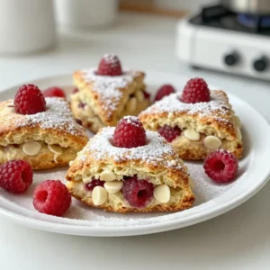 - 2 cups all-purpose flour - 1/4 cup granulated sugar - 1 tablespoon baking powder - 1/2 teaspoon salt - 1/2 cup unsalted butter, cold and cut into small cubes - 1/2 cup heavy cream - 1 large egg, at room temperature - 1 teaspoon pure vanilla extract - 1 cup fresh raspberries, washed and gently patted dry - 1/2 cup white chocolate chips - Extra flour for dusting Each ingredient in this recipe has a special job. Let&rsquo;s break it down: - All-purpose flour: This is the base of the scone. It gives structure and helps the scones rise. - Granulated sugar: This sweetens the scones. It also helps with browning. - Baking powder: This is a leavening agent. It helps the scones puff up while baking. - Salt: A small amount enhances flavor and balances sweetness. - Unsalted butter: Cold butter adds richness. It creates flaky layers in the scones. - Heavy cream: This adds moisture and richness. It helps bind the dough. - Egg: The egg adds structure and color. It helps with the rise too. - Vanilla extract: This gives a lovely flavor. It makes the scones taste extra special. - Fresh raspberries: These add a tart burst of flavor. They provide a juicy texture. - White chocolate chips: These add sweetness and creaminess. They pair well with the raspberries. To make the best scones, pay attention to your ingredients: - Flour: Look for fresh, high-quality all-purpose flour. Check the date on the bag. - Butter: Use unsalted butter for better control over the salt. Choose a brand you trust. - Cream: Heavy cream should be fresh. Check for a long expiration date. - Raspberries: Choose bright, plump raspberries. They should smell sweet and fruity. - White chocolate chips: Select high-quality chips for richer flavor. Avoid cheap brands. Using good ingredients makes a big difference in taste. Enjoy the process and treat yourself to the best! {{ingredient_image_2}} First, you need to preheat your oven to 400&deg;F (200&deg;C). This ensures even baking. Next, line a baking sheet with parchment paper. This helps prevent sticking and makes cleanup easy. In a large mixing bowl, combine 2 cups of all-purpose flour, 1/4 cup of granulated sugar, 1 tablespoon of baking powder, and 1/2 teaspoon of salt. Whisk these dry ingredients together well. This step is key for flavor and rise. Add 1/2 cup of cold, cubed unsalted butter to the dry mix. Use a pastry cutter or your fingers to mix it in. You want the mixture to look like coarse crumbs. Leave some larger butter chunks for that flaky texture. In a separate bowl, whisk together 1/2 cup of heavy cream, 1 large egg, and 1 teaspoon of pure vanilla extract. Mix until everything is combined and smooth. This will give your scones richness and flavor. Slowly pour the cream mixture into the dry ingredients. Stir gently with a spatula or wooden spoon. Be careful not to overmix; you want a light dough. Now, carefully fold in 1 cup of fresh raspberries and 1/2 cup of white chocolate chips. Use a gentle touch to keep the raspberries whole. Turn out the dough onto a lightly floured surface. Knead it gently about 5 to 6 times until it comes together. Shape the dough into a round disc, about 1 inch thick. Use a sharp knife or pastry cutter to cut the disc into 8 wedges. Place the scone wedges on your prepared baking sheet, leaving space between them. Bake in the preheated oven for 15 to 20 minutes. They should be lightly golden brown and risen. After baking, let them cool on the sheet for 5 minutes. Then, transfer them to a wire rack to cool completely. To make the best Raspberry White Chocolate Scones, texture is key. You want them flaky, not dense. Use cold butter. Cut it into small chunks and mix until it looks like coarse crumbs. Some larger pieces of butter help create those airy layers. One big mistake is overmixing the dough. Mix just until combined. If you see dry flour, that&rsquo;s okay. When folding in raspberries, be gentle. Raspberries are soft and can break apart easily. Handle them with care to keep your scones looking pretty. When mixing, use a spatula or wooden spoon. This keeps the dough light. Knead the dough only a few times, about 5 to 6 times is enough. Too much kneading makes the scones tough. Shape the dough gently into a round disc, and cut into wedges with a sharp knife. This keeps the edges clean and helps them bake evenly. Pro Tips Keep Ingredients Cold: Ensure your butter and heavy cream are cold to create a flaky texture in your scones. Don&rsquo;t Overmix: Gently mix the dough to avoid tough scones; it&rsquo;s okay if a few floury spots remain. Use Fresh Raspberries: Opt for fresh raspberries instead of frozen to maintain their shape and flavor. Experiment with Flavors: Try adding lemon zest or almond extract for a unique twist on these scones. {{image_4}} You can change up your scones with fun add-ins. Try adding nuts like chopped walnuts or pecans. They add a nice crunch and flavor. Citrus zest, like lemon or orange, brightens the scones. Just mix in about one tablespoon with the dry ingredients. If you want to switch things up, use different sweeteners. Honey or maple syrup can replace granulated sugar. For a gluten-free option, try almond flour or oat flour instead of all-purpose flour. Just remember, these flours may change the texture a bit. Many flavors pair well with raspberry and white chocolate. Try using strawberries or blueberries instead of raspberries. Dark chocolate chips offer a rich contrast to the sweetness. You can also mix in some dried fruits like cranberries for added texture and taste. To keep your Raspberry White Chocolate Scones fresh, store them in an airtight container. Place a piece of parchment paper between layers to avoid sticking. This helps keep them soft and tasty. Leftovers can last for 2 to 3 days at room temperature. For longer storage, consider freezing them. If you want to save scones for later, freeze them. First, let the scones cool completely. Then, wrap each one in plastic wrap. After that, place them in a freezer bag. Squeeze out the air to prevent freezer burn. They can stay in the freezer for up to 3 months. When you're ready to enjoy them, just thaw in the fridge overnight. To reheat scones, preheat your oven to 350&deg;F (175&deg;C). Place the scones on a baking sheet. Heat them for about 5 to 10 minutes. This warms them up and brings back that fresh-baked taste. You can also microwave them for about 15-20 seconds, but the oven gives a better texture. Enjoy your scones warm! Yes, you can use other fruits. Blueberries and chopped strawberries work well. You may also try diced peaches or cherries. Keep in mind that the flavor will change. Adjust sugar based on fruit sweetness. Look for a light golden color on the edges. The tops should rise and feel firm. A toothpick inserted in the center should come out clean. If it has wet dough, bake a few more minutes. These scones pair well with clotted cream or butter. You can also serve them with fresh raspberries. A drizzle of honey or maple syrup adds nice sweetness. Enjoy them with your favorite tea or coffee. At room temperature, scones last about 2 days. Store them in an airtight container. If you want to keep them longer, consider freezing. They can last up to 3 months in the freezer. Understanding scone-making can transform your baking experience. We covered key ingredients, step-by-step instructions, and essential tips. You learned how to choose quality items for the best results and avoid common mistakes. Variations let you express your creativity with flavors and textures. Lastly, proper storage keeps your scones fresh for longer. Remember, the joy of baking comes from practice and exploration. Enjoy creating delicious Raspberry White Chocolate Scones that will impress everyone!