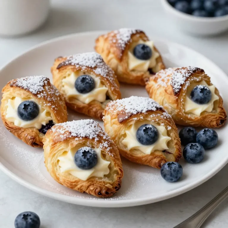 - 1 package (8 oz) cream cheese, softened to room temperature - 1 large egg, beaten (for egg wash) - 1/4 cup granulated sugar - 1 tablespoon powdered sugar (for dusting before serving) - 1 cup fresh blueberries (or thawed frozen blueberries) - 1 tablespoon freshly squeezed lemon juice - 1 package (1 lb) refrigerated crescent roll dough - 1 tablespoon cornstarch - 1/4 teaspoon ground cinnamon - 1 teaspoon pure vanilla extract The ingredients for the Blueberry Cream Cheese Danish are simple and easy to find. Each item plays a key role in creating a delicious treat. Using cream cheese adds a rich and creamy texture. The granulated sugar sweetens the filling, while powdered sugar gives a lovely finish. Fresh blueberries offer a burst of flavor. Lemon juice brightens the fruit taste, making it more vibrant. The crescent roll dough forms a flaky base. Cornstarch helps thicken the blueberry mixture, keeping it from running. Ground cinnamon adds warmth and depth. Finally, vanilla extract enhances the overall flavor, making each bite delightful. With these ingredients, you can create a tasty, homemade treat that impresses anyone! {{ingredient_image_2}} - Preheat the oven to 375°F (190°C). - Line a baking sheet with parchment paper. This will help prevent sticking. - In a bowl, mix the softened cream cheese, granulated sugar, and vanilla extract. - Use an electric mixer to blend until smooth. Set the bowl aside. - In another bowl, gently combine fresh blueberries with cornstarch, lemon juice, and ground cinnamon. - Make sure the blueberries are well coated with the mixture. - Unroll the crescent roll dough on a clean surface. - Press the seams to form one sheet of dough. - Cut the dough into 6 equal rectangles. - Place about 2 tablespoons of the cream cheese mixture in the center of each rectangle. - Spoon some blueberry mixture on top. - Fold the corners of each rectangle over the filling and pinch the edges tightly. - In a small bowl, whisk the beaten egg. - Brush the egg wash over the tops of each Danish. - Transfer the Danishes to the lined baking sheet. - Bake for 15-18 minutes, until they are puffed and golden brown. - Once done, let them cool for a few minutes. - Dust with powdered sugar before serving to add sweetness. To get a creamy filling, always use softened cream cheese. Cold cream cheese is hard to blend. Mix it well with sugar and vanilla for the best taste. Next, coat your blueberries properly. Use cornstarch, lemon juice, and cinnamon. This not only adds flavor but also thickens the filling. The blueberries should not be too wet. This avoids a soggy Danish. Every oven cooks a bit differently. Keep an eye on your Danishes while they bake. If your oven runs hot, reduce the time. Look for a golden brown color on top. The Danishes should puff up nicely. If they are light brown and firm, they are done. When serving, arrange the Danishes on a nice platter. This makes them look fancy. Add a few fresh blueberries around them for color. Dust them with powdered sugar right before serving. This adds sweetness and makes them look pretty. Serve them warm for the best taste experience. Pro Tips Use Cold Cream Cheese: For a smoother filling, ensure your cream cheese is at room temperature, which helps it blend easily, avoiding lumps. Customize Your Fruits: Feel free to substitute blueberries with other berries like raspberries or blackberries for a different flavor profile. Egg Wash for Shine: Brushing the Danishes with egg wash not only enhances their golden color but also adds a beautiful shine to the finished product. Serve Warm: These Danishes are best enjoyed warm, so consider serving them fresh out of the oven for the ultimate experience. {{image_4}} You can switch up the berries in this recipe. Strawberries and raspberries work well. They add a fresh twist. You can also use other fruits. Try peaches or cherries for a delightful change. Each fruit gives a unique taste. If you need a gluten-free option, look for gluten-free crescent roll dough. Many brands offer this. For those who want a vegan option, you can find cream cheese substitutes. Brands now make plant-based cream cheese that tastes great. To add depth to your Danishes, consider almond extract. Just a drop will enhance the flavor. Another option is using flavored cream cheese. Look for options like vanilla or lemon. This small change can elevate your treat to the next level. To keep your Blueberry Cream Cheese Danishes fresh, follow these tips: - Place leftover Danishes in an airtight container. - Store them in the refrigerator for up to 3 days. - For longer storage, freeze them. Wrap each Danish in plastic wrap and then foil. - They can last in the freezer for up to 2 months. You can reheat Danishes in two ways: the oven or the microwave. - For the oven, preheat to 350°F (175°C). Place Danishes on a baking sheet. Bake for 10-12 minutes until warm. - In the microwave, heat one Danish for 15-20 seconds. This method is faster but may make them soggy. - To maintain their texture, always use the oven when possible. They will stay flaky and delicious! Blueberry Cream Cheese Danishes stay fresh for about 3-4 days in the fridge. Store them in an airtight container to keep moisture in. If you notice them getting dry, you can reheat them for a few seconds in the microwave to restore some moisture. Yes, you can prep these Danishes in advance. You can mix the cream cheese filling and blueberry mixture a day ahead. Store them in the fridge until you are ready to assemble and bake. This saves time and makes it easy when hosting guests or preparing for breakfast. These Danishes pair well with many drinks and sides. Consider serving them with: - Freshly brewed coffee - Herbal tea - A glass of orange juice - A side of yogurt or fresh fruit These options complement the sweet and creamy flavors of the Danishes. Yes, frozen blueberries work well! Thaw them in the fridge or microwave. Drain excess liquid before mixing them with cornstarch, lemon juice, and cinnamon. This helps prevent a soggy filling and keeps the Danishes crispy. Making Blueberry Cream Cheese Danishes is simple and fun. You learned about the key ingredients, like cream cheese and fresh blueberries, and how to prepare them step-by-step. I shared tips for the perfect filling and baking. You can even try different fruits or make them gluten-free. In the end, whether you enjoy them warm or store them for later, these Danishes are sure to impress. Happy baking!