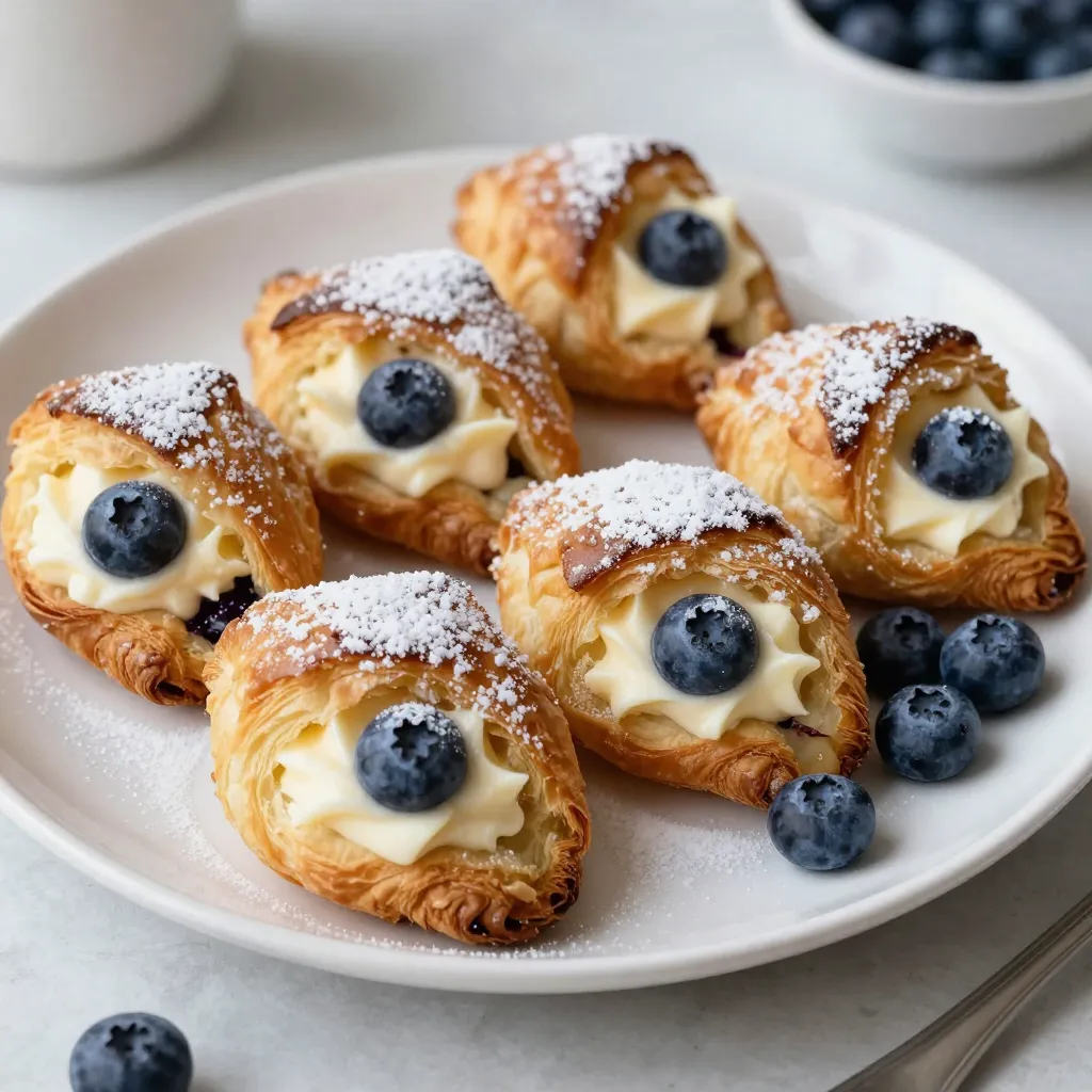 - 1 package (8 oz) cream cheese, softened to room temperature - 1 large egg, beaten (for egg wash) - 1/4 cup granulated sugar - 1 tablespoon powdered sugar (for dusting before serving) - 1 cup fresh blueberries (or thawed frozen blueberries) - 1 tablespoon freshly squeezed lemon juice - 1 package (1 lb) refrigerated crescent roll dough - 1 tablespoon cornstarch - 1/4 teaspoon ground cinnamon - 1 teaspoon pure vanilla extract The ingredients for the Blueberry Cream Cheese Danish are simple and easy to find. Each item plays a key role in creating a delicious treat. Using cream cheese adds a rich and creamy texture. The granulated sugar sweetens the filling, while powdered sugar gives a lovely finish. Fresh blueberries offer a burst of flavor. Lemon juice brightens the fruit taste, making it more vibrant. The crescent roll dough forms a flaky base. Cornstarch helps thicken the blueberry mixture, keeping it from running. Ground cinnamon adds warmth and depth. Finally, vanilla extract enhances the overall flavor, making each bite delightful. With these ingredients, you can create a tasty, homemade treat that impresses anyone! {{ingredient_image_2}} - Preheat the oven to 375°F (190°C). - Line a baking sheet with parchment paper. This will help prevent sticking. - In a bowl, mix the softened cream cheese, granulated sugar, and vanilla extract. - Use an electric mixer to blend until smooth. Set the bowl aside. - In another bowl, gently combine fresh blueberries with cornstarch, lemon juice, and ground cinnamon. - Make sure the blueberries are well coated with the mixture. - Unroll the crescent roll dough on a clean surface. - Press the seams to form one sheet of dough. - Cut the dough into 6 equal rectangles. - Place about 2 tablespoons of the cream cheese mixture in the center of each rectangle. - Spoon some blueberry mixture on top. - Fold the corners of each rectangle over the filling and pinch the edges tightly. - In a small bowl, whisk the beaten egg. - Brush the egg wash over the tops of each Danish. - Transfer the Danishes to the lined baking sheet. - Bake for 15-18 minutes, until they are puffed and golden brown. - Once done, let them cool for a few minutes. - Dust with powdered sugar before serving to add sweetness. To get a creamy filling, always use softened cream cheese. Cold cream cheese is hard to blend. Mix it well with sugar and vanilla for the best taste. Next, coat your blueberries properly. Use cornstarch, lemon juice, and cinnamon. This not only adds flavor but also thickens the filling. The blueberries should not be too wet. This avoids a soggy Danish. Every oven cooks a bit differently. Keep an eye on your Danishes while they bake. If your oven runs hot, reduce the time. Look for a golden brown color on top. The Danishes should puff up nicely. If they are light brown and firm, they are done. When serving, arrange the Danishes on a nice platter. This makes them look fancy. Add a few fresh blueberries around them for color. Dust them with powdered sugar right before serving. This adds sweetness and makes them look pretty. Serve them warm for the best taste experience. Pro Tips Use Cold Cream Cheese: For a smoother filling, ensure your cream cheese is at room temperature, which helps it blend easily, avoiding lumps. Customize Your Fruits: Feel free to substitute blueberries with other berries like raspberries or blackberries for a different flavor profile. Egg Wash for Shine: Brushing the Danishes with egg wash not only enhances their golden color but also adds a beautiful shine to the finished product. Serve Warm: These Danishes are best enjoyed warm, so consider serving them fresh out of the oven for the ultimate experience. {{image_4}} You can switch up the berries in this recipe. Strawberries and raspberries work well. They add a fresh twist. You can also use other fruits. Try peaches or cherries for a delightful change. Each fruit gives a unique taste. If you need a gluten-free option, look for gluten-free crescent roll dough. Many brands offer this. For those who want a vegan option, you can find cream cheese substitutes. Brands now make plant-based cream cheese that tastes great. To add depth to your Danishes, consider almond extract. Just a drop will enhance the flavor. Another option is using flavored cream cheese. Look for options like vanilla or lemon. This small change can elevate your treat to the next level. To keep your Blueberry Cream Cheese Danishes fresh, follow these tips: - Place leftover Danishes in an airtight container. - Store them in the refrigerator for up to 3 days. - For longer storage, freeze them. Wrap each Danish in plastic wrap and then foil. - They can last in the freezer for up to 2 months. You can reheat Danishes in two ways: the oven or the microwave. - For the oven, preheat to 350°F (175°C). Place Danishes on a baking sheet. Bake for 10-12 minutes until warm. - In the microwave, heat one Danish for 15-20 seconds. This method is faster but may make them soggy. - To maintain their texture, always use the oven when possible. They will stay flaky and delicious! Blueberry Cream Cheese Danishes stay fresh for about 3-4 days in the fridge. Store them in an airtight container to keep moisture in. If you notice them getting dry, you can reheat them for a few seconds in the microwave to restore some moisture. Yes, you can prep these Danishes in advance. You can mix the cream cheese filling and blueberry mixture a day ahead. Store them in the fridge until you are ready to assemble and bake. This saves time and makes it easy when hosting guests or preparing for breakfast. These Danishes pair well with many drinks and sides. Consider serving them with: - Freshly brewed coffee - Herbal tea - A glass of orange juice - A side of yogurt or fresh fruit These options complement the sweet and creamy flavors of the Danishes. Yes, frozen blueberries work well! Thaw them in the fridge or microwave. Drain excess liquid before mixing them with cornstarch, lemon juice, and cinnamon. This helps prevent a soggy filling and keeps the Danishes crispy. Making Blueberry Cream Cheese Danishes is simple and fun. You learned about the key ingredients, like cream cheese and fresh blueberries, and how to prepare them step-by-step. I shared tips for the perfect filling and baking. You can even try different fruits or make them gluten-free. In the end, whether you enjoy them warm or store them for later, these Danishes are sure to impress. Happy baking!