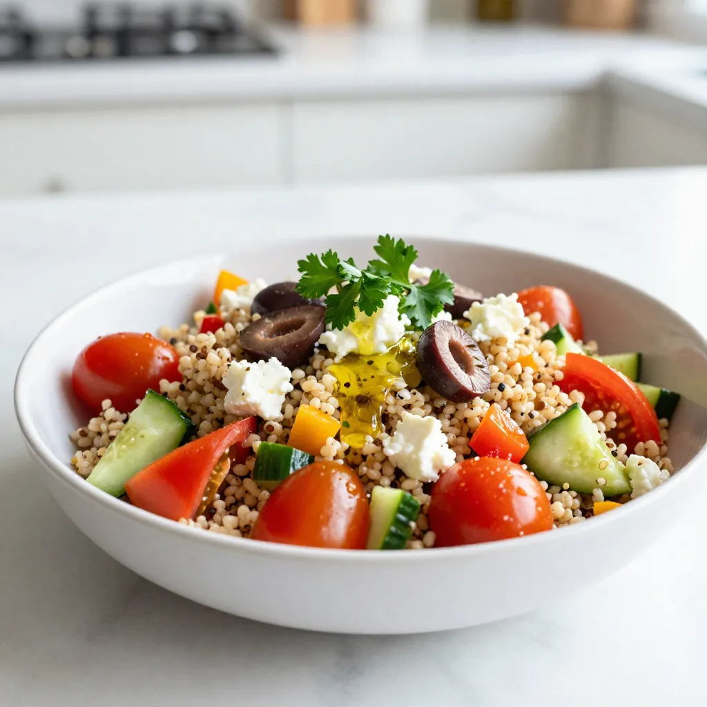 - 1 cup quinoa, thoroughly rinsed - 2 cups vegetable broth (or water) - 1 cup cherry tomatoes, halved - 1 medium cucumber, diced - 1 bell pepper (red or yellow), diced - 1/2 medium red onion, finely chopped - 1/2 cup feta cheese, crumbled - 1/4 cup kalamata olives, pitted and sliced - 1/4 cup fresh parsley, finely chopped Quinoa is a superfood. It is full of protein and nutrients. Rinse it well before cooking to remove bitter flavors. The vegetable broth adds depth. You can use water if you need to. Cherry tomatoes bring fun color and sweetness. Cucumbers add crunch and freshness. Bell peppers are great for taste and texture. Red onion gives a nice bite. Feta cheese adds creaminess and saltiness. Kalamata olives give a briny flavor. Fresh parsley adds a pop of green and freshness. - 1/4 cup extra virgin olive oil - 2 tablespoons freshly squeezed lemon juice - 1 teaspoon dried oregano - Salt and pepper to taste The dressing is key for flavor. Extra virgin olive oil is the best choice. It is rich and adds healthy fats. Fresh lemon juice gives brightness. Oregano brings a classic Mediterranean taste. Salt and pepper enhance all the other flavors. Mix these well to make a smooth dressing. - Other vegetables (e.g., spinach, arugula) - Protein options (e.g., chickpeas, grilled chicken) - Additional toppings (e.g., nuts, seeds) Feel free to customize your salad. Spinach or arugula adds green and earthy flavors. Chickpeas or grilled chicken boost protein. Nuts or seeds add crunch and healthy fats. These options make your salad even more filling. {{ingredient_image_2}} To start, bring 2 cups of vegetable broth or water to a boil in a medium saucepan. Once it bubbles, add 1 cup of rinsed quinoa. Lower the heat, cover the pan, and let it simmer for 15 minutes. The quinoa is ready when the grains are fluffy and the liquid is absorbed. Remove it from the heat and fluff it with a fork. Then, transfer the quinoa to a bowl and let it cool. In a large mixing bowl, take the cooled quinoa and add the chopped veggies. Include 1 cup of halved cherry tomatoes, 1 diced cucumber, 1 diced bell pepper, and 1/2 finely chopped red onion. Next, add 1/2 cup of crumbled feta cheese, 1/4 cup of sliced kalamata olives, and 1/4 cup of finely chopped fresh parsley. Mix everything until well combined. In a small bowl, whisk together 1/4 cup of extra virgin olive oil, 2 tablespoons of freshly squeezed lemon juice, and 1 teaspoon of dried oregano. Add salt and pepper to taste. Make sure to whisk until the dressing is smooth and emulsified. This helps all the flavors blend well. Now, pour the dressing over the quinoa mixture. Gently toss all the ingredients together. This helps ensure every bite is coated in that tasty dressing. Taste the salad and adjust the seasonings as needed. You may want to add more salt, pepper, or lemon juice to fit your taste. For the best flavor, let the salad sit at room temperature for about 30 minutes. This resting time helps all the flavors meld together. Enjoy it chilled or at room temperature! Rinsing quinoa is key. It removes the bitter coating called saponin. Place quinoa in a fine mesh strainer. Rinse it under cold water for 1-2 minutes. This step makes a big difference in taste. Cooking quinoa to the right texture is also important. Use a ratio of 1 cup of quinoa to 2 cups of vegetable broth or water. Bring the liquid to a boil. Then, reduce the heat and cover. Let it simmer for about 15 minutes. The quinoa is ready when it’s fluffy and all the liquid is gone. Fluff it with a fork and let it cool. To amplify the dressing, add more lemon juice or a splash of vinegar. You can also mix in some Dijon mustard for a tangy kick. This will make the salad even tastier. Using fresh herbs adds extra zest. Parsley is great, but you can also try mint or basil. Chop them finely and mix them in. Fresh herbs brighten the dish and make it pop. The best temperature for serving is room temperature. This allows all the flavors to blend well. You can also chill it in the fridge for a refreshing bite. For garnishing, serve the salad in a large, shallow dish. Top it with extra olives and parsley sprigs. Drizzle some olive oil on top for a nice finish. This makes the dish look even more appealing. Pro Tips Cooling the Quinoa: After cooking, spread the quinoa on a baking sheet to cool quickly and prevent it from clumping together. Ingredient Variations: Feel free to add other ingredients like roasted vegetables, chickpeas, or avocado for extra flavor and nutrition. Make-Ahead Tips: This salad keeps well in the fridge for up to three days, making it a perfect make-ahead meal for busy weeks. Fresh Herbs: Substitute or mix different herbs like mint or basil to give your salad a unique twist. {{image_4}} You can easily switch out some ingredients to make this salad your own. Try using different grains like couscous or farro. These options add unique textures and flavors. If you want to change the cheese, consider goat cheese or mozzarella. They bring a creaminess that pairs well with the fresh veggies. To give your salad a Mediterranean twist, add sun-dried tomatoes. Their rich flavor boosts the overall taste. Alternatively, for a Southwest vibe, mix in black beans and corn. This change offers a hearty feel and a burst of color. Using seasonal vegetables can enhance your salad. In summer, add fresh zucchini or bell peppers. In fall, try roasted butternut squash or beets. Pick what’s fresh at your market to keep things interesting. This way, your salad stays exciting and connects with the season. To store leftovers, place the salad in an airtight container. This helps keep the salad fresh. You can use glass or plastic containers. Glass containers are great since they do not retain odors. Always cover the container well to keep moisture in. If you want to freeze the salad, it’s best to leave out the dressing. The salad can last about 2 to 3 months in the freezer. When ready to eat, let it thaw in the fridge overnight. After thawing, add the dressing and mix well before serving. The salad stays fresh for up to 3 days in the fridge. After that, check for signs of spoilage. If you see any discoloration or smell bad, it’s best to toss it. Always trust your senses when checking food freshness. Yes, you can make this salad a day in advance. Prepare the salad without the dressing. Store it in the fridge in a sealed container. Add the dressing just before serving. This keeps the salad fresh and crisp. If you cannot eat quinoa, try using rice or couscous. Both are easy to cook and tasty. For a gluten-free option, use millet or brown rice. These grains give a nice texture. You can add chickpeas or black beans for a protein boost. Grilled chicken or shrimp also works well. These options keep the flavors bright and delicious. You can even sprinkle some nuts for extra crunch and protein. Yes, this salad is gluten-free. Quinoa is a gluten-free grain. All the other ingredients are also safe for gluten-intolerant diets. Enjoy this salad without worry if you have gluten issues. Serve this salad in a large, shallow bowl. Garnish it with extra olives and parsley for color. Drizzle some olive oil on top for a nice finish. This salad can be served chilled or at room temperature. Pair it with grilled meats or seafood for a complete meal. This Mediterranean quinoa salad combines fresh ingredients, healthy proteins, and vibrant flavors. You learned how to prepare it step by step—from cooking quinoa to mixing in veggies. I included tips for enhancing flavors and storing leftovers, so this dish fits your needs. In the end, you can adjust this salad to suit your taste and enjoy it any time. Whether it’s a side or a main meal, this salad offers a nutritious and delicious option. Now, get cooking and savor every bite!