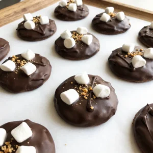 To make S&rsquo;mores No-Bake Cookies, gather these tasty ingredients: - 1 cup graham cracker crumbs - 1/2 cup rolled oats - 1/2 cup dark chocolate chips - 1/4 cup smooth peanut butter - 1/4 cup honey or maple syrup - 1/2 cup mini marshmallows - 1/4 teaspoon pure vanilla extract - A pinch of salt Each ingredient plays a special part in the recipe. The graham cracker crumbs give a crunchy base and a taste of classic s'mores. Rolled oats add texture and fiber, making these cookies a bit heartier. Dark chocolate chips bring rich flavor and sweetness, while smooth peanut butter adds creaminess and depth. Honey or maple syrup acts as a sweetener and helps to bind everything together. Mini marshmallows provide that gooey s'mores feel and a fun chewiness. Pure vanilla extract enhances the flavors, and a pinch of salt balances the sweetness nicely. When you have all your ingredients ready, you can start making these easy and tasty treats! {{ingredient_image_2}} Start by gathering your dry ingredients. In a medium bowl, mix 1 cup of graham cracker crumbs, 1/2 cup of rolled oats, and a pinch of salt. Use a whisk to blend them well. This step is key for a tasty base. Next, melt the dark chocolate chips. Place 1/2 cup of dark chocolate chips and 1/4 cup of smooth peanut butter in a microwave-safe bowl. Heat in 20-second bursts, stirring each time. Continue until smooth. This mix brings the sweet flavor. Once melted, pour the chocolate mix into the dry ingredients. Add 1/4 cup of honey or maple syrup and 1/4 teaspoon of pure vanilla extract. Stir until everything combines into a thick batter. This is your cookie dough! Now, it's time to shape the cookies. Line a baking sheet with parchment paper. Use a cookie scoop or your hands to form balls of dough about 1-2 inches wide. Place them on the sheet. Gently flatten each ball to form cookie rounds. Finally, set the cookies in the fridge. Chill them for at least 30 minutes. This helps them firm up and hold their shape. Enjoy the wait as the magic happens! To get the best texture, use fresh ingredients. Old graham crackers can be stale. Check your oats too. A mix of crunchy and soft textures makes a great cookie. If you want a firmer cookie, add more oats. For a softer bite, add more peanut butter. Make your cookies look nice. Use a rustic wooden board to display them. Drizzle extra melted dark chocolate on top. Sprinkle crushed graham crackers for that classic look. You can also add mini marshmallows on top for fun. This adds color and texture. Serve these cookies at parties or family gatherings. They are great with milk or hot cocoa. You can also pack them for picnics. Store them in a sealed container for freshness. Enjoy them as a quick snack or dessert. Pro Tips Use Fresh Ingredients: Always opt for fresh mini marshmallows and high-quality chocolate chips to enhance the flavor of your cookies. Chill for Better Texture: Allowing the cookies to chill for at least 30 minutes helps them firm up, making them easier to handle and improving the texture. Experiment with Nut Butters: Swap out the peanut butter for almond or cashew butter for a unique twist on flavor and texture. Customize Your Cookies: Feel free to add in extras like chopped nuts or dried fruits to personalize your s'mores cookies even more! {{image_4}} You can easily change the flavor of your S&rsquo;mores No-Bake Cookies. Here are some fun add-ins: - Chopped nuts: Walnuts or almonds add crunch. - Dried fruit: Raisins or cranberries bring sweetness. - Coconut flakes: Unsweetened coconut gives a tropical twist. If you want to swap ingredients, you can use: - Almond butter instead of peanut butter for a nutty flavor. - Agave syrup in place of honey for a vegan option. - Rice cereal for a crunch instead of oats. To spice up the flavor, think about adding: - Mint extract: Just a drop can give a fresh taste. - Espresso powder: This adds a rich coffee flavor. - Cinnamon: A sprinkle adds warmth and depth. You can also use different chocolate types. Try white chocolate or milk chocolate for a sweet twist. To make these cookies vegan, choose: - Maple syrup instead of honey. - Vegan chocolate chips to skip dairy. - Sunflower seed butter if you have nut allergies. These changes keep the cookies tasty while fitting a vegan diet. You won&rsquo;t miss the dairy or eggs! To keep your S'mores No-Bake Cookies fresh, store them in an airtight container. Place parchment paper between layers to prevent sticking. Keep them in the fridge if you want them to last longer. These cookies taste best chilled, and the cold helps them stay firm. You can freeze these cookies for later enjoyment. Wrap each cookie tightly in plastic wrap or foil. Place them in a freezer-safe bag or container. To eat, thaw them in the fridge overnight or at room temperature. This way, they stay tasty and fresh. When stored properly, S'mores No-Bake Cookies can last up to one week in the fridge. If frozen, they can last for about three months. Just remember, the longer they sit, the softer they may become. Enjoy them while they are fresh for the best taste! S&rsquo;mores No-Bake Cookies are a fun treat that combines the classic flavors of s&rsquo;mores. They have graham cracker crumbs, chocolate, and marshmallows. You don&rsquo;t need an oven, making them easy to prepare. Just mix, shape, and chill them. Each cookie delivers a tasty bite that reminds you of campfires. Yes, you can use other nut butters like almond or cashew butter. Each nut butter adds its own flavor. This can change the taste of your cookies, so feel free to experiment. Just make sure the nut butter is smooth for the best results. You will know the cookies are set after chilling for at least 30 minutes. They should feel firm to the touch. If they are still soft, give them more time in the fridge. This helps the flavors blend well and makes them easier to eat. Absolutely! To make these cookies gluten-free, use gluten-free graham cracker crumbs. Many brands offer these options now. Ensure that all other ingredients, like oats, are also gluten-free. This way, everyone can enjoy these tasty treats. To prevent sticking, line your baking sheet with parchment paper. This creates a non-stick surface for your cookies. You can also lightly grease the parchment with cooking spray. This helps each cookie lift off easily when ready to serve. You now have all the tools to make delicious no-bake cookies. We covered key ingredients, step-by-step instructions, and helpful tips. You can add your twist or keep it classic. Remember, these cookies are perfect for sharing or enjoying alone. Store them well and enjoy their taste over time. I hope you feel inspired to try this fun recipe and share it with others. Happy baking!