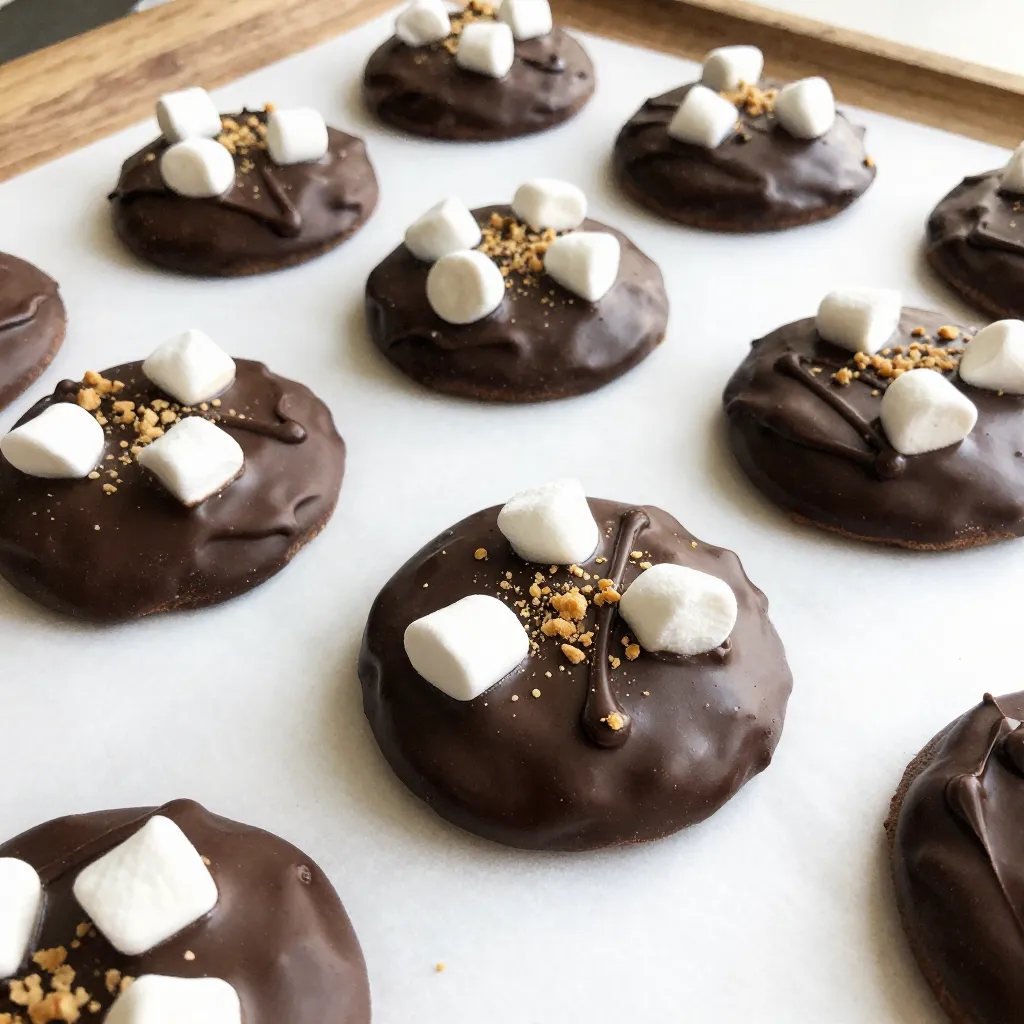 To make S’mores No-Bake Cookies, gather these tasty ingredients: - 1 cup graham cracker crumbs - 1/2 cup rolled oats - 1/2 cup dark chocolate chips - 1/4 cup smooth peanut butter - 1/4 cup honey or maple syrup - 1/2 cup mini marshmallows - 1/4 teaspoon pure vanilla extract - A pinch of salt Each ingredient plays a special part in the recipe. The graham cracker crumbs give a crunchy base and a taste of classic s'mores. Rolled oats add texture and fiber, making these cookies a bit heartier. Dark chocolate chips bring rich flavor and sweetness, while smooth peanut butter adds creaminess and depth. Honey or maple syrup acts as a sweetener and helps to bind everything together. Mini marshmallows provide that gooey s'mores feel and a fun chewiness. Pure vanilla extract enhances the flavors, and a pinch of salt balances the sweetness nicely. When you have all your ingredients ready, you can start making these easy and tasty treats! {{ingredient_image_2}} Start by gathering your dry ingredients. In a medium bowl, mix 1 cup of graham cracker crumbs, 1/2 cup of rolled oats, and a pinch of salt. Use a whisk to blend them well. This step is key for a tasty base. Next, melt the dark chocolate chips. Place 1/2 cup of dark chocolate chips and 1/4 cup of smooth peanut butter in a microwave-safe bowl. Heat in 20-second bursts, stirring each time. Continue until smooth. This mix brings the sweet flavor. Once melted, pour the chocolate mix into the dry ingredients. Add 1/4 cup of honey or maple syrup and 1/4 teaspoon of pure vanilla extract. Stir until everything combines into a thick batter. This is your cookie dough! Now, it's time to shape the cookies. Line a baking sheet with parchment paper. Use a cookie scoop or your hands to form balls of dough about 1-2 inches wide. Place them on the sheet. Gently flatten each ball to form cookie rounds. Finally, set the cookies in the fridge. Chill them for at least 30 minutes. This helps them firm up and hold their shape. Enjoy the wait as the magic happens! To get the best texture, use fresh ingredients. Old graham crackers can be stale. Check your oats too. A mix of crunchy and soft textures makes a great cookie. If you want a firmer cookie, add more oats. For a softer bite, add more peanut butter. Make your cookies look nice. Use a rustic wooden board to display them. Drizzle extra melted dark chocolate on top. Sprinkle crushed graham crackers for that classic look. You can also add mini marshmallows on top for fun. This adds color and texture. Serve these cookies at parties or family gatherings. They are great with milk or hot cocoa. You can also pack them for picnics. Store them in a sealed container for freshness. Enjoy them as a quick snack or dessert. Pro Tips Use Fresh Ingredients: Always opt for fresh mini marshmallows and high-quality chocolate chips to enhance the flavor of your cookies. Chill for Better Texture: Allowing the cookies to chill for at least 30 minutes helps them firm up, making them easier to handle and improving the texture. Experiment with Nut Butters: Swap out the peanut butter for almond or cashew butter for a unique twist on flavor and texture. Customize Your Cookies: Feel free to add in extras like chopped nuts or dried fruits to personalize your s'mores cookies even more! {{image_4}} You can easily change the flavor of your S’mores No-Bake Cookies. Here are some fun add-ins: - Chopped nuts: Walnuts or almonds add crunch. - Dried fruit: Raisins or cranberries bring sweetness. - Coconut flakes: Unsweetened coconut gives a tropical twist. If you want to swap ingredients, you can use: - Almond butter instead of peanut butter for a nutty flavor. - Agave syrup in place of honey for a vegan option. - Rice cereal for a crunch instead of oats. To spice up the flavor, think about adding: - Mint extract: Just a drop can give a fresh taste. - Espresso powder: This adds a rich coffee flavor. - Cinnamon: A sprinkle adds warmth and depth. You can also use different chocolate types. Try white chocolate or milk chocolate for a sweet twist. To make these cookies vegan, choose: - Maple syrup instead of honey. - Vegan chocolate chips to skip dairy. - Sunflower seed butter if you have nut allergies. These changes keep the cookies tasty while fitting a vegan diet. You won’t miss the dairy or eggs! To keep your S'mores No-Bake Cookies fresh, store them in an airtight container. Place parchment paper between layers to prevent sticking. Keep them in the fridge if you want them to last longer. These cookies taste best chilled, and the cold helps them stay firm. You can freeze these cookies for later enjoyment. Wrap each cookie tightly in plastic wrap or foil. Place them in a freezer-safe bag or container. To eat, thaw them in the fridge overnight or at room temperature. This way, they stay tasty and fresh. When stored properly, S'mores No-Bake Cookies can last up to one week in the fridge. If frozen, they can last for about three months. Just remember, the longer they sit, the softer they may become. Enjoy them while they are fresh for the best taste! S’mores No-Bake Cookies are a fun treat that combines the classic flavors of s’mores. They have graham cracker crumbs, chocolate, and marshmallows. You don’t need an oven, making them easy to prepare. Just mix, shape, and chill them. Each cookie delivers a tasty bite that reminds you of campfires. Yes, you can use other nut butters like almond or cashew butter. Each nut butter adds its own flavor. This can change the taste of your cookies, so feel free to experiment. Just make sure the nut butter is smooth for the best results. You will know the cookies are set after chilling for at least 30 minutes. They should feel firm to the touch. If they are still soft, give them more time in the fridge. This helps the flavors blend well and makes them easier to eat. Absolutely! To make these cookies gluten-free, use gluten-free graham cracker crumbs. Many brands offer these options now. Ensure that all other ingredients, like oats, are also gluten-free. This way, everyone can enjoy these tasty treats. To prevent sticking, line your baking sheet with parchment paper. This creates a non-stick surface for your cookies. You can also lightly grease the parchment with cooking spray. This helps each cookie lift off easily when ready to serve. You now have all the tools to make delicious no-bake cookies. We covered key ingredients, step-by-step instructions, and helpful tips. You can add your twist or keep it classic. Remember, these cookies are perfect for sharing or enjoying alone. Store them well and enjoy their taste over time. I hope you feel inspired to try this fun recipe and share it with others. Happy baking!