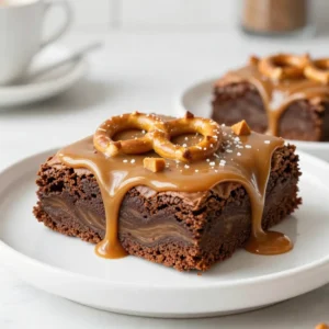 To make these salted caramel pretzel brownies, gather the following items: - 1 cup unsalted butter, melted - 2 cups granulated sugar - 1 cup brown sugar, packed - 4 large eggs - 1 teaspoon vanilla extract - 1 cup all-purpose flour - 1 cup cocoa powder - 1 teaspoon baking powder - &frac12; teaspoon salt - 1 cup pretzel pieces (plus extra for topping) - 1 cup salted caramel sauce (store-bought or homemade) - Sea salt flakes for garnish If you need to make swaps, here are some ideas: - Use coconut oil instead of butter for a dairy-free option. - Swap granulated sugar with coconut sugar for a lower glycemic index. - For gluten-free brownies, use a gluten-free all-purpose flour blend. - Brands like Ghirardelli are great for cocoa powder. - Look for high-quality caramel sauces like Torani or homemade if you prefer. Measuring your ingredients right is key for great brownies. Here are some tips: - Use a kitchen scale for precise measurements, especially for flour and sugar. - Spoon flour into your measuring cup and level it off with a knife. This avoids packing. - For sticky ingredients like brown sugar, pack it firmly into the cup for accuracy. - When measuring liquids, use a clear liquid measuring cup and check at eye level. {{ingredient_image_2}} Start by preheating your oven to 350&deg;F (175&deg;C). This temperature ensures even baking. Next, take a 9x13 inch baking pan. Grease it well with butter or cooking spray. Then, line the bottom and sides with parchment paper. Leave some extra paper hanging over the sides. This will help you lift out the brownies easily later. In a large mixing bowl, combine 1 cup of melted unsalted butter, 2 cups of granulated sugar, and 1 cup of packed brown sugar. Whisk these until the mix is smooth. It should look glossy. Now, add 4 large eggs, one at a time. Make sure to whisk well after each egg. This helps the batter become fluffy. Stir in 1 teaspoon of vanilla extract until it blends in completely. In another bowl, sift together 1 cup of all-purpose flour, 1 cup of cocoa powder, 1 teaspoon of baking powder, and &frac12; teaspoon of salt. Gradually fold this dry mix into your wet ingredients. Use a spatula or wooden spoon. Mix just until you see no flour streaks. Be careful not to overmix. This keeps the brownies nice and soft. Now, gently fold in 1 cup of pretzel pieces. Save a handful for later. These add a great crunch and salty flavor! Pour half of the brownie batter into your prepared pan. Use a spatula to spread it out evenly. Now, take half of your salted caramel sauce and drizzle it over the batter. This creates a tasty layer. Next, spread the rest of the brownie batter on top, covering the caramel. Drizzle the remaining caramel sauce over this layer. Use a toothpick or knife to swirl the caramel into the batter. This makes it look fancy! If you saved some pretzel pieces, sprinkle them on top. Add a few flakes of sea salt for extra flavor and texture. Now, place the pan in the oven and bake for 25-30 minutes. To check if they are done, insert a toothpick into the center. It should come out with a few moist crumbs. Once baked, let the brownies cool in the pan. After they cool completely, lift them out using the parchment paper. Cut into squares for serving. To get that perfect brownie texture, focus on mixing. Combine the wet and dry ingredients gently. Overmixing can make them tough. When folding in the flour, stop as soon as you see no dry bits. This keeps your brownies soft and chewy. Also, check your oven's temperature with a thermometer. An accurate temperature ensures even baking. For more flavor, consider adding chocolate chips or nuts. They add richness and texture. You can also try a touch of espresso powder. It boosts the chocolate flavor without tasting like coffee. If you like a hint of spice, add a pinch of cinnamon. This small change can make your brownies stand out. Avoid using cold eggs straight from the fridge. Room-temperature eggs mix better and help create a smoother batter. Don&rsquo;t skip the parchment paper; it makes removing brownies easier. Lastly, be careful not to overbake. Check your brownies a few minutes early. They should have moist crumbs on the toothpick when done. Pro Tips Use Room Temperature Eggs: Ensure your eggs are at room temperature before adding them to the batter. This helps create a smoother mixture and results in fudgier brownies. Don&rsquo;t Overmix the Batter: Mix the dry ingredients just until they are incorporated with the wet ingredients. Overmixing can lead to dense brownies instead of the desired fudgy texture. Check for Doneness Carefully: Toothpick testing is key; it should come out with a few moist crumbs. If it&rsquo;s clean, the brownies may be overbaked. Let Them Cool Completely: Allow the brownies to cool in the pan before lifting them out. This helps them set and makes cutting into squares easier. {{image_4}} You can easily make these brownies gluten-free. Swap the all-purpose flour for a gluten-free flour blend. This blend works well in most recipes. Make sure to check if the blend contains xanthan gum, as this helps with texture. Always confirm that your other ingredients are gluten-free as well. Feel free to get creative with mix-ins. You can add chocolate chips for extra sweetness. Chopped nuts also add a nice crunch. Consider using mini pretzels for a fun twist. You can even add a swirl of peanut butter for a unique flavor. Just make sure not to overmix when you add these extras. To make these brownies vegan, you can substitute butter with coconut oil. Use flax eggs or applesauce in place of the eggs. For flax eggs, mix 1 tablespoon of flaxseed meal with 2.5 tablespoons of water. Let it sit for a few minutes until it thickens. Use plant-based caramel sauce to keep it vegan-friendly. These swaps will keep the taste rich and delicious. To keep your salted caramel pretzel brownies fresh, store them in an airtight container. You can place parchment paper between layers to avoid sticking. Keep them at room temperature for up to three days. If they last longer, refrigerate them. This keeps them moist and full of flavor. You can freeze these brownies for later enjoyment. First, let them cool completely. Then, cut them into squares. Wrap each piece tightly in plastic wrap, then place them in a freezer-safe bag. They can last up to three months in the freezer. When you&rsquo;re ready to eat, just thaw them at room temperature. Serve your brownies with a drizzle of caramel on top. Add a sprinkle of sea salt for the perfect touch. You can also pair them with ice cream for a delightful dessert. For a fun twist, try serving them warm. This will make the caramel gooey and the brownies extra rich. Enjoy! Yes, you can make these brownies ahead of time. They stay fresh for several days. After baking, let them cool completely. Then, store them in an airtight container. You can also freeze them for up to three months. Just wrap them well in plastic wrap and foil. When ready to eat, thaw them in the fridge overnight. Absolutely! Homemade caramel sauce works great in these brownies. It adds a personal touch and unique flavor. Just make sure your sauce is thick enough to hold its shape when you drizzle it. If it's too runny, it might soak into the brownies. To check if your brownies are done, insert a toothpick into the center. The toothpick should come out with a few moist crumbs. If it comes out wet with batter, they need more time. Bake for 25-30 minutes, but keep an eye on them as ovens can vary. In this blog post, we covered all you need for perfect brownies. We explored ingredients, including substitutes and brands, and shared tips for measuring accurately. I gave clear steps for prep, mixing, and layering flavors. We discussed how to achieve the best texture and avoid common mistakes. Variations like gluten-free and vegan options allow everyone to enjoy brownies. Finally, I shared storage tips for leftovers and answered key FAQs. With this knowledge, you can make delicious brownies every time. Happy baking!