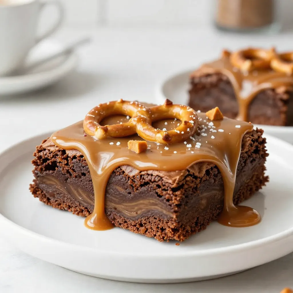 To make these salted caramel pretzel brownies, gather the following items: - 1 cup unsalted butter, melted - 2 cups granulated sugar - 1 cup brown sugar, packed - 4 large eggs - 1 teaspoon vanilla extract - 1 cup all-purpose flour - 1 cup cocoa powder - 1 teaspoon baking powder - ½ teaspoon salt - 1 cup pretzel pieces (plus extra for topping) - 1 cup salted caramel sauce (store-bought or homemade) - Sea salt flakes for garnish If you need to make swaps, here are some ideas: - Use coconut oil instead of butter for a dairy-free option. - Swap granulated sugar with coconut sugar for a lower glycemic index. - For gluten-free brownies, use a gluten-free all-purpose flour blend. - Brands like Ghirardelli are great for cocoa powder. - Look for high-quality caramel sauces like Torani or homemade if you prefer. Measuring your ingredients right is key for great brownies. Here are some tips: - Use a kitchen scale for precise measurements, especially for flour and sugar. - Spoon flour into your measuring cup and level it off with a knife. This avoids packing. - For sticky ingredients like brown sugar, pack it firmly into the cup for accuracy. - When measuring liquids, use a clear liquid measuring cup and check at eye level. {{ingredient_image_2}} Start by preheating your oven to 350°F (175°C). This temperature ensures even baking. Next, take a 9x13 inch baking pan. Grease it well with butter or cooking spray. Then, line the bottom and sides with parchment paper. Leave some extra paper hanging over the sides. This will help you lift out the brownies easily later. In a large mixing bowl, combine 1 cup of melted unsalted butter, 2 cups of granulated sugar, and 1 cup of packed brown sugar. Whisk these until the mix is smooth. It should look glossy. Now, add 4 large eggs, one at a time. Make sure to whisk well after each egg. This helps the batter become fluffy. Stir in 1 teaspoon of vanilla extract until it blends in completely. In another bowl, sift together 1 cup of all-purpose flour, 1 cup of cocoa powder, 1 teaspoon of baking powder, and ½ teaspoon of salt. Gradually fold this dry mix into your wet ingredients. Use a spatula or wooden spoon. Mix just until you see no flour streaks. Be careful not to overmix. This keeps the brownies nice and soft. Now, gently fold in 1 cup of pretzel pieces. Save a handful for later. These add a great crunch and salty flavor! Pour half of the brownie batter into your prepared pan. Use a spatula to spread it out evenly. Now, take half of your salted caramel sauce and drizzle it over the batter. This creates a tasty layer. Next, spread the rest of the brownie batter on top, covering the caramel. Drizzle the remaining caramel sauce over this layer. Use a toothpick or knife to swirl the caramel into the batter. This makes it look fancy! If you saved some pretzel pieces, sprinkle them on top. Add a few flakes of sea salt for extra flavor and texture. Now, place the pan in the oven and bake for 25-30 minutes. To check if they are done, insert a toothpick into the center. It should come out with a few moist crumbs. Once baked, let the brownies cool in the pan. After they cool completely, lift them out using the parchment paper. Cut into squares for serving. To get that perfect brownie texture, focus on mixing. Combine the wet and dry ingredients gently. Overmixing can make them tough. When folding in the flour, stop as soon as you see no dry bits. This keeps your brownies soft and chewy. Also, check your oven's temperature with a thermometer. An accurate temperature ensures even baking. For more flavor, consider adding chocolate chips or nuts. They add richness and texture. You can also try a touch of espresso powder. It boosts the chocolate flavor without tasting like coffee. If you like a hint of spice, add a pinch of cinnamon. This small change can make your brownies stand out. Avoid using cold eggs straight from the fridge. Room-temperature eggs mix better and help create a smoother batter. Don’t skip the parchment paper; it makes removing brownies easier. Lastly, be careful not to overbake. Check your brownies a few minutes early. They should have moist crumbs on the toothpick when done. Pro Tips Use Room Temperature Eggs: Ensure your eggs are at room temperature before adding them to the batter. This helps create a smoother mixture and results in fudgier brownies. Don’t Overmix the Batter: Mix the dry ingredients just until they are incorporated with the wet ingredients. Overmixing can lead to dense brownies instead of the desired fudgy texture. Check for Doneness Carefully: Toothpick testing is key; it should come out with a few moist crumbs. If it’s clean, the brownies may be overbaked. Let Them Cool Completely: Allow the brownies to cool in the pan before lifting them out. This helps them set and makes cutting into squares easier. {{image_4}} You can easily make these brownies gluten-free. Swap the all-purpose flour for a gluten-free flour blend. This blend works well in most recipes. Make sure to check if the blend contains xanthan gum, as this helps with texture. Always confirm that your other ingredients are gluten-free as well. Feel free to get creative with mix-ins. You can add chocolate chips for extra sweetness. Chopped nuts also add a nice crunch. Consider using mini pretzels for a fun twist. You can even add a swirl of peanut butter for a unique flavor. Just make sure not to overmix when you add these extras. To make these brownies vegan, you can substitute butter with coconut oil. Use flax eggs or applesauce in place of the eggs. For flax eggs, mix 1 tablespoon of flaxseed meal with 2.5 tablespoons of water. Let it sit for a few minutes until it thickens. Use plant-based caramel sauce to keep it vegan-friendly. These swaps will keep the taste rich and delicious. To keep your salted caramel pretzel brownies fresh, store them in an airtight container. You can place parchment paper between layers to avoid sticking. Keep them at room temperature for up to three days. If they last longer, refrigerate them. This keeps them moist and full of flavor. You can freeze these brownies for later enjoyment. First, let them cool completely. Then, cut them into squares. Wrap each piece tightly in plastic wrap, then place them in a freezer-safe bag. They can last up to three months in the freezer. When you’re ready to eat, just thaw them at room temperature. Serve your brownies with a drizzle of caramel on top. Add a sprinkle of sea salt for the perfect touch. You can also pair them with ice cream for a delightful dessert. For a fun twist, try serving them warm. This will make the caramel gooey and the brownies extra rich. Enjoy! Yes, you can make these brownies ahead of time. They stay fresh for several days. After baking, let them cool completely. Then, store them in an airtight container. You can also freeze them for up to three months. Just wrap them well in plastic wrap and foil. When ready to eat, thaw them in the fridge overnight. Absolutely! Homemade caramel sauce works great in these brownies. It adds a personal touch and unique flavor. Just make sure your sauce is thick enough to hold its shape when you drizzle it. If it's too runny, it might soak into the brownies. To check if your brownies are done, insert a toothpick into the center. The toothpick should come out with a few moist crumbs. If it comes out wet with batter, they need more time. Bake for 25-30 minutes, but keep an eye on them as ovens can vary. In this blog post, we covered all you need for perfect brownies. We explored ingredients, including substitutes and brands, and shared tips for measuring accurately. I gave clear steps for prep, mixing, and layering flavors. We discussed how to achieve the best texture and avoid common mistakes. Variations like gluten-free and vegan options allow everyone to enjoy brownies. Finally, I shared storage tips for leftovers and answered key FAQs. With this knowledge, you can make delicious brownies every time. Happy baking!