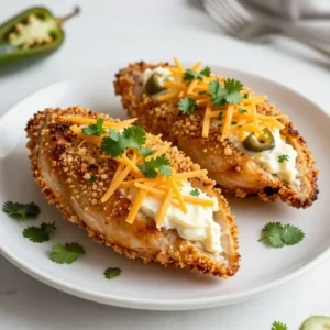 - 4 boneless, skinless chicken breasts - 4 oz cream cheese, softened - 1 cup shredded sharp cheddar cheese - 2 fresh jalape&ntilde;os, seeded and chopped - 1 teaspoon garlic powder - 1 teaspoon onion powder - 1/2 teaspoon smoked paprika - Salt and freshly ground black pepper - 1/2 cup plain breadcrumbs - 2 tablespoons olive oil - Fresh cilantro leaves for garnish (optional) When you gather your ingredients, focus on quality. Fresh jalape&ntilde;os give the best flavor. Choose firm chicken breasts that are free of blemishes. Softened cream cheese mixes easily with cheese and spices. This blend creates a rich filling that is hard to resist. The spices add depth. Garlic powder and onion powder work well together. Smoked paprika gives a warm touch. Salt and pepper enhance all the flavors. These simple ingredients make a big impact. For the breadcrumb coating, plain breadcrumbs are perfect. They give a nice crunch. Drizzling them with olive oil makes them golden. The optional cilantro adds a fresh note. It also brightens the dish's look. This mix of ingredients creates a savory and flavorful meal. Each bite is a burst of creaminess and spice. Whether for a weeknight dinner or a special occasion, this dish shines. {{ingredient_image_2}} - Preheat the oven to 375&deg;F (190&deg;C). - In a bowl, mix cream cheese, cheddar cheese, jalape&ntilde;os, garlic powder, onion powder, smoked paprika, salt, and pepper. Stir until creamy and well combined. - Take each chicken breast and slice a pocket into the thickest side. Avoid cutting all the way through. - Stuff each pocket with the jalape&ntilde;o filling. Use toothpicks if needed to hold the filling inside. - Spread breadcrumbs on a plate. Drizzle olive oil over the breadcrumbs, then mix until coated. - Roll each stuffed chicken breast in the breadcrumb mixture until covered. - Place the chicken on a lined baking sheet. Bake for 25-30 minutes, or until golden brown and cooked through. The chicken should reach an internal temperature of 165&deg;F (75&deg;C). To keep the filling inside the chicken, make a deep pocket. Use a sharp knife to cut the thick side without going all the way through. Spoon the filling in slowly and press gently. If it spills out, don't worry. You can use toothpicks to hold the chicken closed. Just insert them at the edges to keep everything inside. To check chicken doneness, use a meat thermometer. Insert it into the thickest part. The chicken needs to reach 165&deg;F (75&deg;C) for safety. For golden breadcrumbs, coat them evenly with olive oil. This helps them crisp up in the oven. You can also give them a quick spray before baking. Add fresh herbs like cilantro or parsley to the filling for extra flavor. You can also try spices like cumin or chili powder for a twist. For cheese, feel free to swap the cheddar for pepper jack or mozzarella. Each cheese offers a unique taste and texture. Pro Tips Use Fresh Jalape&ntilde;os: For the best flavor and heat, always use fresh jalape&ntilde;os instead of canned ones. They will give your stuffing a vibrant taste and texture. Seal the Chicken: If you&rsquo;re worried about the filling leaking out during baking, secure the chicken pocket with toothpicks or kitchen twine to keep the stuffing intact. Let it Rest: After baking, let the chicken rest for at least 5 minutes before cutting into it. This allows the juices to redistribute, making the chicken more tender and flavorful. Experiment with Cheese: Feel free to mix in different types of cheese, such as pepper jack or mozzarella, for a unique twist on the classic jalape&ntilde;o popper flavor. {{image_4}} You can adjust the heat of your jalape&ntilde;o popper stuffed chicken. If jalape&ntilde;os are too spicy, try using milder peppers, like bell peppers. They still add flavor without too much heat. For those who love a kick, add hotter peppers like serranos or habaneros. Just be careful with the amount you add. Taste as you go to find the right balance. If you need gluten-free options, look for gluten-free breadcrumbs. They work just as well in this recipe. You can also use crushed nuts or corn flakes for a different texture. For dairy-free options, swap cream cheese with vegan cream cheese. Nutritional yeast can add a cheesy flavor without dairy. Experiment to find what works best for you. Pair your stuffed chicken with sides for a full meal. Roasted vegetables or a fresh salad complement the rich flavors. You can also serve it with rice or quinoa for extra heartiness. If you're hosting a party, slice the chicken into smaller pieces. Arrange them on a platter with dips like ranch or salsa. This makes it easy for guests to enjoy. To store leftovers, let the chicken cool first. Then, wrap each piece in plastic wrap or place it in an airtight container. This keeps moisture in and prevents drying. I recommend using glass containers with tight lids. They help keep the chicken fresh and allow you to see what's inside. You can freeze unbaked stuffed chicken for easy meals later. Just wrap each piece tightly in plastic wrap and place it in a freezer bag. Be sure to remove as much air as possible. When you are ready to cook, thaw the chicken overnight in the fridge. To reheat thawed chicken, bake it at 375&deg;F (190&deg;C) for 20-25 minutes. Check that it reaches 165&deg;F (75&deg;C) inside for safety. For food safety, consume the chicken within three to four days when stored in the fridge. You can keep it in the freezer for up to three months. Look for signs of spoilage like an off smell, discoloration, or slimy texture. If you notice any of these, it&rsquo;s best to throw it away. Always trust your senses when it comes to food safety. Yes, you can use frozen chicken breasts. Just remember to thaw them first. It's best to leave them in the fridge overnight. If you&rsquo;re short on time, place them in cold water. This method helps keep the meat safe while it thaws. Once thawed, follow the recipe as usual. If you need a swap for cream cheese, try Greek yogurt or cottage cheese. Both give a nice creaminess. Vegan options include cashew cream or tofu blended until smooth. These alternatives keep your dish tasty and fitting for dietary needs. To check if the chicken is done, use a meat thermometer. The safe internal temperature is 165&deg;F (75&deg;C). Insert the thermometer into the thickest part to get an accurate read. If you don&rsquo;t have one, cut into the chicken. The inside should be white, not pink. These tips ensure your meal is safe and delicious. This recipe combines simple ingredients for a delicious dish. You learned how to stuff chicken with cream cheese, spices, and cheese for a tasty meal. I shared tips on making the filling stay inside and how to achieve golden breadcrumbs. Feel free to adjust spice levels or try different cheese. Store leftovers properly to enjoy later, and always check for doneness before serving. With these steps, you can impress anyone with your cooking skills. Happy cooking!
