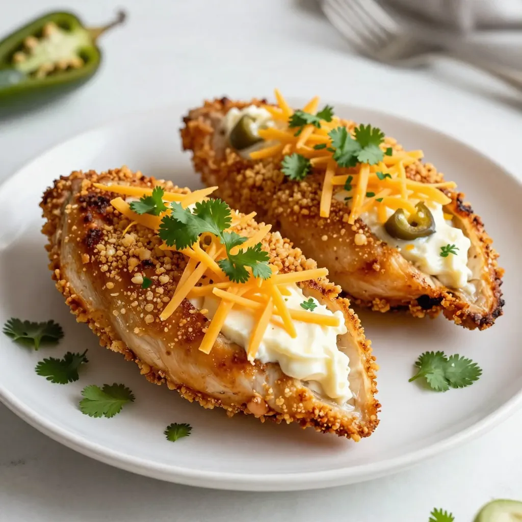 - 4 boneless, skinless chicken breasts - 4 oz cream cheese, softened - 1 cup shredded sharp cheddar cheese - 2 fresh jalapeños, seeded and chopped - 1 teaspoon garlic powder - 1 teaspoon onion powder - 1/2 teaspoon smoked paprika - Salt and freshly ground black pepper - 1/2 cup plain breadcrumbs - 2 tablespoons olive oil - Fresh cilantro leaves for garnish (optional) When you gather your ingredients, focus on quality. Fresh jalapeños give the best flavor. Choose firm chicken breasts that are free of blemishes. Softened cream cheese mixes easily with cheese and spices. This blend creates a rich filling that is hard to resist. The spices add depth. Garlic powder and onion powder work well together. Smoked paprika gives a warm touch. Salt and pepper enhance all the flavors. These simple ingredients make a big impact. For the breadcrumb coating, plain breadcrumbs are perfect. They give a nice crunch. Drizzling them with olive oil makes them golden. The optional cilantro adds a fresh note. It also brightens the dish's look. This mix of ingredients creates a savory and flavorful meal. Each bite is a burst of creaminess and spice. Whether for a weeknight dinner or a special occasion, this dish shines. {{ingredient_image_2}} - Preheat the oven to 375°F (190°C). - In a bowl, mix cream cheese, cheddar cheese, jalapeños, garlic powder, onion powder, smoked paprika, salt, and pepper. Stir until creamy and well combined. - Take each chicken breast and slice a pocket into the thickest side. Avoid cutting all the way through. - Stuff each pocket with the jalapeño filling. Use toothpicks if needed to hold the filling inside. - Spread breadcrumbs on a plate. Drizzle olive oil over the breadcrumbs, then mix until coated. - Roll each stuffed chicken breast in the breadcrumb mixture until covered. - Place the chicken on a lined baking sheet. Bake for 25-30 minutes, or until golden brown and cooked through. The chicken should reach an internal temperature of 165°F (75°C). To keep the filling inside the chicken, make a deep pocket. Use a sharp knife to cut the thick side without going all the way through. Spoon the filling in slowly and press gently. If it spills out, don't worry. You can use toothpicks to hold the chicken closed. Just insert them at the edges to keep everything inside. To check chicken doneness, use a meat thermometer. Insert it into the thickest part. The chicken needs to reach 165°F (75°C) for safety. For golden breadcrumbs, coat them evenly with olive oil. This helps them crisp up in the oven. You can also give them a quick spray before baking. Add fresh herbs like cilantro or parsley to the filling for extra flavor. You can also try spices like cumin or chili powder for a twist. For cheese, feel free to swap the cheddar for pepper jack or mozzarella. Each cheese offers a unique taste and texture. Pro Tips Use Fresh Jalapeños: For the best flavor and heat, always use fresh jalapeños instead of canned ones. They will give your stuffing a vibrant taste and texture. Seal the Chicken: If you’re worried about the filling leaking out during baking, secure the chicken pocket with toothpicks or kitchen twine to keep the stuffing intact. Let it Rest: After baking, let the chicken rest for at least 5 minutes before cutting into it. This allows the juices to redistribute, making the chicken more tender and flavorful. Experiment with Cheese: Feel free to mix in different types of cheese, such as pepper jack or mozzarella, for a unique twist on the classic jalapeño popper flavor. {{image_4}} You can adjust the heat of your jalapeño popper stuffed chicken. If jalapeños are too spicy, try using milder peppers, like bell peppers. They still add flavor without too much heat. For those who love a kick, add hotter peppers like serranos or habaneros. Just be careful with the amount you add. Taste as you go to find the right balance. If you need gluten-free options, look for gluten-free breadcrumbs. They work just as well in this recipe. You can also use crushed nuts or corn flakes for a different texture. For dairy-free options, swap cream cheese with vegan cream cheese. Nutritional yeast can add a cheesy flavor without dairy. Experiment to find what works best for you. Pair your stuffed chicken with sides for a full meal. Roasted vegetables or a fresh salad complement the rich flavors. You can also serve it with rice or quinoa for extra heartiness. If you're hosting a party, slice the chicken into smaller pieces. Arrange them on a platter with dips like ranch or salsa. This makes it easy for guests to enjoy. To store leftovers, let the chicken cool first. Then, wrap each piece in plastic wrap or place it in an airtight container. This keeps moisture in and prevents drying. I recommend using glass containers with tight lids. They help keep the chicken fresh and allow you to see what's inside. You can freeze unbaked stuffed chicken for easy meals later. Just wrap each piece tightly in plastic wrap and place it in a freezer bag. Be sure to remove as much air as possible. When you are ready to cook, thaw the chicken overnight in the fridge. To reheat thawed chicken, bake it at 375°F (190°C) for 20-25 minutes. Check that it reaches 165°F (75°C) inside for safety. For food safety, consume the chicken within three to four days when stored in the fridge. You can keep it in the freezer for up to three months. Look for signs of spoilage like an off smell, discoloration, or slimy texture. If you notice any of these, it’s best to throw it away. Always trust your senses when it comes to food safety. Yes, you can use frozen chicken breasts. Just remember to thaw them first. It's best to leave them in the fridge overnight. If you’re short on time, place them in cold water. This method helps keep the meat safe while it thaws. Once thawed, follow the recipe as usual. If you need a swap for cream cheese, try Greek yogurt or cottage cheese. Both give a nice creaminess. Vegan options include cashew cream or tofu blended until smooth. These alternatives keep your dish tasty and fitting for dietary needs. To check if the chicken is done, use a meat thermometer. The safe internal temperature is 165°F (75°C). Insert the thermometer into the thickest part to get an accurate read. If you don’t have one, cut into the chicken. The inside should be white, not pink. These tips ensure your meal is safe and delicious. This recipe combines simple ingredients for a delicious dish. You learned how to stuff chicken with cream cheese, spices, and cheese for a tasty meal. I shared tips on making the filling stay inside and how to achieve golden breadcrumbs. Feel free to adjust spice levels or try different cheese. Store leftovers properly to enjoy later, and always check for doneness before serving. With these steps, you can impress anyone with your cooking skills. Happy cooking!
