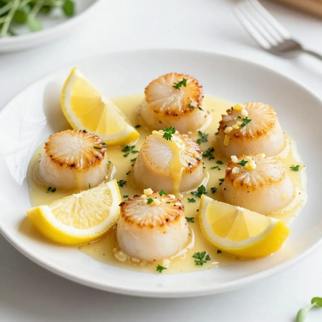 - 1 pound large sea scallops - 4 tablespoons unsalted butter - 3 cloves garlic - Zest and juice of 1 lemon - Fresh parsley - Salt and black pepper I love using fresh ingredients for my Buttery Lemon Garlic Scallops. These scallops are the star of the dish. They need to be large and fresh for the best taste. Next, I use unsalted butter. It gives the scallops a rich, creamy flavor. I divide the butter into parts to use at different times during cooking. Garlic is a must. It adds a savory touch that pairs well with the scallops. I finely mince the garlic to release its flavor. The zest and juice of one lemon are vital. They add brightness and freshness, making the dish pop. I always use fresh lemon for the best taste. Fresh parsley not only looks great but also adds a burst of flavor. I chop it finely before adding it to the dish. Finally, I season with salt and black pepper. These simple ingredients enhance the natural flavors of the scallops. Using quality ingredients is key. They make the dish delicious and enjoyable for everyone. {{ingredient_image_2}} To start, I ensure the scallops are dry. This is very important for a great sear. Use paper towels to pat them dry thoroughly. Next, I season both sides with salt and freshly cracked black pepper. This simple step helps build a nice golden crust. In a large, non-stick skillet, I melt 2 tablespoons of unsalted butter over medium-high heat. I watch closely as it melts, wanting it hot but not browned. Once the butter is ready, I place the scallops in the hot skillet. It's best to lay them in a single layer, making sure they do not touch. I let them sear undisturbed for about 2-3 minutes. This helps them develop a rich golden crust. After 2-3 minutes, I gently flip each scallop with tongs. At this point, I add the minced garlic, lemon zest, and the remaining 2 tablespoons of butter to the pan. I cook for another 2-3 minutes, using a spoon to baste the scallops with the bubbling garlic butter. This step makes the scallops even more flavorful. Just before I take the scallops off the heat, I squeeze fresh lemon juice over them. I also sprinkle the chopped parsley on top. I toss gently in the pan to mix the flavors while keeping the scallops whole. To serve, I transfer the scallops onto plates right away. I drizzle the buttery garlic sauce over the top. For a nice finishing touch, I add more chopped parsley and serve with lemon wedges on the side. To get that golden crust, start by drying your scallops. Wet scallops won’t sear well. Use paper towels to pat them dry before cooking. This step is key for a great texture. Next, focus on pan temperature. Use a large, non-stick skillet and heat it on medium-high. Add butter and wait until it is sizzling but not brown. The right heat helps the scallops sear perfectly. If you don’t have fresh parsley, consider using basil or cilantro. Both add a nice touch to the dish. You could also try chives or thyme for a different flavor. To boost the taste even more, think about adding spices. A pinch of paprika can add warmth. For a kick, try a dash of chili flakes. Pair your scallops with fresh sides. A simple salad with greens and a light vinaigrette works well. Roasted veggies or garlic mashed potatoes are great too. For wine, I suggest a crisp white wine. A Sauvignon Blanc or a Pinot Grigio complements the dish nicely. Enjoy your meal with a refreshing drink! Pro Tips Patience is Key: Allow the scallops to sear undisturbed for the full 2-3 minutes; flipping too early can prevent that perfect golden crust. Temperature Matters: Ensure your skillet is properly heated before adding the scallops; a hot pan is essential for that ideal sear. Fresh Ingredients: Use fresh garlic and lemon juice for the best flavor; their brightness elevates the dish significantly. Basting Technique: Baste the scallops with the garlic butter while cooking; this adds moisture and infuses them with rich flavor. {{image_4}} You can change the flavor of your buttery lemon garlic scallops by adding different spices. Try adding paprika for a smoky touch or chili flakes for some heat. Both spices make the dish pop. You can also explore using different citrus fruits. Lime or orange zest adds a nice twist while keeping that fresh taste. Scallops are versatile and can be served in many ways. One great option is to serve them over pasta. The buttery sauce pairs perfectly with any noodle. You can also add the scallops to a fresh salad. They enhance flavors and add protein, making your salad heartier and more satisfying. If you need gluten-free options, you can still enjoy scallops. Just ensure your pasta or any sides are gluten-free. For those avoiding dairy, you can substitute butter with olive oil or a vegan butter alternative. This keeps the dish rich and flavorful without compromising your dietary needs. Store leftover scallops in an airtight container. This keeps them fresh and prevents any strong odors from other foods. Make sure to cool them to room temperature before sealing. In the fridge, scallops last about 1 to 2 days. The sooner you eat them, the better their taste and texture. To freeze scallops, first, lay them out on a baking sheet in a single layer. This helps them freeze evenly. Cover them with plastic wrap and place them in the freezer for about 1 hour. Once frozen, transfer them to a freezer bag. Remove as much air as possible to avoid freezer burn. They can stay frozen for up to 3 months. To thaw, place the scallops in the fridge overnight. This method is best for keeping their texture. You can also thaw them quickly in cold water for about 30 minutes. Once thawed, cook them right away. Reheat in a pan over medium heat for about 2 minutes per side to maintain their buttery goodness. The ideal cooking time for perfect scallops is about 4 to 6 minutes. You should cook them for 2 to 3 minutes on one side until they turn golden brown. Then, flip them and cook for another 2 to 3 minutes. Scallops cook quickly, so watch them closely. Overcooking makes them tough. Rubbery scallops often come from cooking them too long or using wet scallops. Always pat your scallops dry with paper towels before cooking. This step helps achieve a nice sear. Also, make sure your pan is hot enough before adding the scallops. If they touch each other, they won't sear well. Yes, you can use frozen scallops. However, you need to thaw them first. Place them in the fridge overnight or run them under cold water for about 30 minutes. After thawing, pat them dry like fresh scallops. Cooking times may vary slightly, so check for that golden color and tender texture. You now have all the steps to cook perfect sea scallops. Remember, drying the scallops is key to a nice sear. Season them well and use fresh ingredients for the best flavor. You can also play with herbs and sides to match your taste. Don’t forget to store any leftovers correctly. Cooking scallops can be simple yet fancy. Enjoy impressing your friends and family with this dish!