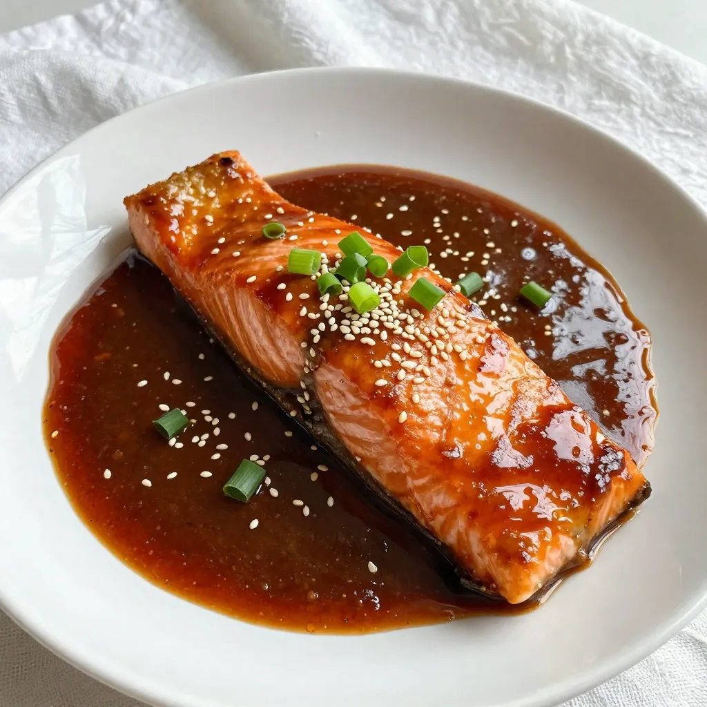 To make Minute Teriyaki Salmon, you need these simple ingredients: - 2 salmon fillets (approximately 6 oz each) - 1/4 cup low-sodium soy sauce - 2 tablespoons honey - 1 tablespoon rice vinegar - 1 tablespoon sesame oil - 2 teaspoons freshly grated ginger - 2 cloves garlic, finely minced - 1 teaspoon cornstarch combined with 1 tablespoon water (optional for thickening) - 1 tablespoon sesame seeds (for garnish) - 2 green onions, finely chopped (for garnish) If you’re missing an ingredient, don’t worry! Here are some swaps you can try: - Use maple syrup instead of honey for a vegan option. - Apple cider vinegar can replace rice vinegar if needed. - If you don’t have fresh ginger, use ground ginger in a pinch. - Any neutral oil works if you don’t have sesame oil. - You can skip cornstarch if you like a thinner sauce. You can use either fresh or frozen salmon for this recipe. Fresh salmon has a great taste and texture. It cooks evenly and looks appealing. Frozen salmon is just as good. It often gets frozen right after being caught, so it stays fresh. Just make sure to thaw it properly before cooking. Both options work well in this recipe. Choose what you can find easily! {{ingredient_image_2}} To start, grab a small bowl. Add 1/4 cup of low-sodium soy sauce. Next, mix in 2 tablespoons of honey. This gives the sauce a sweet touch. Then, add 1 tablespoon of rice vinegar for a tangy kick. Now, pour in 1 tablespoon of sesame oil for a rich flavor. Add 2 teaspoons of freshly grated ginger and 2 cloves of finely minced garlic. These ingredients bring the teriyaki to life. Whisk everything together until smooth. This marinade will coat the salmon and infuse it with taste. Now, take your salmon fillets. Place them in a shallow dish. Pour the teriyaki marinade over the salmon. Make sure each piece is well coated. Cover the dish or wrap it with plastic wrap. Let the salmon marinate for about 10 minutes. This step is key; it soaks up all that yummy flavor. While the salmon marinates, preheat a large non-stick skillet over medium-high heat. After 10 minutes, carefully take the salmon out of the marinade. Keep the marinade; you’ll use it later. Gently place the salmon skin-side down in the hot skillet. Cook it for about 4 minutes. This lets the skin get nice and crispy. Once the skin looks golden, flip the salmon over. Lower the heat to medium. Now pour the reserved marinade on top of the salmon. Cook for another 3 to 4 minutes. Baste the salmon with the sauce while it cooks. If you want a thicker sauce, mix 1 teaspoon of cornstarch with 1 tablespoon of water. Stir this into the pan and simmer for another minute. Check if the salmon is done. It should flake easily with a fork. When ready, take the skillet off the heat. For a beautiful finish, sprinkle sesame seeds and chopped green onions over the salmon. These add color and a fresh crunch. Enjoy your Minute Teriyaki Salmon! To get that crispy salmon skin, start with a hot skillet. Heat your pan over medium-high heat. Once hot, place the salmon skin-side down. Don't move it for about four minutes. This helps the skin become golden and crisp. Using a non-stick or cast-iron skillet works best. Adding a little oil can also help. When ready, flip it carefully to avoid breaking the fillet. Want to boost the flavor of your teriyaki marinade? Try adding a splash of orange juice or a bit of sriracha for heat. You can also mix in some chopped scallions for a fresh taste. If you like it sweet, add more honey. For a deeper flavor, let the marinade sit for 15 minutes before using it on the salmon. This will help all the flavors blend together nicely. Serve your teriyaki salmon with simple sides. Steamed rice is a classic choice. You can also pair it with sautéed vegetables like broccoli or snap peas. For a crunchy texture, add some crunchy slaw. Drizzle extra teriyaki sauce on your meal for added flavor. This makes your plate look colorful and appetizing. Don't forget to sprinkle extra sesame seeds or green onions on top for a nice finish! Pro Tips Use Fresh Salmon: Fresh salmon will provide the best flavor and texture. If possible, choose wild-caught salmon for a richer taste. Marinate Longer for More Flavor: While 10 minutes is sufficient, marinating the salmon for up to 30 minutes can greatly enhance the flavor. Keep an Eye on the Heat: Cooking on medium-high heat will help achieve a crispy skin. Avoid flipping too early to ensure the skin crisps up nicely. Experiment with Vegetables: Add a variety of vegetables to the skillet during the last few minutes of cooking for a complete meal bursting with flavors. {{image_4}} You can use other proteins for a tasty twist. Try chicken breast, shrimp, or tofu. Each protein absorbs flavors well. Adjust cooking times to ensure everything cooks perfectly. Chicken takes longer, while shrimp cooks fast. Tofu is great for a simple, plant-based meal. For a vegetarian option, use vegetables like eggplant or mushrooms. These can soak up the teriyaki sauce well. You can also try firm tofu or tempeh for added protein. Marinate them just like you do with salmon. Cook until they're golden brown and tender. Feel free to play with the marinade! Add orange juice for a citrus twist. You can also use maple syrup instead of honey for a different sweetness. Mixing in some chili flakes can give it a spicy kick. Experiment with ingredients to find your perfect flavor! To keep your leftover teriyaki salmon fresh, let it cool first. Place it in an airtight container. You can store it in the fridge for up to three days. This helps keep the flavors intact and the salmon moist. When reheating teriyaki salmon, I suggest using the stove. Place the salmon in a skillet over low heat. Add a splash of water or extra marinade to keep it juicy. Cover the skillet to trap steam. Heat for about five minutes or until warm. This method keeps the salmon tender and flavorful. If you want to save salmon for later, freezing works well. Wrap each fillet tightly in plastic wrap, then place it in a freezer bag. This helps prevent freezer burn. You can freeze the salmon for up to three months. To thaw, move the salmon to the fridge overnight. For quick thawing, place it in a bowl of cold water for about an hour. This keeps the fish safe and tasty. Yes, you can prepare the teriyaki marinade in advance. Just mix the soy sauce, honey, rice vinegar, sesame oil, ginger, and garlic. Store it in the fridge for up to three days. When ready to cook, marinate the salmon for about 10 minutes. This will save you time on busy days while keeping the flavor fresh. If you lack sesame oil, try using olive oil or avocado oil. Both oils can add richness. You can also use a mix of peanut oil and a little sesame seeds for a similar taste. While it won’t be the same, you will still enjoy a tasty dish! To check if your salmon is done, use a fork to gently flake it. If it flakes easily, it’s ready. The inside should be opaque and slightly pink. Cook it longer if it still looks raw. The cooking time can change based on the thickness of the fillets. Always make sure it’s safe to eat. This blog post covered making Minute Teriyaki Salmon from start to finish. You learned about key ingredients, cooking steps, and helpful tips. We explored delicious variations and smart storage methods. For best results, use fresh ingredients and follow the steps closely. Experiment with flavors to make this dish your own. Enjoy the fun of cooking! You’ll impress everyone with your tasty teriyaki salmon.